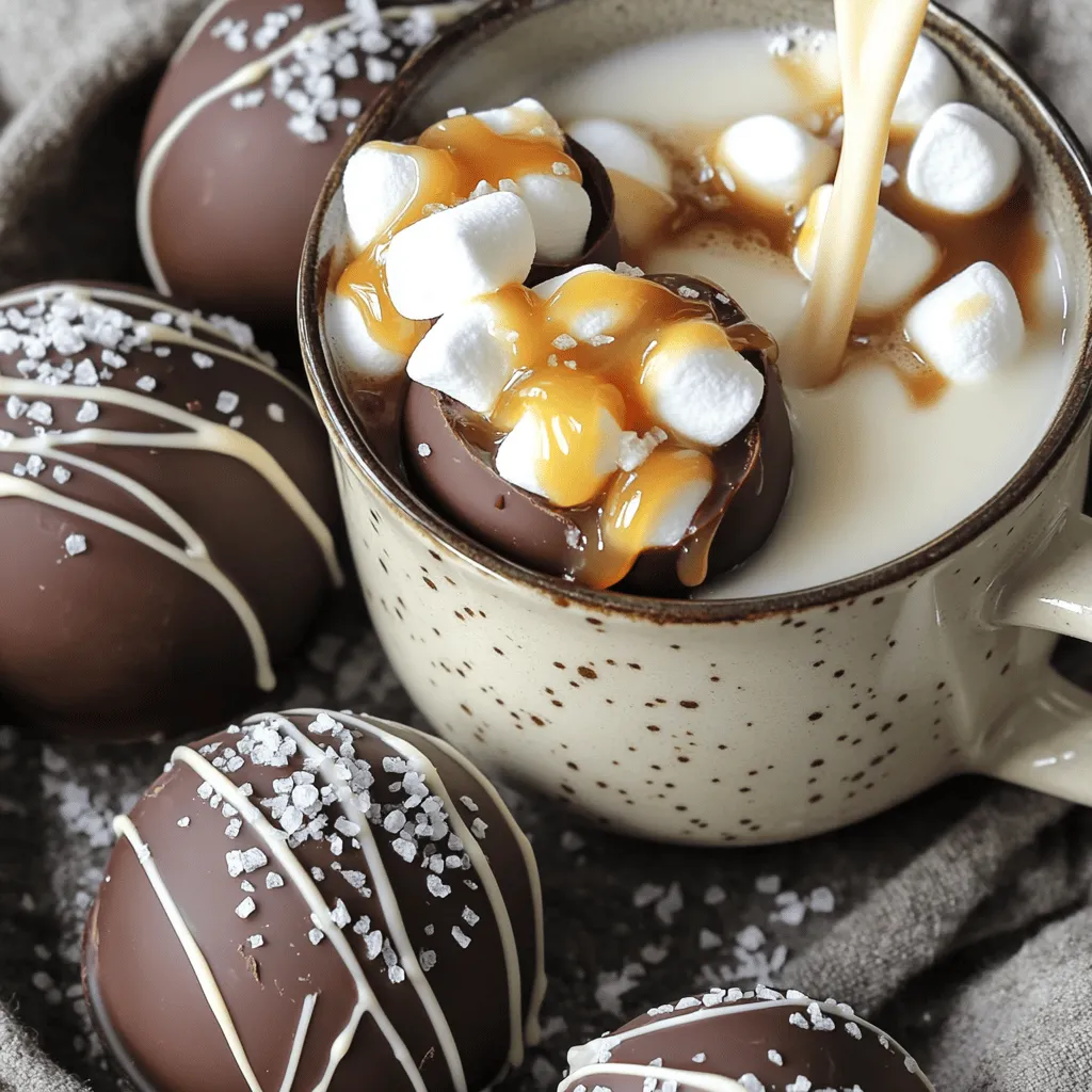 - 1 cup semi-sweet chocolate chips - 1 cup milk chocolate chips - 2 tablespoons cocoa powder - 1 cup mini marshmallows - ½ cup salted caramel sauce Warm Salted Caramel Hot Cocoa Bombs need a few key ingredients. First, you’ll use semi-sweet chocolate chips for the rich base. Milk chocolate chips add sweetness and creaminess. Cocoa powder gives your drink that classic cocoa taste. Mini marshmallows bring fun and fluff. Salted caramel sauce adds a sweet, salty twist that makes this treat special. - Sea salt flakes for garnish - 2 cups hot milk (for serving) To make these cocoa bombs shine, you’ll need sea salt flakes for garnish. They enhance the salted caramel flavor. You’ll also need hot milk for serving. The hot milk helps to melt the cocoa bomb and turn it into a cozy drink. Pour the hot milk over the bomb and watch the magic happen! To start, gather your semi-sweet chocolate chips. Place them in a microwave-safe bowl. Heat them in short bursts. Use 30-second intervals to melt the chocolate. Stir after each interval until the chocolate is smooth. Make sure the chocolate does not burn. If it gets too hot, it will clump. Next, grab your silicone mold. Carefully spoon the melted chocolate into each cavity. Use the back of the spoon to spread the chocolate up the sides. This creates a nice shell. Once filled, place the mold in the fridge for 10-15 minutes. This helps the chocolate set and hold its shape. After the chocolate has set, gently take the shells out of the mold. In a bowl, mix the cocoa powder with sugar if you want it sweeter. Place a heaping teaspoon of this mix in half of the chocolate shells. Add a few mini marshmallows on top, then drizzle with salted caramel sauce. Take the other half of the shells and fill them with more caramel. Now, it's time to seal the bombs. Use any leftover melted chocolate to close the two halves together. Smooth over any seams with your finger or a small spatula. This will keep the filling inside. Place them back in the fridge for another 10 minutes to set completely. To serve, place one cocoa bomb in a mug. Carefully pour 1 cup of hot milk over it. Watch as it melts and reveals the marshmallows and caramel inside. Stir well before drinking. For the final touch, sprinkle a few sea salt flakes on top. This adds a perfect salted caramel flavor. Enjoy this warm treat! When melting chocolate, keep these tips in mind: - Use a microwave-safe bowl to avoid any accidents. - Heat chocolate in 30-second bursts, stirring in between. This helps prevent burning. - Always choose good quality chocolate. It melts better and tastes richer. Make your cocoa bombs unique with these ideas: - Add flavors like peppermint or hazelnut for a twist. - Use white chocolate for a sweeter shell. - For dietary needs, swap regular chocolate with dairy-free options. - Fill your bombs with nut butter or fruit puree for fun surprises. Make your cocoa bombs look great with these tips: - Serve them in clear mugs to show off the melting magic. - Add colorful sprinkles on top for a festive touch. - Use a drizzle of extra caramel sauce to enhance flavor and look. - Pair with a cute spoon for a fun serving suggestion. Enjoy creating your warm salted caramel hot cocoa bombs! {{image_2}} You can easily make dairy-free cocoa bombs. For chocolate, use dairy-free chocolate chips. Brands like Enjoy Life or Hu provide great options. For milk, almond or oat milk works well. This change makes the treat vegan-friendly too. Just ensure the chocolate chips are labeled dairy-free. Want to spice things up? Try adding peppermint or hazelnut flavors. A drop of peppermint extract can bring a fresh twist. You can also add hazelnut spread inside for rich flavor. During holidays, consider seasonal variations. Pumpkin spice or gingerbread can give your bombs a festive flair. If you want smaller treats, mini cocoa bombs are the way to go. Use a smaller silicone mold to create these bite-sized delights. The filling stays the same, but adjust the serving size to one mini bomb per cup. They are perfect for kids or for a sweet snack. To keep cocoa bombs fresh, store them in an airtight container. Place them in a cool, dry area away from sunlight. This helps maintain their shape and flavor. Homemade cocoa bombs last for about two weeks when stored properly. You can freeze cocoa bombs for longer storage. To freeze them, wrap each bomb in plastic wrap. Place the wrapped bombs in a freezer-safe bag or container. They can stay frozen for up to three months. When you’re ready to enjoy, thaw them in the fridge overnight. For the best taste, reheat your milk on the stove or in a microwave. Heat it until it's hot, but not boiling. Keep your chocolate chips and cocoa powder fresh by sealing them tightly. Store them in a cool, dark place, such as a pantry. For best results, use them within six months. Check the expiration dates on your salted caramel sauce, too. Use it within a few months after opening to enjoy its full flavor. Hot cocoa bombs are fun, edible spheres made of chocolate. They contain cocoa mix, marshmallows, and other tasty treats. When you pour hot milk over them, the bombs melt and release a delicious drink. It’s like a magical surprise in your mug! To make sure your cocoa bombs melt well, use hot milk, not boiling water. Heat the milk until it's steaming but not bubbling. Pour it slowly over the cocoa bomb. This way, the hot milk melts the chocolate evenly, giving you a great drink. Yes, you can find pre-made hot cocoa bombs at many stores. Look at local bakeries or specialty shops. Online retailers also sell them. Check places like Amazon or Etsy for fun options. Just read the reviews to find the best ones! You can! Regular chocolate works, but the taste may change. Semi-sweet chocolate gives a rich flavor. If you want a sweeter drink, use milk chocolate. For a darker taste, try bittersweet chocolate. Each option changes the final taste, so pick what you love. To reheat milk, use a small saucepan over low heat. Stir often to avoid burning. You can also use a microwave. Heat in 30-second bursts, stirring in between. Either method warms the milk evenly, perfect for your cocoa bombs! In this post, we explored how to make delicious cocoa bombs. We covered the ingredients, step-by-step instructions, and tips for storage and serving. You learned how to melt chocolate, create attractive shells, and assemble the perfect cocoa bombs. Remember, you can customize your flavors and even try dairy-free options. Enjoy this fun treat, whether it's a cozy night in or a shared dessert. Making cocoa bombs is not just a recipe; it’s an experience to delight in with friends and family.