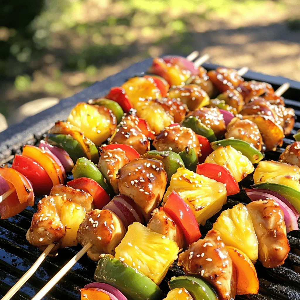 - 1 lb boneless chicken breast, cut into 1-inch cubes - 1 cup fresh pineapple, cut into 1-inch cubes - 1 red bell pepper, cut into 1-inch pieces - 1 green bell pepper, cut into 1-inch pieces - 1 small red onion, cut into wedges - 1/2 cup soy sauce - 1/4 cup honey - 2 tablespoons rice vinegar - 1 tablespoon sesame oil - 1 teaspoon garlic powder - 1 teaspoon ginger powder - Skewers (wooden or metal) - Grill or grill pan - Zip-lock bag or bowl These ingredients make every bite of the teriyaki pineapple chicken skewers burst with flavor. The chicken gives you protein and a nice texture. The pineapple adds sweetness and a juicy bite. Bell peppers bring color to your dish and a mild crunch. The onion adds a sharp taste that balances the sweetness of the pineapple. For the marinade, soy sauce gives a savory umami flavor. Honey sweetens the mix and helps caramelize the skewers. Rice vinegar adds a tangy note that brightens the dish. Sesame oil gives a nutty flavor that rounds out the other tastes. Garlic and ginger powders add warmth and depth. To prepare the skewers, you'll need either wooden or metal skewers. If you choose wooden ones, soak them in water for 15 minutes. This step prevents burning on the grill. A grill or grill pan will help achieve those beautiful grill marks and smoky flavor. A zip-lock bag or bowl is needed to marinate the chicken easily. Gather these ingredients and tools, and you’re ready to create a savory grilled delight! - In a medium bowl, whisk together: - 1/2 cup soy sauce - 1/4 cup honey - 2 tablespoons rice vinegar - 1 tablespoon sesame oil - 1 teaspoon garlic powder - 1 teaspoon ginger powder This makes a sweet and savory teriyaki marinade. - Next, take 1 pound of boneless chicken breast, cut it into 1-inch cubes. Place the chicken in a large zip-lock bag or bowl. Pour half of the teriyaki marinade over the chicken. Seal the bag or cover the bowl and let it marinate in the fridge for at least 30 minutes. For more flavor, you can let it marinate for up to 2 hours. - If you are using wooden skewers, soak them in water for at least 15 minutes. This step helps prevent burning on the grill. - Now, it’s time to assemble the skewers. Take the marinated chicken out of the fridge. Thread the chicken cubes, fresh pineapple (cut into 1-inch pieces), red and green bell peppers, and red onion onto the skewers. Alternate the chicken and vegetables for a colorful look. - Preheat your grill or grill pan over medium-high heat. - Place the assembled skewers on the grill. Brush the remaining teriyaki marinade over the skewers. Season with salt and pepper to taste. - Grill the skewers for about 10-12 minutes. Turn them occasionally. The chicken should be cooked through and have nice grill marks. Make sure the internal temperature reaches 165°F (75°C). - Once done, remove the skewers from the grill. Let them rest for a couple of minutes before serving. Enjoy these tasty teriyaki pineapple chicken skewers warm! To make the perfect teriyaki marinade, focus on balancing sweetness and saltiness. You can adjust the honey and soy sauce levels to suit your taste. If you want a sweeter sauce, add more honey. For a saltier flavor, increase the soy sauce. You can also explore alternative marinades. Try a citrus-based marinade with orange juice or lime zest. This adds a fresh twist to your skewers. The best grill temperature for these skewers is medium-high. This ensures that the chicken cooks through without burning. Preheat your grill well to get those nice grill marks. Avoid common grilling mistakes. Don’t flip the skewers too often; let them develop a good sear. Also, ensure your grill grates are clean to prevent sticking. For garnishes, sprinkle sesame seeds or chopped green onions on top of your skewers. These add color and texture. You can also serve them with a drizzle of leftover teriyaki sauce for extra flavor. Pair your skewers with side dishes like steamed rice or a fresh salad. These will complement the sweet and savory taste of the chicken and pineapple. {{image_2}} You can change the protein if you want. Try shrimp or tofu for a twist. Both options work well with the teriyaki flavor. For shrimp, use large ones and marinate them like the chicken. If you choose tofu, press it first to remove excess water. Switching up the veggies is easy too. Try using zucchini, mushrooms, or cherry tomatoes. These will add different textures and tastes. You can mix and match your favorite veggies for a fun meal. Not everyone has a grill, and that’s okay! You can bake these skewers in the oven. Preheat your oven to 400°F (200°C). Place the skewers on a baking sheet and bake for 15 to 20 minutes. Flip them halfway for even cooking. If you're short on time, try air frying. Set your air fryer to 375°F (190°C) and cook for 10 to 12 minutes. This method gives you a nice crispy outside without using much oil. Want a sweet kick? Add some chili flakes or sriracha to the marinade. This spice will balance the sweetness of the honey. You can also mix in some chopped fresh ginger or garlic for extra flavor. For more depth, consider adding a splash of orange juice or pineapple juice to the marinade. This will enhance the fruity notes and make it more vibrant. Try different combinations to find your perfect flavor! To keep your teriyaki pineapple chicken skewers fresh, store them properly. - Refrigeration guidelines: Place leftovers in an airtight container. They can last for up to three days in the fridge. - Freezing instructions: If you want to store them longer, freeze the skewers. Wrap them in plastic wrap and place them in a freezer bag. They last for about two months. When you're ready to enjoy your leftovers, reheating is key. - Best methods to reheat: Use an oven or a grill. Preheat the oven to 350°F (175°C). Heat the skewers for about 10 minutes. If using a grill, heat for about 5 minutes. - Tips for maintaining flavor: Brush with a little teriyaki sauce while reheating. This adds moisture and flavor back to the chicken. Knowing how long ingredients last helps you avoid waste. - How long ingredients last: Fresh chicken lasts 1-2 days in the fridge. Pineapple can stay fresh for about 3-5 days when cut. - Signs of spoilage: Look for a sour smell or slimy texture. If the chicken or pineapple seems off, it's best to toss it. You can use shrimp, beef, or tofu. Shrimp cooks fast and adds a nice taste. Beef gives a rich flavor, and tofu makes it plant-based. Just cut your protein into 1-inch cubes, like the chicken. Yes, you can grill skewers in the oven. Use the broiler setting for a similar char. Place the skewers on a baking sheet and cook for about 10 minutes. Turn them halfway for even cooking. Chicken is done when it reaches 165°F (75°C) inside. Use a meat thermometer for best results. The meat should no longer be pink. You can also cut into a piece to check. Yes, you can make the marinade ahead. Store it in the fridge for up to 3 days. This makes meal prep easy. Just add the chicken when you are ready to cook. Serve with rice, grilled veggies, or a fresh salad. Rice absorbs the teriyaki sauce well. Grilled veggies add more color and nutrients. A salad adds crunch and freshness to your meal. In this post, we explored making chicken teriyaki skewers. We covered the main ingredients like chicken, pineapple, and bell peppers, and shared tips for a great marinade. You learned the best tools for grilling and how to prepare your skewers. Remember to keep experimenting with flavors and cooking methods to suit your taste. In the end, enjoy your delicious meal and the fun of grilling. Happy cooking!