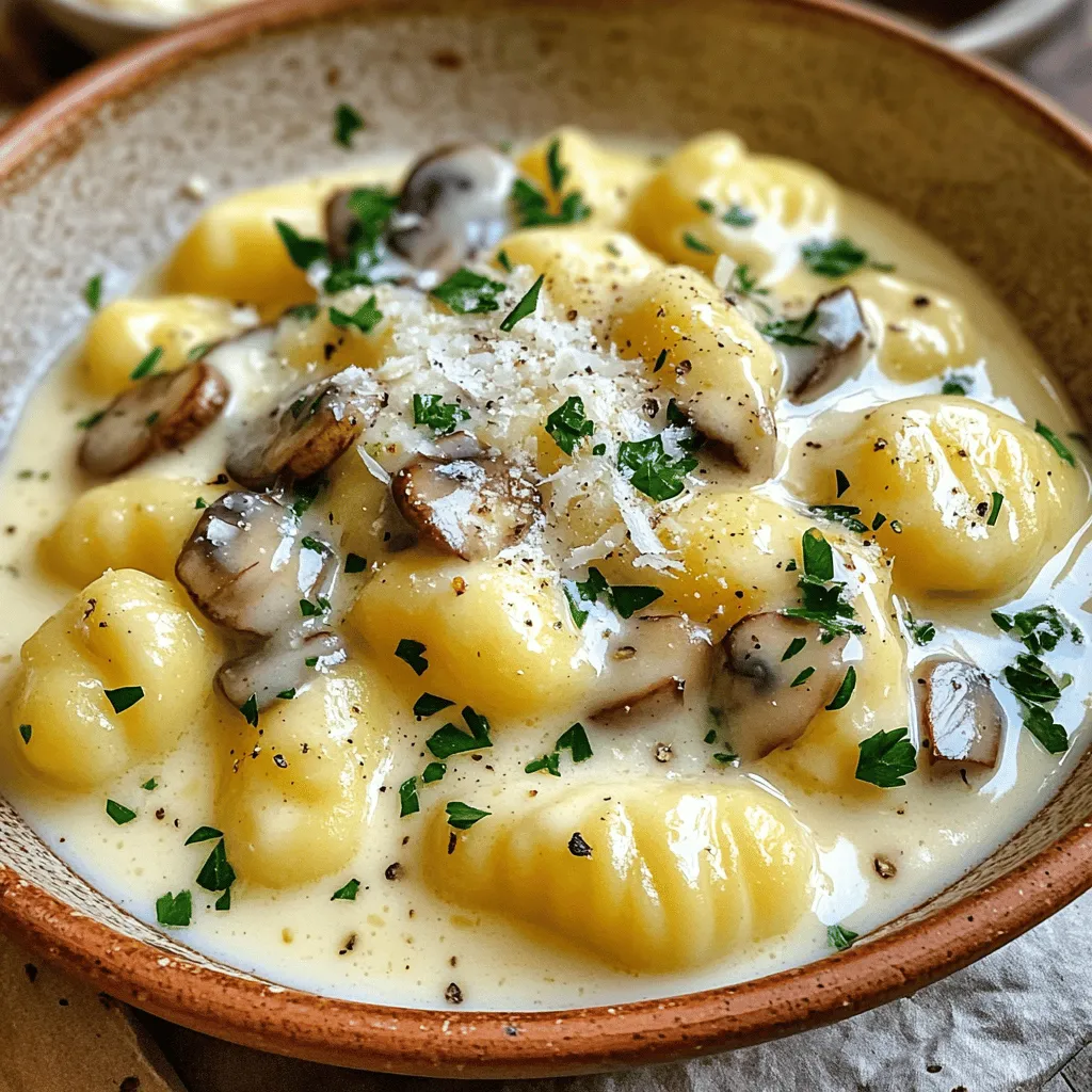 - 1 pound potato gnocchi - 2 cups mushrooms, sliced (any variety) - 4 cloves garlic, minced - 1 cup heavy cream - 1 cup vegetable broth - 1 tablespoon olive oil - 1 teaspoon dried thyme - Salt and pepper to taste - 1/2 cup grated Parmesan cheese - Fresh parsley, chopped (for garnish) Each ingredient plays a key role. The gnocchi gives a soft base. The mushrooms add depth and flavor. Garlic brings a warm aroma. Heavy cream makes the dish rich and smooth. Vegetable broth adds liquid and enhances taste. Olive oil helps in cooking. Thyme adds a hint of earthiness. Salt and pepper balance all the flavors. Parmesan cheese provides a salty bite. Finally, parsley adds freshness. This creamy dish serves four people. Each serving offers about: - Calories: 540 - Protein: 16g - Carbohydrates: 62g - Fat: 26g - Fiber: 2g This dish is filling and rich. It provides energy and comfort with each bite. Enjoy it as a main dish or share it with family. You can swap ingredients based on your taste or what you have. Here are some ideas: - Use cauliflower gnocchi for a lighter option. - Any mushroom variety works. Try shiitake or cremini for different flavors. - Swap heavy cream with coconut milk for a dairy-free dish. - Vegetable broth can change to chicken broth for added richness. - Use fresh herbs like basil or oregano instead of dried thyme. - Parmesan can be replaced with nutritional yeast for a vegan option. These swaps keep the dish delicious while fitting dietary needs. Adjust and make it your own! Start by gathering all your ingredients. You will need: - 1 pound potato gnocchi - 2 cups sliced mushrooms - 4 cloves minced garlic - 1 cup heavy cream - 1 cup vegetable broth - 1 tablespoon olive oil - 1 teaspoon dried thyme - Salt and pepper - 1/2 cup grated Parmesan cheese - Fresh parsley for garnish Make sure to slice the mushrooms thinly. This helps them cook evenly. Mince the garlic finely for a strong flavor. Heat the olive oil in a large skillet over medium heat. Once hot, add the sliced mushrooms. Sauté them for 5-7 minutes. You want them to turn golden brown. This step releases their moisture and enhances their taste. Now, stir in the minced garlic. Cook for about a minute. You will smell the garlic's great aroma. Next, add the gnocchi, vegetable broth, and dried thyme. Stir everything together. Bring the mixture to a simmer. Cook for 3-4 minutes. This helps the gnocchi soak up all the flavors and become soft. Reduce heat to low. Pour in the heavy cream while stirring gently. Let it simmer for another 2-3 minutes. The sauce should thicken nicely. Add the grated Parmesan cheese to the skillet. Sprinkle in salt and pepper to taste. Cook for one more minute. This helps the cheese melt into the sauce. Remove the skillet from heat. Garnish with freshly chopped parsley before serving. For presentation, serve the gnocchi in shallow bowls. Drizzle with extra cream sauce and sprinkle more Parmesan. This adds color and makes it look fancy! To achieve a creamy texture, use heavy cream. It blends well and adds richness. You can also add a splash of pasta water to help the sauce. This water contains starch that thickens the sauce. Stir the cream in slowly over low heat. This lets it mix without boiling. Mushrooms need space to cook evenly. Avoid crowding the pan. This helps them brown nicely. Start cooking on medium heat and stir often. This allows moisture to escape quickly. For added flavor, season with salt while cooking. This enhances their taste. If your sauce is too thin, let it simmer longer. The heat will help it thicken. If it’s too thick, add a bit of vegetable broth or water. Taste your dish often to adjust salt and pepper. This ensures the flavors are just right. {{image_2}} You can easily add proteins to this dish. Cooked chicken works well and adds heartiness. Just slice it into bite-sized pieces and stir it in with the gnocchi. Bacon is another great choice. Cook it crispy, then crumble it over the top for added crunch. You can also use ground turkey or sausage. Just brown the meat before adding the mushrooms. This will give your dish extra flavor. If you want to keep it vegetarian, consider adding more veggies. Spinach or kale adds color and nutrition. Just stir them in during the last few minutes of cooking. You could also add zucchini or bell peppers. Sauté these with the mushrooms for a tasty mix. For extra protein, toss in some cooked lentils. They blend well and give a nice texture. Herbs can change the taste of this dish. Try fresh basil or oregano for a different flavor. Add them just before serving to keep their taste bright. You could also switch up the sauces. Instead of heavy cream, use a light cream or yogurt for a tangy twist. For a kick, add a dash of red pepper flakes while cooking. This gives your dish a nice heat without overpowering it. To store leftovers, let the gnocchi cool to room temperature. Then, place it in an airtight container. Make sure to keep the lid tightly closed. Store it in the fridge for up to three days. This helps keep the flavors fresh and the texture nice. When you are ready to reheat, take the gnocchi out of the fridge. You can use a skillet or the microwave. If using a skillet, add a splash of vegetable broth or cream. Heat it over medium-low heat for about five minutes. Stir often to prevent sticking. In the microwave, place it in a bowl and cover it. Heat in short bursts, stirring in between, until warmed through. If you want to freeze the gnocchi, do so before adding the cream. Place the cooled gnocchi and mushrooms in a freezer-safe bag. Be sure to remove as much air as possible. You can freeze it for up to three months. When ready to eat, thaw it overnight in the fridge. After thawing, cook it on the stove with cream to finish. Yes, you can use frozen gnocchi. It cooks well right from the freezer. Just add it to the skillet after the mushrooms and garlic. Cook it for a few extra minutes. Frozen gnocchi may take about 5-7 minutes to become tender. This makes it easy and quick for busy nights. If you need a substitute for heavy cream, try using half-and-half or whole milk. You can also mix milk with a bit of butter to make it richer. For a dairy-free option, use coconut cream or cashew cream. These swaps will still give your dish a nice, creamy texture. This dish lasts about 3-4 days in the fridge. Store it in an airtight container. When you reheat it, add a splash of broth or cream to restore creaminess. Avoid keeping it longer to ensure freshness and flavor. This blog covered all you need to know about making gnocchi. We explored the key ingredients, knew about nutrition, and discussed swaps. Step-by-step, I shared how to prep, cook, and serve. You learned tips for creamy textures and how to avoid mistakes. Variations let you add proteins, go vegetarian, or change flavors. Lastly, we talked about storage and reheating tricks. Try these ideas and enjoy your gnocchi journey!