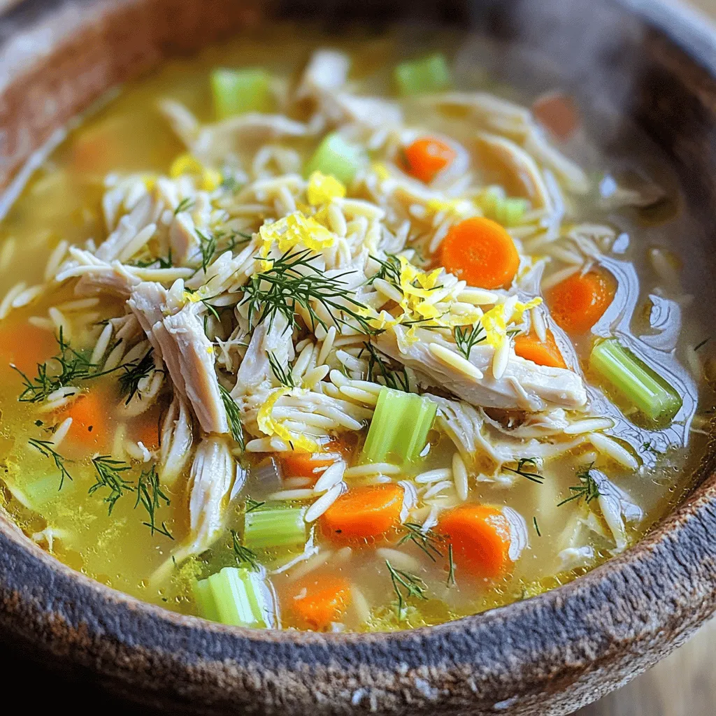 - 1 lb boneless, skinless chicken breasts - 6 cups chicken broth - 1 cup uncooked orzo pasta - 2 large carrots, diced - 2 celery stalks, diced - 1 medium onion, chopped - 3 cloves garlic, minced In this soup, chicken is the star. I love using boneless and skinless breasts. They cook fast and stay moist. Chicken broth gives a rich base. The orzo pasta adds a nice texture. Carrots and celery bring color and crunch. Onions and garlic boost the flavor. - 1/4 cup fresh lemon juice (about 2 lemons) - 1 tablespoon lemon zest - 2 large eggs - Salt and pepper to taste - 2 tablespoons olive oil - Fresh dill or parsley for garnish Lemon juice and zest brighten the soup. They give a zesty kick. Eggs help create a creamy texture. Salt and pepper enhance all the flavors. Olive oil adds a smooth finish. Fresh dill or parsley makes it pretty and fresh. - Additional vegetables - Spices You can add more veggies like spinach or peas. They boost the nutrition. Spices like paprika or cumin can add warmth and depth. Feel free to get creative! To start, heat 2 tablespoons of olive oil in a large pot over medium heat. This helps to bring out the flavors. Next, add 1 medium chopped onion, 2 diced carrots, and 2 diced celery stalks. Sauté these for about 5-7 minutes until they soften. The smell will be amazing! Once the veggies are soft, add 3 minced garlic cloves. Cook for another 1-2 minutes. This adds a nice garlic flavor. Now, pour in 6 cups of chicken broth and bring it to a simmer. After that, add 1 pound of boneless, skinless chicken breasts and 1 cup of uncooked orzo pasta. Cook for 15-20 minutes. The chicken should be cooked through, and the orzo will be tender. When the chicken is cooked, take it out of the pot. Let it cool for a few minutes, then shred it into bite-sized pieces. This makes it easy to eat. Return the shredded chicken to the pot and stir. In a bowl, whisk together 2 large eggs, 1/4 cup of fresh lemon juice, and 1 tablespoon of lemon zest. To prevent the eggs from curdling, gradually mix in a cup of hot broth from the soup. Once this is combined, slowly whisk the egg mixture back into the soup pot. Heat the soup through for about 3-5 minutes. Do not let it boil! Finally, season with salt and pepper to taste. Ladle the soup into bowls and garnish with fresh dill or parsley. This adds a bright touch to your delicious soup. To get the best flavor, timing is key. Start by sautéing the onions, carrots, and celery first. This helps build a strong base. Add garlic next for a fragrant boost. Don’t rush to add the lemon juice. Wait until the end to keep it bright and fresh. Balancing the lemon flavor can be tricky. Use fresh lemon juice and zest for the best taste. Start with less juice than you think. You can always add more later. This way, you control the tanginess. To avoid curdling the eggs, whisk them with lemon juice and zest first. Then, slowly mix in hot broth. This step warms the eggs gently. If you add them too fast, they can scramble. Be patient and keep stirring. For shredding chicken, let it cool a bit. This makes it easier to handle. Use two forks to pull apart the meat. You can also use your hands if you prefer. Just make sure it’s cool enough to touch. Adjust the heat level by adding red pepper flakes. Start with a pinch, then taste. You can add more if you like it spicier. To change the texture, try adding more orzo. It will make the soup thicker. If you want a lighter feel, add more broth. You can also blend part of the soup for a creamier version. {{image_2}} You can make Greek lemon chicken soup vegetarian by swapping the chicken for chickpeas or tofu. Use vegetable broth instead of chicken broth. This still gives you a rich flavor. For the grains, try quinoa or barley instead of orzo. These options add protein and fiber, making the soup hearty and filling. Different Greek islands have their own versions of this soup. Some add more herbs or spices like saffron or oregano. You might even find versions that use seafood. For a health-focused twist, you can reduce the pasta and add more vegetables like spinach or zucchini. This keeps the soup light yet satisfying. Pair this soup with warm, crusty bread for a comforting meal. You can also serve it with a fresh salad for a balanced dish. Adding a dollop of yogurt or a sprinkle of feta cheese on top enhances the flavor. These simple touches make the soup even more delicious and inviting. To keep your Greek lemon chicken soup fresh, store it right. First, let the soup cool to room temperature. Then, pour it into an airtight container. Refrigerate it if you plan to eat it within a few days. Here are some handy tips: - Use a container with a tight seal to prevent spills. - Label the container with the date. This way, you know when you made it. If you want to save it for later, freezing is a great option. Just follow these steps: - Portion the soup into freezer bags or containers. - Leave some space at the top for expansion as it freezes. - Seal tightly and label with the date. Reheating soup can be simple and quick. The best methods include: - Stovetop: Pour the soup into a pot. Heat it over medium heat until hot. Stir often to keep it even. - Microwave: Use a microwave-safe bowl. Cover it loosely to avoid splatter. Heat in short bursts, stirring in between. To keep the flavor and texture, avoid boiling the soup. Heat it just until hot. This maintains its taste and prevents the eggs from curdling. How long can you keep leftovers? If stored in the fridge, enjoy your soup within 3 to 4 days. If frozen, it can last up to 3 months. Look for these signs of spoilage: - Off smell or sour odor - Change in color or texture - Mold or unusual spots If you notice any of these, it’s best to toss the soup. Keeping your soup fresh ensures you enjoy every bite! You can use rice or quinoa instead of orzo pasta. Both work well in this soup. For gluten-free diets, use gluten-free pasta or even small beans like lentils. They add protein and texture, making your soup hearty and healthy. Yes, you can make this soup ahead of time. Just store it in the fridge for up to three days. When you reheat it, add a little broth to avoid drying out. If you plan to freeze it, leave out the eggs. They can change texture when frozen. To boost nutrition, add legumes like chickpeas or beans. You can also mix in grains like farro or barley. These add fiber and make the soup more filling. Adding more vegetables, like spinach or kale, also enhances the health benefits. In this blog post, I covered the key ingredients for Greek lemon chicken soup, including chicken, vegetables, broth, and pasta. I explained how to prepare and cook the soup, focusing on tips to balance flavors and customize it. You learned ways to store and reheat leftovers successfully. This soup is simple to make and offers endless variations. It’s versatile and packed with flavor. Enjoy trying your own twists on this classic dish!