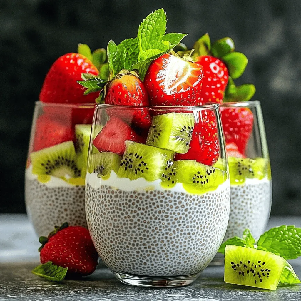 - 1 cup almond milk (or any plant-based milk) - 1/4 cup chia seeds - 2 tablespoons maple syrup (or honey) - 1 teaspoon vanilla extract - 1/2 cup fresh strawberries, diced - 1/2 cup fresh kiwi, peeled and diced - Fresh mint leaves for garnish You can easily swap almond milk for other plant-based milks. Soy, oat, or coconut milk work well. If you prefer not to use maple syrup, honey is a great sweet option. For a different flavor, try agave nectar. You can also change the fruits. Blueberries or bananas can replace strawberries or kiwi. This strawberry kiwi chia pudding is packed with nutrients. Each serving has about 180 calories. It includes healthy fats, fiber, and protein from chia seeds. The almond milk adds calcium and vitamin D. Fresh fruits provide vitamins and antioxidants. This dish is a good choice for a healthy snack or breakfast. Enjoy it guilt-free! To start, gather your ingredients. You need: - 1 cup almond milk (or any plant-based milk) - 1/4 cup chia seeds - 2 tablespoons maple syrup (or honey) - 1 teaspoon vanilla extract In a medium bowl, whisk together the almond milk, chia seeds, maple syrup, and vanilla. Make sure it mixes well. Next, cover the bowl with plastic wrap. Place it in the fridge for at least 4 hours or overnight. This gives the chia seeds time to swell and thicken the pudding. Once your chia pudding is ready, stir it well. This breaks up any clumps. Now, grab some clear serving glasses. Start by adding half of the chia pudding to each glass. Next, add a layer of diced strawberries, followed by diced kiwi. Repeat with the remaining chia pudding. Top off with more strawberries and kiwi. This creates a beautiful, colorful treat! For a lovely finish, add fresh mint leaves on top. This adds a pop of color and a hint of flavor. You can also try using a small squeeze of lime juice for extra zest. This dessert not only looks great but tastes fresh and vibrant! Enjoy your Strawberry Kiwi Chia Pudding! To get the best texture for your chia pudding, let it sit. After mixing the ingredients, cover the bowl and place it in the fridge for at least four hours. Overnight chilling works best. This time allows the chia seeds to soak up the liquid and thicken. When you stir it later, break up any clumps. A smooth and creamy pudding is your goal. Chia seeds are small but mighty. They can absorb up to ten times their weight in liquid. Use a good ratio of seeds to liquid. For every cup of liquid, use 1/4 cup of chia seeds. This ratio ensures a perfect pudding. Always whisk seeds into the milk right away. This prevents clumping and ensures even distribution. While strawberry and kiwi are great, you can add more flavors. Try mixing in a pinch of cinnamon or nutmeg for warmth. A splash of lemon juice can brighten the taste. If you like it sweeter, adjust the maple syrup. Feel free to experiment with different fresh fruits too. Each new fruit can change the taste and look of your pudding! {{image_2}} You can swap out strawberries and kiwi for other fruits. Try mango for a tropical twist. Blueberries add a nice color and taste too. Peaches bring sweetness and juiciness. Bananas can also work well, adding creaminess. You can mix and match fruits based on your taste. Almond milk is a favorite, but other milks work great too. Coconut milk gives a rich flavor. Oat milk is another good choice, adding creaminess. You can even use soy milk for extra protein. Each milk adds its own unique taste to the pudding. Maple syrup is sweet, but honey is a great option too. Agave nectar offers a lighter sweetness. You can also use stevia for a no-calorie choice. Adjust the amount based on how sweet you like it. This gives you control over the taste and health benefits. I love serving my strawberry kiwi chia pudding chilled. It feels refreshing, especially on warm days. The coolness enhances the fruity flavors. You can store it in the fridge for up to five days. If you prefer it at room temperature, let it sit for about 20 minutes before serving. But I think chilled is best! One fun way to serve this pudding is as a parfait. Start with a layer of chia pudding at the bottom of a clear glass. Then, add a layer of diced strawberries and kiwi. Repeat the layers until you reach the top. Finish with a sprinkle of mint leaves. This looks pretty and tastes amazing! This chia pudding pairs well with many breakfast dishes. You can enjoy it with whole-grain toast or oatmeal. Add some nuts or yogurt for extra protein. It’s also great alongside smoothies. This makes your breakfast colorful and full of flavor. Chia pudding lasts about 5 days in the fridge. After that, it may lose texture and flavor. To keep it fresh, store it in an airtight container. Check for any signs of spoilage before eating. Yes, you can make this pudding in advance. It is perfect for meal prep. Just make it the night before and let it chill overnight. This gives the chia seeds time to soak up the liquid and thicken. Chia pudding is very healthy. It is high in fiber, protein, and omega-3 fatty acids. These nutrients help with digestion and keep you full. The fresh fruit adds vitamins and natural sweetness. It's a great choice for breakfast or a snack. You can adjust the sweetness easily. If you like it sweeter, add more maple syrup or honey. Start with a small amount and taste as you go. If it's too sweet, add more almond milk to balance it out. This article covered how to make chia pudding, from ingredients to serving ideas. You learned about the main ingredients, possible substitutions, and nutritional facts. The step-by-step guide showed how to prepare the pudding and layer it with fruit. I shared tips for great texture and flavor. You also discovered fun variations and creative serving ideas. Chia pudding is simple and healthy. You can customize it to fit your taste. Enjoy experimenting with different flavors and toppings!