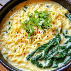 To make the One-Pot Garlic Parmesan Ramen, you need some simple ingredients. Here’s what you’ll need: - 2 packs of instant ramen noodles (discard seasoning packets) - 4 cups vegetable broth - 4 cloves garlic, minced - 1 tablespoon olive oil - 1 cup grated Parmesan cheese - 1 teaspoon black pepper - 1 teaspoon red chili flakes (optional) - 2 green onions, sliced - 1 cup baby spinach These ingredients come together to create a creamy and flavorful dish. The instant ramen noodles are quick to cook. The vegetable broth adds rich flavor. Minced garlic gives a nice aroma and taste. Olive oil helps sauté the garlic. Grated Parmesan cheese makes the dish creamy and savory. Black pepper and red chili flakes add a kick. Green onions bring freshness, while baby spinach adds color and nutrients. Gather these items for a fast meal that warms your belly. This dish is great for a busy weeknight or a cozy weekend. Each ingredient plays a role in making this ramen special. Now, let’s get cooking! - Heating Olive Oil Start by heating one tablespoon of olive oil in a large pot over medium heat. You want the oil warm, not smoking. This step is key for flavor. - Sautéing Garlic Next, add four minced cloves of garlic to the pot. Sauté the garlic for about one minute. Watch closely; you don’t want it to burn. It should smell fragrant and delicious. - Adding Vegetable Broth Pour in four cups of vegetable broth. This gives your ramen a rich base. Bring the broth to a gentle simmer. - Cooking Noodles Once simmering, add two packs of instant ramen noodles. Discard the seasoning packets. Cook the noodles according to the package instructions, usually two to three minutes. Stir occasionally for even cooking. - Incorporating Parmesan Cheese After the noodles are cooked, lower the heat. Stir in one cup of grated Parmesan cheese. Watch it melt and create a creamy sauce. This is where the magic happens! - Adding Spinach and Seasoning Now, fold in one cup of baby spinach. Let it wilt for about one minute. Finally, add one teaspoon of black pepper and salt to taste. You can also add red chili flakes for heat if you like. Serve the ramen hot, topped with sliced green onions. Enjoy your creamy, flavorful meal! Timing for Sautéing Garlic Sauté the garlic in olive oil for about one minute. You want it fragrant, not burnt. Keep an eye on it. Burnt garlic tastes bitter, which can ruin your dish. Adjusting Spice Levels If you like heat, add red chili flakes. Start with a small amount and taste. You can always add more, but it’s hard to take it out. Balance the heat with the creamy sauce for the best flavor. Tips for Melting Parmesan Add the grated Parmesan cheese when the heat is low. This helps it melt well without clumping. Stir until it blends into the broth. You want a smooth, creamy sauce. Use of Additional Ingredients If you want extra creaminess, try adding a splash of heavy cream. This makes the ramen even richer. You could also mix in a little cream cheese for a new twist. Garnishes to Enhance Flavor Garnish your ramen with sliced green onions. They add color and a fresh taste. You can also sprinkle extra Parmesan on top for a cheesy touch. Pairing Options Serve your ramen with a side salad or some crispy bread. This adds texture and makes the meal more filling. A light drink, like sparkling water, pairs well too. {{image_2}} You can add protein to your ramen for extra flavor and nutrition. Here are two great options: - Chicken or Tofu Options: Cooked chicken adds a nice touch. It brings a savory flavor. If you prefer plant-based options, tofu works well too. Just cube it and add it when you stir in the cheese. It will soak up all the good flavors. - Egg Variation: A soft-boiled egg is a classic addition. Just boil an egg for about six minutes. Once done, peel and slice it in half. Place it on top of your ramen for a creamy finish. Adding veggies makes your ramen colorful and healthy. Here are some ideas: - Recommended Seasonal Vegetables: You can add seasonal veggies like broccoli, bell peppers, or carrots. Just chop them up and add them when you cook the noodles. They will cook quickly and add great texture. - Substituting Spinach: If you don't have spinach, use kale or bok choy instead. They provide similar nutrients and flavors. Add them in the last minute of cooking, so they stay bright and fresh. Want to change the taste? Here are some fun ways to modify your ramen: - Different Cheeses: While Parmesan is classic, you can try other cheeses. Cheddar or feta can add unique flavors. Just make sure they melt well into the broth. - Additional Herbs and Spices: Fresh herbs like basil or cilantro can brighten your dish. You can also add spices like cumin or garlic powder for extra depth. Just sprinkle them in as you mix in the cheese. To keep your One-Pot Garlic Parmesan Ramen fresh, store leftovers in an airtight container. Make sure to let the ramen cool before sealing it. This helps prevent moisture build-up. You can keep it in the fridge for up to three days. If you want to enjoy it later, it’s best to avoid adding the spinach until you heat it up again. Best Methods for Reheating When reheating, the stove is the best choice. Pour the ramen into a pot and add a splash of vegetable broth. Heat it on low until warm, stirring often. You can also use the microwave, but stir halfway for even heating. Ensuring Creaminess To keep the creamy texture, add a bit more grated Parmesan cheese while reheating. This will bring back that rich taste and smoothness. If it gets too thick, just add a little broth or water to loosen it up. Can You Freeze Ramen? Yes, you can freeze ramen. However, it’s best to freeze the broth and noodles separately. This keeps textures nice when thawed. If you freeze it all together, the noodles may turn mushy. How to Reheat Frozen Ramen To reheat frozen ramen, first, thaw it in the fridge overnight. Then, heat the broth in a pot until steaming. Add the thawed noodles and stir gently until warm. Re-add any extra cheese for that creamy goodness! You can use instant ramen noodles for this recipe. They cook quickly and are easy to find. Fresh ramen is another option, but it takes longer to prepare. If using fresh noodles, check the cooking time on the package. Instant noodles work great and give you a creamy, tasty dish in no time. Yes, you can make this recipe vegetarian or vegan with a few swaps. Use vegetable broth instead of chicken broth. For a vegan option, skip the Parmesan cheese or use a vegan cheese substitute. Nutritional yeast is a great choice for a cheesy flavor without dairy. It adds a nice touch while keeping the dish plant-based. You can store leftovers in the fridge for up to three days. Make sure to keep them in an airtight container. If you want to enjoy it later, you can freeze the ramen too. However, the texture may change when you thaw it. For the best taste, eat it within three days. This blog post covered a tasty and easy way to make ramen. You learned about the essential ingredients, step-by-step cooking instructions, and tips for great flavor. We explored variations you can try and how to store any leftovers. In the end, ramen is versatile, and you can make it your way. Remember, cooking is all about having fun and experimenting. Enjoy your delicious bowl of ramen!