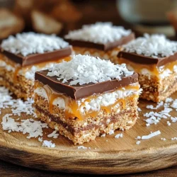- 1 ½ cups crushed graham crackers - 1 cup shredded sweetened coconut - ½ cup unsweetened cocoa powder - ½ cup creamy peanut butter - ⅓ cup honey or maple syrup - ½ teaspoon vanilla extract - 1 cup chocolate chips - ¼ cup caramel sauce - Sea salt for sprinkling When it comes to measurements, I use precise amounts for success. If you want, you can swap honey with maple syrup for a vegan option. You can also use almond butter instead of peanut butter if you have nut allergies. For gluten-free bars, make sure to use gluten-free graham crackers. Adjust the cocoa powder based on how chocolatey you want your bars. Always choose high-quality ingredients for the best flavor. Look for unsweetened cocoa powder that is rich and dark. Fresh, sweetened coconut adds a chewy texture, making each bite delightful. Use natural peanut butter without added sugars or oils for a clean taste. Lastly, select good chocolate chips for melting. They should be smooth and creamy when melted. This will give your bars a decadent finish. Start by gathering your ingredients. You will need crushed graham crackers, shredded coconut, cocoa powder, peanut butter, honey or maple syrup, and vanilla extract. In a large bowl, mix the graham crackers, coconut, and cocoa powder. Make sure it’s well combined. Next, warm the peanut butter and honey in a microwave-safe bowl. Heat for about 30 seconds. Stir in the vanilla extract after it’s smooth. Pour this mix into the dry ingredients. Stir until it sticks together but is not too wet. Line an 8-inch square baking dish with parchment paper. Leave some paper hanging over the sides for easy removal later. Take your cookie mixture and press it firmly into the bottom of the dish. Use the back of a measuring cup to pack it down evenly. This step is key for a solid base. Make sure there are no gaps or air pockets. A well-pressed layer will make the bars hold together nicely. Now, let’s melt the chocolate. Use a small microwave-safe bowl for this. Heat the chocolate chips in 20-second intervals. Stir every time until it’s smooth. Once melted, pour the chocolate over the pressed cookie layer. Spread it evenly with a spatula. After that, drizzle caramel sauce over the top. To finish, sprinkle a pinch of sea salt. This adds a tasty contrast to the sweet flavors. Refrigerate the bars for at least one hour to set. When firm, lift the bars out using the parchment paper and cut them into squares or bars. Enjoy your delicious creation! - Use fresh coconut for the best flavor. - Crush graham crackers into fine crumbs. This helps them bind well. - Warm peanut butter slightly for easy mixing. - Press the mixture firmly into your dish. This ensures a solid base. - Don’t skip the refrigeration step. It helps the bars set properly. - Avoid using too much cocoa powder. It can overpower the flavors. - Don’t rush the melting of chocolate. Stir slowly to get a smooth finish. - The mixture should feel slightly sticky but not wet. - If too dry, add a bit more peanut butter or honey. - For a softer texture, let the bars chill less time. If you want them firmer, chill longer. {{image_2}} You can switch up the flavors in these bars easily. Try different nut butters like almond or cashew. Each nut butter gives a unique taste. You can also use flavored coconut flakes. Toasted coconut adds a nice crunch. For a chocolate lover's dream, mix in chocolate chips or chunks. You can even add a pinch of cinnamon for warmth. These bars can fit many diets. For a vegan version, swap the honey for maple syrup. Use a plant-based nut butter to keep it vegan. To make them gluten-free, choose gluten-free graham crackers. Many brands offer great options. Always check labels to ensure they meet your needs. These bars shine on their own but pair nicely with drinks. Serve them with a glass of almond milk or coconut milk. For coffee lovers, a strong cup of coffee balances the sweetness. You can also add fresh fruit for a bright touch. Try strawberries or raspberries on the side. If you want a rich treat, serve with a scoop of vanilla ice cream on top. To keep your No-Bake Samoa Cookie Bars fresh, store them in an airtight container. Place parchment paper between layers to avoid sticking. This way, the bars stay intact and tasty. You can also wrap them tightly in plastic wrap. Always keep them in a cool place, like your fridge. These cookie bars last about a week in the fridge. If you need them to last longer, freeze them. Cut the bars into squares before freezing. Place them in a freezer-safe bag or container. They can last up to three months in the freezer. When ready to eat, simply thaw them in the fridge overnight. No need to reheat these bars since they taste great cold. If they feel a bit hard from the fridge, let them sit at room temp for a few minutes. This will help soften them up. Enjoy these sweet treats as a cool snack anytime! Yes, you can use different nut butters. Almond butter or cashew butter works well. Just make sure it is creamy. The flavor might change a bit, but it will still be tasty. No-Bake Samoa Cookie Bars last about one week in the fridge. Make sure to store them in an airtight container. You can also freeze them for up to three months. Just wrap them well before freezing. You can use agave syrup or brown rice syrup as a substitute. Both will add sweetness and work great in this recipe. If you want a sugar-free option, consider using a sugar substitute made for baking. This blog post covers all you need to know to make No-Bake Samoa Cookie Bars. We discussed ingredient choices, the precise steps for making them, and tips for success. You learned how to play with flavors and adjust for diets, ensuring everyone can enjoy these treats. By storing them right, you can keep them fresh for longer. Embrace these ideas, and you’ll make cookie bars that impress everyone. Enjoy creating tasty treats that are fun and easy!