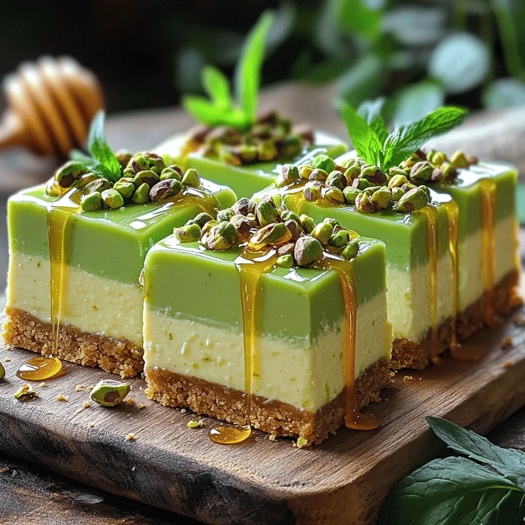 To make these delightful pistachio cheesecake bars, you need the following items: - 1 ½ cups shelled pistachios - 1 cup graham cracker crumbs - ½ cup unsalted butter - 2 cups cream cheese - 1 cup powdered sugar - 1 teaspoon vanilla extract - 1 cup whipped cream - ¼ cup chopped fresh mint (optional) Each ingredient plays an important role. The pistachios give a rich, nutty flavor. The graham cracker crumbs create a tasty crust. Unsalted butter helps bind the crust together. Cream cheese offers a creamy texture, while powdered sugar adds sweetness. Vanilla extract brings warmth and flavor to the filling. Whipped cream adds lightness, making each bite airy and smooth. Mint is optional, but it adds a fresh touch. When you gather your ingredients, make sure they are fresh. This will make your cheesecake bars taste even better. Enjoy the process, and feel free to get creative with your choices! Start by pulsing the shelled pistachios in a food processor. You want them finely ground, like sand. Next, mix the ground pistachios with graham cracker crumbs in a bowl. Pour in the melted butter and stir until it looks like wet sand. Now, take this mixture and press it firmly into a 9x9 inch baking dish. Make sure it is even and compact. Then, place the dish in the refrigerator for about 15 minutes. This helps the crust set nicely. In a large bowl, beat the softened cream cheese with powdered sugar. Keep mixing until it’s smooth and creamy. Add the vanilla extract and blend it in well. This will give the filling a nice flavor. Now, gently fold in the whipped cream. This step is key for keeping the mixture light and fluffy. Be careful not to deflate the cream as you mix. Next, pour the cheesecake filling over the chilled crust. Use a spatula to spread it evenly across the crust. This helps ensure each bite is creamy and delicious. Finally, cover the dish with plastic wrap. Place it back in the refrigerator and let it chill for at least 4 hours. You want the cheesecake to be firm enough to slice easily. To make a great crust, you want it firm and even. Start by grinding the pistachios well. This helps them mix better with the graham cracker crumbs. After mixing with the melted butter, press it down hard in the baking dish. Use the back of a measuring cup to get it smooth. Chill it for at least 15 minutes. This step helps the crust hold its shape. For a smooth filling, beat the cream cheese and sugar together until creamy. Make sure the cream cheese is soft. This helps it mix well. When you add the whipped cream, fold it in gently. This keeps the filling light and airy. Avoid stirring too hard, or you’ll lose that fluffiness. When it’s time to serve, think about how you present the bars. Cut them into neat squares and place them on a pretty platter. For a special touch, drizzle honey or chocolate sauce on top. This adds flavor and makes the bars look fancy. You can also sprinkle some chopped pistachios for extra crunch. If you want a fresh taste, add some mint leaves as a garnish. This makes your dessert pop! {{image_2}} You can add fun flavors to your pistachio cheesecake bars. Here are a few ideas: - Extracts: Try almond or coconut extract for a new twist. Just use a teaspoon, so the taste stays balanced. - Nuts and Toppings: Mix in chopped walnuts or hazelnuts for crunch. You can also top with chocolate chips or a drizzle of caramel. These small changes can make your bars unique and fun! The crust is important for the taste and texture of your bars. Here are some alternatives: - Different Cookies: Instead of graham crackers, use vanilla wafers or chocolate cookies. Each option gives a new flavor. - Gluten-Free Options: If you need gluten-free, choose gluten-free graham crackers. You can also use ground almonds or oats for a tasty base. Using different bases can change the whole vibe of your dessert! To keep your pistachio cheesecake bars fresh, store them in an airtight container. This helps prevent drying out and keeps them tasting great. You can also cover the dish tightly with plastic wrap. Make sure the bars are fully chilled before you store them. This helps them maintain their shape. If you want to freeze these cheesecake bars, cut them into portions first. Wrap each piece in plastic wrap, then place them in a freezer-safe bag. This method keeps them from sticking together. To thaw, place the bars in the fridge for a few hours or overnight. Enjoy them cool for a refreshing treat! Yes, you can use roasted pistachios. Roasted nuts add a deeper flavor. Just ensure they're unsalted. You want to keep the taste balanced in your cheesecake bars. These cheesecake bars last about five days in the fridge. Store them in an airtight container. This keeps them fresh and tasty for a longer time. Yes, you can make this recipe dairy-free. Use dairy-free cream cheese and whipped topping. There are many great options in stores now that taste amazing. You can use cashew cream or dairy-free cream cheese. Both options create a creamy texture. They also keep the cheesecake bars smooth and delicious. You can! Feel free to use flavored whipped toppings. Try coconut or vanilla flavors for a fun twist. Just remember to keep the balance of flavors right in your cheesecake bars. This blog post covered how to make delicious pistachio cheesecake bars. We shared a list of key ingredients, from shelled pistachios to whipped cream. You learned step-by-step instructions to prepare the crust and filling. Tips for serving and variations let you add your spin. In closing, these cheesecake bars are simple to make and fun to enjoy. Whether for a party or just a treat, they’re sure to impress. Try them out and see how easily you can create a tasty dessert!
