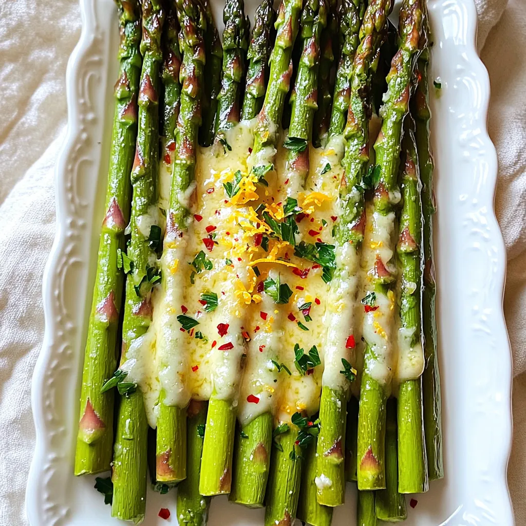 To make this dish, you need some simple and fresh ingredients. Here’s what you’ll need: - 1 pound asparagus, trimmed - 2 tablespoons olive oil - 1 teaspoon garlic powder - Zest of 1 lemon - 1/4 cup grated Parmesan cheese - 1 teaspoon lemon juice - Salt and pepper to taste These ingredients come together to create bright and savory flavors. The asparagus adds a nice crunch, while the Parmesan gives a rich taste. Want to spice things up? You can add a few optional ingredients. Consider using: - 1/4 teaspoon red pepper flakes (optional) This hint of heat amplifies the zest of lemon and the saltiness of cheese. It’s an easy way to change the flavor. Garnishes can make your dish look fancy and inviting. Here’s a suggestion: - Fresh parsley, chopped Sprinkling fresh parsley adds a pop of color and a fresh taste. It makes your dish more appealing and fun to eat. Now, you’re ready to create a vibrant and tasty Sheet Pan Lemon Parmesan Asparagus! Start by preheating your oven to 425°F (220°C). This step is key for crispy asparagus. Next, take 1 pound of trimmed asparagus and place it in a large bowl. Add 2 tablespoons of olive oil, 1 teaspoon of garlic powder, the zest of 1 lemon, salt, and pepper. If you like a little heat, add 1/4 teaspoon of red pepper flakes. Toss everything together until the asparagus gets a nice coat of all the flavors. Now, lay the asparagus in a single layer on a sheet pan. This helps it cook evenly. Sprinkle 1/4 cup of grated Parmesan cheese over the asparagus. The cheese will melt and give a great flavor. Place the sheet pan in the oven. Bake for 10 to 12 minutes. You want the asparagus tender and the cheese golden. Once the baking time is up, take the pan out of the oven. Drizzle 1 teaspoon of lemon juice over the hot asparagus for a fresh taste. For a nice finish, sprinkle some fresh chopped parsley on top. Serve the asparagus on a platter. Drizzle any extra lemon juice over the top. You can also add more Parmesan for a fancy touch. Enjoy your vibrant, lemony dish! To get perfectly cooked asparagus, start with fresh, bright green spears. Look for asparagus with tight tips and firm stalks. If the asparagus is limp, it won’t taste good. Trim about an inch off the ends. This helps remove the tough part. Spread the asparagus in one layer on the sheet pan to cook evenly. Keep an eye on it while baking. You want it tender, not mushy. Bake for 10-12 minutes, and check for that bright green color. You can boost the flavor of your asparagus in simple ways. Adding garlic powder brings a nice touch. The zest from the lemon adds brightness. If you like heat, sprinkle some red pepper flakes. The Parmesan cheese gives a rich taste that pairs well with the lemon. After baking, drizzle fresh lemon juice for a zesty finish. Fresh parsley adds a pop of color and freshness. Mix and match these flavors to fit your taste. Using the right tools helps you make this dish easily. A large bowl is great for mixing the asparagus and oil. A sheet pan is essential for even cooking. Use parchment paper for easy cleanup. A microplane or zester works well for getting lemon zest. A good spatula helps you toss the asparagus without breaking it. Lastly, an oven mitt is a must when taking the pan out of the oven. These tools help you create a tasty dish with less mess. {{image_2}} You can easily swap asparagus for other veggies. Broccoli, green beans, or zucchini work well. They all roast nicely with lemon and cheese. Just cut them into even pieces to cook evenly. Adjust the baking time as needed. For instance, zucchini cooks faster, so check it sooner. While Parmesan shines in this recipe, you can try other cheeses too. Feta adds a nice tangy kick. Cheddar gives a rich, creamy taste. For a sharp bite, use Asiago. Experiment and find your favorite cheese. Just remember to keep the amount similar to Parmesan. For a vegan version, skip the cheese or use a vegan alternative. Nutritional yeast adds a cheesy flavor without dairy. Use gluten-free soy sauce instead of regular soy sauce if you want extra flavor. This makes the dish safe for those with gluten issues. Enjoy your meal without worry! After enjoying your sheet pan lemon Parmesan asparagus, store any leftovers properly. Allow the asparagus to cool to room temperature. Place it in an airtight container. This step helps keep the flavor fresh. Store it in the fridge for up to three days. If you want to keep it longer, consider freezing. When you are ready to eat the leftovers, reheating is key. Preheat your oven to 350°F (175°C). Spread the asparagus on a baking sheet. Warm it for about 10 minutes. This method helps retain the crispiness. You can also use a microwave, but it may become soft. Heat it for 30 seconds and check. If it needs more time, heat in short bursts. If you want to freeze the asparagus, start by blanching it. Boil water, add asparagus for 2 minutes, then cool in ice water. After cooling, drain and dry. Place it in a freezer-safe bag. Remove as much air as you can before sealing. This way, it lasts up to three months. When you're ready, thaw in the fridge overnight before reheating. You can tell asparagus is cooked when it is bright green and tender. It should bend easily without breaking. The tips will look vibrant and slightly crisp. A quick taste test helps too! If it feels soft but still holds its shape, it’s ready. For best results, aim for 10 to 12 minutes of baking. Yes, you can prep this dish ahead of time. Trim the asparagus and mix it with oil and spices. Keep it in the fridge for up to 24 hours. Bake it just before serving to keep it fresh. This way, you save time and still enjoy a tasty dish. Lemon Parmesan asparagus goes well with many dishes. Try serving it with grilled chicken or salmon. It also matches nicely with quinoa or rice. A light salad can add freshness too. For a hearty meal, serve it alongside pasta or a creamy risotto. This post detailed the key ingredients and steps for making sheet pan lemon Parmesan asparagus. You learned about optional flavors and how to present the dish beautifully. I shared tips to achieve perfectly cooked asparagus and ideas for variations. Storing leftovers and reheating methods were also covered. This dish is simple yet full of flavor. Enjoy trying new twists on this tasty recipe!