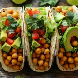To make Air Fryer Crispy Chickpea Tacos, gather these simple ingredients: - 1 can (15 oz) chickpeas, drained and rinsed - 1 tablespoon olive oil - 1 teaspoon chili powder - 1 teaspoon cumin - 1/2 teaspoon garlic powder - 1/2 teaspoon smoked paprika - Salt and pepper to taste - 8 small corn tortillas - 1 cup shredded lettuce - 1 cup diced tomatoes - 1 avocado, sliced - Lime wedges, for serving - Fresh cilantro, for garnish If you need substitutes, here are some ideas: - Use any beans, like black or pinto, instead of chickpeas. - Swap olive oil for avocado oil for a different flavor. - Try smoked salt if you don't have smoked paprika. - For gluten-free options, use corn or gluten-free tortillas. Fresh toppings make these tacos even better. I suggest: - Chopped red onion for a nice bite. - Sliced jalapeños for heat. - Fresh corn for sweetness. - A dollop of sour cream or yogurt for creaminess. - A sprinkle of feta or cotija cheese for added flavor. These ingredients and options make your chickpea tacos fun and tasty! First, preheat your air fryer to 400°F (200°C). In a bowl, add one can of chickpeas. Make sure they are drained and rinsed. Next, pour in one tablespoon of olive oil. Add one teaspoon of chili powder and one teaspoon of cumin. Then, sprinkle in half a teaspoon of garlic powder and half a teaspoon of smoked paprika. Season with salt and pepper to your taste. Toss everything well. You want the chickpeas coated evenly with the spices. Now, place the seasoned chickpeas in the air fryer basket. Make sure they are in a single layer for even cooking. Cook them for 15 to 18 minutes. Shake the basket halfway through to help them crisp up. You’ll know they are ready when they turn crispy and golden brown. While the chickpeas cook, warm the corn tortillas. Use a dry skillet over medium heat. Heat for about 30 seconds on each side. Alternatively, wrap the tortillas in aluminum foil. You can heat them in the oven for a few minutes if you prefer. Once the chickpeas are done, take a tortilla and add a good amount of chickpeas. Top with shredded lettuce, diced tomatoes, and avocado slices. Finish by garnishing with fresh cilantro and serve with lime wedges. This adds a nice, zesty touch to your tacos! To make your chickpeas extra crispy, start by drying them well after rinsing. Use a clean towel to pat them dry. This helps remove moisture. The air fryer loves dry chickpeas. When you coat them with olive oil and spices, make sure they are evenly coated. Place them in a single layer in the air fryer basket. This allows the hot air to circulate around each chickpea, making them crispy. Shake the basket halfway through cooking for even crispiness. For a flavor boost, try adding more spices. You can mix in smoked paprika or add a pinch of cayenne for heat. Fresh herbs like cilantro can also brighten the dish. Squeeze fresh lime juice over the tacos just before you eat. This simple step enhances the flavors and adds brightness to every bite. Consider adding a dollop of sour cream or a drizzle of hot sauce for extra zing. These tacos are great as a quick meal. Serve them with a side of rice or a fresh salad for a full meal. You can also add toppings like diced onions, sliced jalapeños, or crumbled feta cheese. Feel free to get creative! Arrange the tacos on a platter for sharing. This makes them perfect for parties or casual get-togethers. Remember, the more colorful your toppings, the more inviting your tacos will look! {{image_2}} You can easily make these tacos vegan. Instead of using dairy toppings, try cashew cream. Blend soaked cashews with water, lime juice, and a pinch of salt. For a cheesy touch, use nutritional yeast. It adds flavor and keeps the dish plant-based. Feel free to mix up the spices. Try taco seasoning for a classic taste. Curry powder can give a fun twist. For heat, add cayenne or chipotle powder. Each blend can bring new life to your tacos. Experiment and find your favorite combination. These tacos pair well with many sides. Serve them with a fresh corn salad for crunch. Black bean soup can add warmth and flavor. Try a side of guacamole for extra creaminess. You can also serve rice or quinoa for a filling meal. To store leftover tacos, separate the filling from the tortillas. Place crispy chickpeas in an airtight container. Keep warm tortillas in a different container. Store both in the fridge. They will stay fresh for up to three days. You can also add extra toppings later, like diced tomatoes or avocado. To reheat chickpeas, use your air fryer. Set it to 400°F (200°C). Place the chickpeas in the basket and heat for about 5 minutes. This keeps them crispy. You can also use a skillet on medium heat. Stir occasionally for even warming. Avoid using the microwave, as it can make chickpeas soggy. For long-term storage, freeze the chickpeas. Let them cool completely after cooking. Place them in a freezer bag, removing as much air as possible. They can last up to three months in the freezer. When ready to use, thaw them overnight in the fridge before reheating. Enjoy the same great flavor later! Yes, you can use dried chickpeas. First, soak them overnight. Then, cook them until soft. This will take longer than using canned chickpeas. Canned chickpeas are pre-cooked, making them quicker to use. The best temperature for cooking chickpeas is 400°F (200°C). This heat makes them crispy and golden. It also cooks them evenly. Make sure to shake the basket halfway through for best results. Yes, these tacos can be gluten-free. Use corn tortillas instead of flour tortillas. Always check the labels to ensure no gluten is present. This way, everyone can enjoy these tasty tacos. To add spice, use more chili powder or cayenne pepper. You can also add sliced jalapeños or a hot sauce. Mixing in some diced chipotle peppers will give your tacos a smoky heat. Enjoy experimenting! In this post, we explored tasty chickpea tacos. We covered key ingredients, cooking steps, and handy tips. With the right spices and toppings, you can customize your dish. Don't forget about storage and reheating methods for leftovers. Overall, these tacos are easy, fun to make, and delicious. They fit various diets and can bring excitement to your table. Now, grab your ingredients and start cooking a meal your family will love!