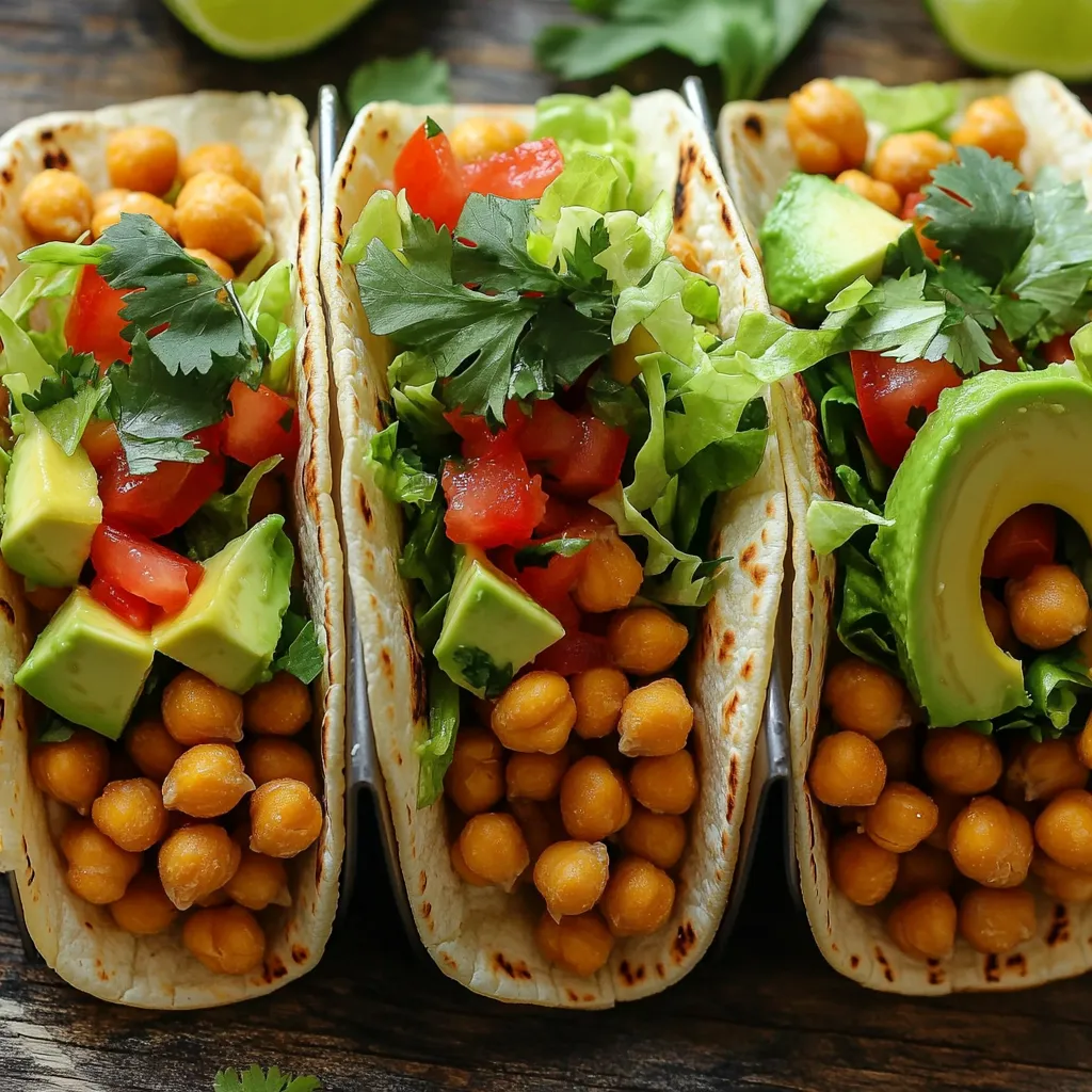 To make Air Fryer Crispy Chickpea Tacos, gather these simple ingredients: - 1 can (15 oz) chickpeas, drained and rinsed - 1 tablespoon olive oil - 1 teaspoon chili powder - 1 teaspoon cumin - 1/2 teaspoon garlic powder - 1/2 teaspoon smoked paprika - Salt and pepper to taste - 8 small corn tortillas - 1 cup shredded lettuce - 1 cup diced tomatoes - 1 avocado, sliced - Lime wedges, for serving - Fresh cilantro, for garnish If you need substitutes, here are some ideas: - Use any beans, like black or pinto, instead of chickpeas. - Swap olive oil for avocado oil for a different flavor. - Try smoked salt if you don't have smoked paprika. - For gluten-free options, use corn or gluten-free tortillas. Fresh toppings make these tacos even better. I suggest: - Chopped red onion for a nice bite. - Sliced jalapeños for heat. - Fresh corn for sweetness. - A dollop of sour cream or yogurt for creaminess. - A sprinkle of feta or cotija cheese for added flavor. These ingredients and options make your chickpea tacos fun and tasty! First, preheat your air fryer to 400°F (200°C). In a bowl, add one can of chickpeas. Make sure they are drained and rinsed. Next, pour in one tablespoon of olive oil. Add one teaspoon of chili powder and one teaspoon of cumin. Then, sprinkle in half a teaspoon of garlic powder and half a teaspoon of smoked paprika. Season with salt and pepper to your taste. Toss everything well. You want the chickpeas coated evenly with the spices. Now, place the seasoned chickpeas in the air fryer basket. Make sure they are in a single layer for even cooking. Cook them for 15 to 18 minutes. Shake the basket halfway through to help them crisp up. You’ll know they are ready when they turn crispy and golden brown. While the chickpeas cook, warm the corn tortillas. Use a dry skillet over medium heat. Heat for about 30 seconds on each side. Alternatively, wrap the tortillas in aluminum foil. You can heat them in the oven for a few minutes if you prefer. Once the chickpeas are done, take a tortilla and add a good amount of chickpeas. Top with shredded lettuce, diced tomatoes, and avocado slices. Finish by garnishing with fresh cilantro and serve with lime wedges. This adds a nice, zesty touch to your tacos! To make your chickpeas extra crispy, start by drying them well after rinsing. Use a clean towel to pat them dry. This helps remove moisture. The air fryer loves dry chickpeas. When you coat them with olive oil and spices, make sure they are evenly coated. Place them in a single layer in the air fryer basket. This allows the hot air to circulate around each chickpea, making them crispy. Shake the basket halfway through cooking for even crispiness. For a flavor boost, try adding more spices. You can mix in smoked paprika or add a pinch of cayenne for heat. Fresh herbs like cilantro can also brighten the dish. Squeeze fresh lime juice over the tacos just before you eat. This simple step enhances the flavors and adds brightness to every bite. Consider adding a dollop of sour cream or a drizzle of hot sauce for extra zing. These tacos are great as a quick meal. Serve them with a side of rice or a fresh salad for a full meal. You can also add toppings like diced onions, sliced jalapeños, or crumbled feta cheese. Feel free to get creative! Arrange the tacos on a platter for sharing. This makes them perfect for parties or casual get-togethers. Remember, the more colorful your toppings, the more inviting your tacos will look! {{image_2}} You can easily make these tacos vegan. Instead of using dairy toppings, try cashew cream. Blend soaked cashews with water, lime juice, and a pinch of salt. For a cheesy touch, use nutritional yeast. It adds flavor and keeps the dish plant-based. Feel free to mix up the spices. Try taco seasoning for a classic taste. Curry powder can give a fun twist. For heat, add cayenne or chipotle powder. Each blend can bring new life to your tacos. Experiment and find your favorite combination. These tacos pair well with many sides. Serve them with a fresh corn salad for crunch. Black bean soup can add warmth and flavor. Try a side of guacamole for extra creaminess. You can also serve rice or quinoa for a filling meal. To store leftover tacos, separate the filling from the tortillas. Place crispy chickpeas in an airtight container. Keep warm tortillas in a different container. Store both in the fridge. They will stay fresh for up to three days. You can also add extra toppings later, like diced tomatoes or avocado. To reheat chickpeas, use your air fryer. Set it to 400°F (200°C). Place the chickpeas in the basket and heat for about 5 minutes. This keeps them crispy. You can also use a skillet on medium heat. Stir occasionally for even warming. Avoid using the microwave, as it can make chickpeas soggy. For long-term storage, freeze the chickpeas. Let them cool completely after cooking. Place them in a freezer bag, removing as much air as possible. They can last up to three months in the freezer. When ready to use, thaw them overnight in the fridge before reheating. Enjoy the same great flavor later! Yes, you can use dried chickpeas. First, soak them overnight. Then, cook them until soft. This will take longer than using canned chickpeas. Canned chickpeas are pre-cooked, making them quicker to use. The best temperature for cooking chickpeas is 400°F (200°C). This heat makes them crispy and golden. It also cooks them evenly. Make sure to shake the basket halfway through for best results. Yes, these tacos can be gluten-free. Use corn tortillas instead of flour tortillas. Always check the labels to ensure no gluten is present. This way, everyone can enjoy these tasty tacos. To add spice, use more chili powder or cayenne pepper. You can also add sliced jalapeños or a hot sauce. Mixing in some diced chipotle peppers will give your tacos a smoky heat. Enjoy experimenting! In this post, we explored tasty chickpea tacos. We covered key ingredients, cooking steps, and handy tips. With the right spices and toppings, you can customize your dish. Don't forget about storage and reheating methods for leftovers. Overall, these tacos are easy, fun to make, and delicious. They fit various diets and can bring excitement to your table. Now, grab your ingredients and start cooking a meal your family will love!