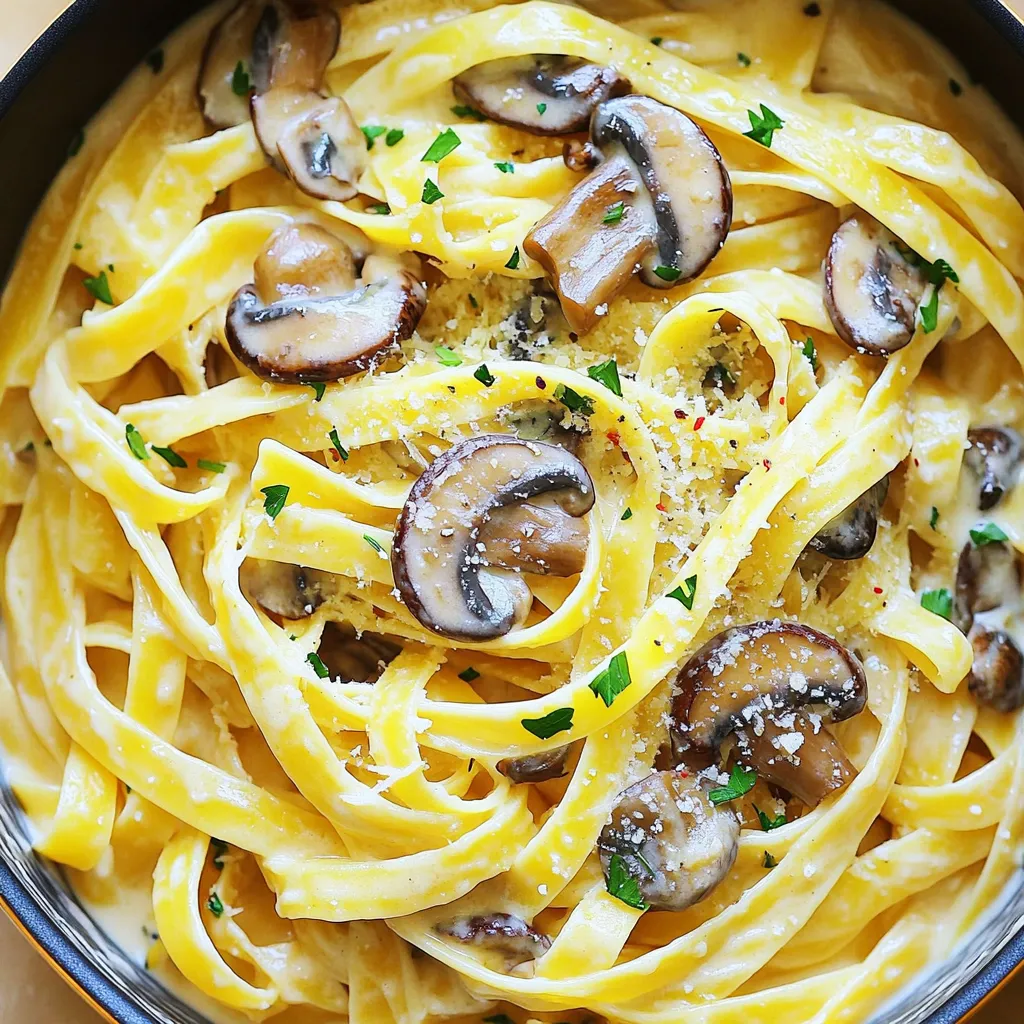 - 12 oz fettuccine pasta - 2 tablespoons olive oil - 1 medium onion, diced - 3 cloves garlic, minced - 16 oz mushrooms, sliced (cremini or button) For this dish, I love starting with fettuccine pasta. It holds the creamy sauce well. Olive oil brings a rich flavor and helps cook the onion and mushrooms. Diced onion adds sweetness, while minced garlic gives a nice kick. I often choose cremini mushrooms for a deeper taste, but button mushrooms work great too. - 4 cups vegetable broth - 1 cup heavy cream - 1 cup grated Parmesan cheese I use vegetable broth to keep it light and tasty. Heavy cream makes the sauce rich and smooth. Grated Parmesan cheese adds a salty, nutty flavor that ties everything together. - Salt and pepper - Optional crushed red pepper flakes - Fresh parsley, chopped (for garnish) Don’t forget salt and pepper! They bring out all the flavors. For a little heat, I like adding crushed red pepper flakes. Fresh parsley at the end looks nice and adds a fresh taste. First, heat the olive oil in a large pot over medium heat. Add the diced onion and cook for about 2-3 minutes until it turns clear. Next, stir in the minced garlic and sliced mushrooms. Cook this mix for about 5-7 minutes until the mushrooms soften and get a nice brown color. Once the mushrooms are ready, pour in the vegetable broth. Bring it to a boil. After that, add the fettuccine pasta to the pot. Make sure to stir so the pasta is fully covered in the broth. Lower the heat and cover the pot. Cook for about 10-12 minutes, stirring now and then, until the pasta is firm but soft, and most of the broth is gone. Now, it’s time to make it creamy! Stir in the heavy cream and grated Parmesan cheese. Mix until everything is smooth and creamy. Let it cook for another 2-3 minutes. Finally, add salt and pepper to taste. If you like some heat, sprinkle in crushed red pepper flakes. Remove the pot from the heat and let it sit for a minute before serving. To get al dente pasta, watch the cook time closely. Fettuccine usually takes about 10-12 minutes. Stir regularly to keep it from sticking. You want it firm but not hard. Once you drain it, it will keep cooking a little. For a creamy sauce, add the heavy cream slowly. This helps it mix well. Stir in the Parmesan until it melts. This creates a rich and smooth texture. If the sauce is too thick, add a splash of vegetable broth. This thins it out nicely. Herbs and spices can make a big difference. Fresh parsley adds a bright touch. You can also try thyme or basil for added aroma. If you want heat, add crushed red pepper flakes. They bring a nice kick. If you want to change the cheese, consider using Gruyère or mozzarella. They melt well and add a different flavor. This can make your dish even more exciting. Different pasta types need different cook times. If you use penne or rotini, check the package for timings. Always adjust the cooking time to ensure the pasta is just right. Using a larger pot can help if you want to serve more people. It gives the pasta space to move and cook evenly. Plus, it helps prevent spills while stirring. Enjoy your cooking! {{image_2}} You can make this creamy dish even heartier. Adding grilled chicken or shrimp works well. Simply cook the chicken or shrimp separately and toss them in before serving. This boosts protein and adds great flavor. If you want vegetarian options, consider chickpeas or lentils. They give a nice texture and extra protein. You can mix them right in during the last few minutes of cooking. This way, you keep everything in one pot. Mushrooms shine in this recipe, but you can swap them out. Try spinach, zucchini, or bell peppers if you want something different. These veggies add color and taste. For seasonal options, think about using asparagus in spring or butternut squash in fall. These swaps make the dish fresh and fun. You can even mix a few different veggies for a colorful plate. If you need gluten-free pasta, don’t worry! There are many great options made from rice or chickpeas. Just follow the cooking time on the package to get it right. For a dairy-free version, substitute heavy cream with plant-based cream. Almond or coconut cream works well. You can still enjoy a rich, creamy texture without dairy. Add nutritional yeast for a cheesy flavor. This way, everyone can enjoy this creamy delight! To store your One-Pot Creamy Mushroom Alfredo Pasta, let it cool first. Place the pasta in an airtight container. This keeps it fresh and tasty. You can store it in the fridge for up to three days. If you want to eat it later, this method works great. To reheat, use a skillet on low heat. Add a splash of water or broth for moisture. Stir gently to keep it creamy. Heat until warm, but don’t let it boil. This helps keep the pasta from getting dry. You can also use the microwave. Just cover it and heat in short bursts, stirring in between. You can freeze One-Pot Creamy Mushroom Alfredo Pasta, but it may change texture. To freeze, let it cool completely. Then, place it in a freezer-safe container. Make sure to leave some space for expansion. It can last for up to two months in the freezer. To thaw, move it to the fridge overnight. Reheat as mentioned above. Enjoy your creamy pasta even after freezing! To make One-Pot Creamy Mushroom Alfredo Pasta vegan, swap out key ingredients. Use plant-based cream like coconut or cashew cream. You can also add vegan cheese instead of Parmesan. Look for brands that melt well. This keeps the dish creamy and rich. To boost flavors, try some simple spices and herbs. Add garlic powder or onion powder for depth. Fresh herbs like basil or thyme work wonders too. A splash of lemon juice can brighten it up. For heat, sprinkle in some crushed red pepper flakes while cooking. For a complete meal, serve this pasta with a crisp salad. A mixed greens salad with a light vinaigrette pairs well. Garlic bread is another tasty option. You can also enjoy it with roasted vegetables like broccoli or asparagus for added nutrition and flavor. This blog post guided you through making One-Pot Creamy Mushroom Alfredo Pasta. We covered ingredients like fettuccine, mushrooms, and heavy cream. You learned step-by-step instructions, tips for perfect texture, and flavor enhancements. We also explored variations to fit your taste and dietary needs. Store leftovers correctly to enjoy them later. This dish is both easy and flexible, making it a great meal. Enjoy cooking, and share this recipe with friends for a yummy experience!