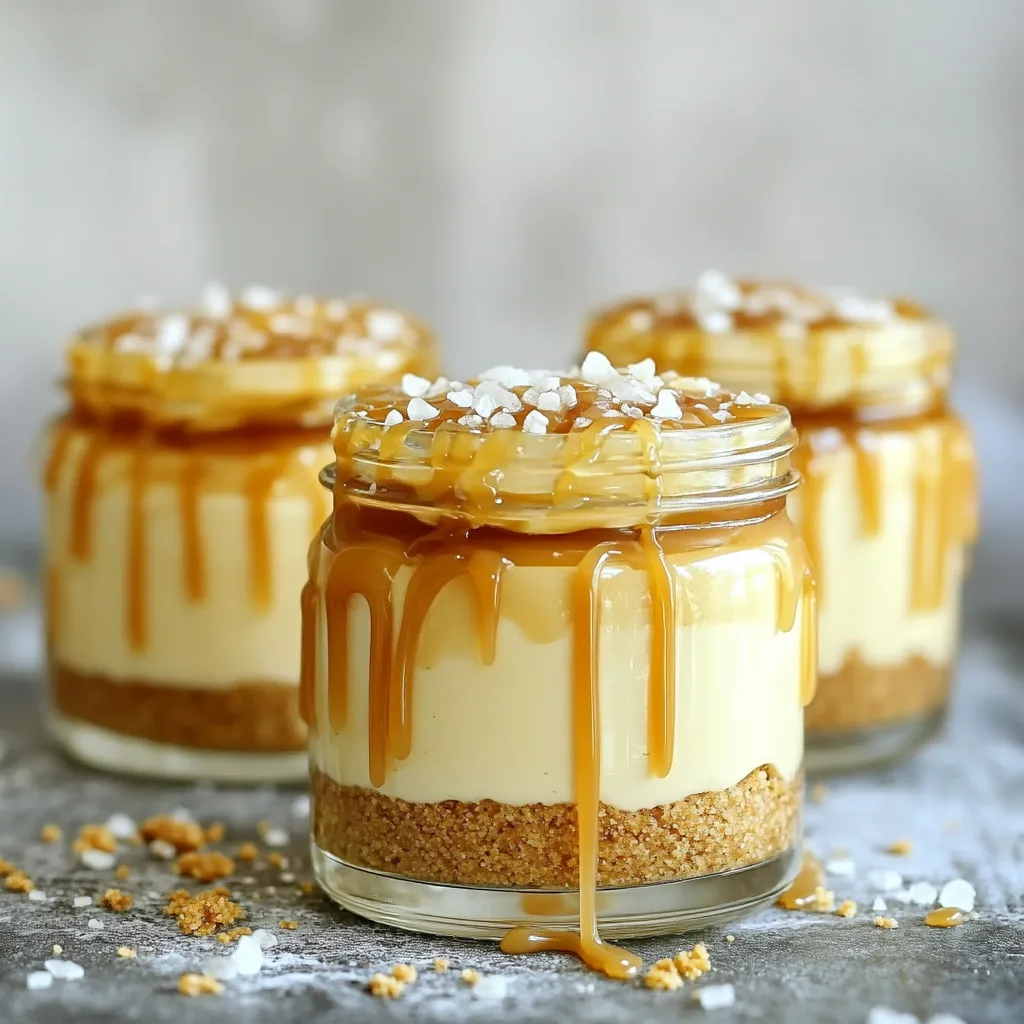To make No Bake Salted Caramel Cheesecake Jars, you need simple ingredients that blend well. Here’s what you will use: - 1 cup graham cracker crumbs - 1/4 cup unsalted butter, melted - 16 oz cream cheese, softened - 1 cup powdered sugar - 1 teaspoon vanilla extract - 1 cup heavy whipping cream - 1/2 cup salted caramel sauce (store-bought or homemade) - Sea salt flakes, for garnish These ingredients create a delightful treat. The graham cracker crumbs and melted butter form a crunchy crust. The cream cheese, powdered sugar, and vanilla combine for a smooth filling. The heavy whipping cream adds lightness, making it creamy. The salted caramel sauce gives a sweet and salty flavor that everyone loves. Finally, the sea salt flakes on top make each bite special. Gather these ingredients for a fun and tasty dessert. With just a few steps, you can create a jar full of joy! To start, combine 1 cup of graham cracker crumbs with 1/4 cup of melted butter in a medium bowl. Mix until the crumbs are coated well. Then, spoon about 2 tablespoons of this mixture into the bottom of your serving jars. Press down gently to form a solid base. In a large mixing bowl, beat 16 ounces of softened cream cheese until smooth. Gradually add in 1 cup of powdered sugar and 1 teaspoon of vanilla extract. Mix until everything is fluffy and fully combined. In a separate bowl, whip 1 cup of heavy cream until stiff peaks form. This step is key for a light texture. Gently fold the whipped cream into the cream cheese mixture. Be careful not to deflate the whipped cream, as it adds airiness to the filling. Now, spoon a generous layer of the cheesecake filling into each jar. Smooth it out with the back of a spoon for a nice finish. Drizzle about 1/2 cup of salted caramel sauce over the cheesecake filling in each jar, letting it trickle down the sides to create a lovely look. If you want extra flavor, feel free to repeat the layers with the remaining crust, filling, and caramel. Refrigerate the jars for at least 4 hours, or overnight if you can wait. This chill time helps the flavors meld together and lets the cheesecake set perfectly. Before serving, sprinkle a few sea salt flakes on top of each jar. This adds a delightful salty kick that pairs well with the sweet caramel. Enjoy your delicious creation! - Make sure your cream cheese is soft. This helps it mix well. - Choose a high-quality caramel sauce. It adds depth and rich flavor. Softened cream cheese is key. If it’s cold, your mixture may stay lumpy. Leave it at room temperature for about 30 minutes before you start. Using a good caramel sauce makes a big difference. A rich, buttery sauce can elevate your dessert. You can use store-bought or make your own if you prefer. - Use a piping bag for neat layers. It helps keep everything tidy. - Chill layers briefly. This makes assembly easier and cleaner. A piping bag lets you layer the filling and caramel with precision. If you don’t have one, a zip-top bag with the corner cut works too. Chilling the layers for about 10 minutes makes the jars easier to fill. It keeps the layers from mixing together. - Pair the jars with fresh fruit or whipped cream. It adds color and flavor. - Use different jar sizes for variety. Smaller jars make cute individual servings. Fresh fruit like strawberries or raspberries adds a nice tartness. It balances the sweetness of the caramel. Using various jar sizes can make your dessert table look fun and inviting. Plus, it lets your guests choose their portion size. {{image_2}} You can mix things up with this cheesecake. Add chocolate for a rich taste. Espresso gives it a nice coffee kick. These flavors boost the cheesecake’s depth. Fresh fruit is fun too! Strawberries or bananas can brighten each bite. Just chop them small and fold them in. You’ll love how fresh fruit pairs with caramel. The crust is just as important as the filling. Use different cookie crumbs for a twist. Oreos or Digestives make a great base. If you want something healthy, try a nut-based crust. Just blend nuts with a bit of butter. Press it into the jars for a crunchy bottom. Toppings can take your cheesecake to the next level. Try toasted nuts for some crunch. A drizzle of chocolate adds a sweet finish. You can also use flavored whipped cream. Try vanilla or hazelnut for a new flavor. Fruit compote is another great choice. It adds sweetness and color to your jars. To keep your no-bake salted caramel cheesecake jars fresh, store them in the refrigerator. Make sure to cover each jar tightly. This helps maintain the creamy texture and rich flavor of the cheesecake. If you skip this step, your dessert may dry out or absorb other smells from the fridge. You can freeze cheesecake jars if you want to save them for later. Just place the jars in the freezer after they are fully set. When you're ready to enjoy them, thaw the jars in the fridge overnight. This method keeps the flavor and texture intact. Avoid microwaving, as this can change the creaminess. In the fridge, these cheesecake jars last about 3 to 5 days. Look for signs of spoilage, like an off smell or discoloration. If you see any liquid pooling, it’s best to discard the jar. Always check before serving to ensure your dessert is safe to eat. You can use low-fat cream cheese. It will change the texture a bit. The cheesecake may be less rich and creamy. It might also be a little firmer. If you want a lighter dessert, this is a good option. The no-bake cheesecake lasts about 4 to 5 days in the fridge. Store the jars covered to keep them fresh. If you notice any off smells, it’s best to throw them out. Yes, you can use homemade caramel sauce. Just make sure it is thick enough. A runny sauce may not layer well. Use a recipe that includes butter, sugar, and cream for the best flavor. You can easily double this recipe. Just use twice the ingredients. Make sure you have enough jars to hold the extra cheesecake. Adjust the chilling time if you use larger jars. You can use coconut cream or evaporated milk as substitutes. These options will make the cheesecake lighter. However, the texture will be different. Be sure to whip them well to achieve a good consistency. Making cheesecake jars is fun and easy. Use simple ingredients like cream cheese and graham crackers. Follow the steps to create a tasty dessert. Remember to chill the jars for the best flavor. You can also explore different flavors and toppings. Store them well to enjoy later. This no-bake cheesecake is great for any occasion. Trust me, these jars will impress your friends and family. Get ready to dig in!