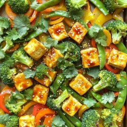 To make this dish, you need the right base. Here are the main ingredients: - 1 block (14 oz) firm tofu, drained and pressed - 2 cups broccoli florets - 1 cup bell peppers (mixed colors), sliced - 1 cup snap peas, trimmed - 1 carrot, sliced into thin rounds These ingredients form the heart of the recipe. The tofu gives protein, while the veggies add crunch and color. Seasoning is key to flavor. Here’s what you’ll need: - 3 tablespoons sweet chili sauce - 2 tablespoons soy sauce - 1 tablespoon olive oil - 1 teaspoon garlic powder - 1 teaspoon ginger powder - Salt and pepper to taste These seasonings create a sweet and savory taste. The sweet chili sauce makes it special. Garnishes add flair to your dish. Consider these: - Sesame seeds for garnish - Fresh cilantro, chopped for garnish These toppings give a fresh look and boost the flavor. They make your dish pop! 1. First, preheat your oven to 425°F (220°C). This will help cook everything evenly. 2. Next, take your firm tofu and drain it. Press it to remove extra water. 3. Once pressed, cut the tofu into bite-sized cubes. Place them in a large mixing bowl. 4. Add the sweet chili sauce, soy sauce, olive oil, garlic powder, ginger powder, salt, and pepper to the bowl. 5. Toss the tofu gently. You want every piece coated in that tasty sauce. 6. Now, prepare your veggies. Slice the bell peppers, trim the snap peas, and slice the carrot. 1. Line a large baking sheet with parchment paper. This helps with easy cleanup. 2. Spread the tofu cubes out in a single layer on the baking sheet. 3. Arrange the broccoli, bell peppers, snap peas, and carrots around the tofu. 4. Drizzle any leftover sauce over the vegetables. Toss them gently on the sheet. 5. Place the baking sheet in the oven. Roast for 25-30 minutes. 6. Halfway through, take the sheet out and toss everything for even cooking. 7. Look for golden tofu and tender veggies when it's done. - Use a large baking sheet. This allows air to flow and helps everything roast well. - Don’t overcrowd the pan. Space lets the heat reach all veggies and tofu. - For extra crispiness, you can increase the oven temperature to 450°F (232°C) for the last few minutes. - Let the dish cool slightly before serving. This keeps the flavors strong and fresh. Choosing the right tofu matters. I prefer firm tofu for this dish. It holds its shape well and absorbs flavors nicely. Look for tofu that is fresh and has a clean smell. If it feels wet, it's best to press it first. Pressing removes excess water, helping the tofu get crispy when cooked. For sheet-pan recipes, I love using colorful veggies. Broccoli, bell peppers, snap peas, and carrots work great. They add crunch and color to your meal. You can also try zucchini, asparagus, or cauliflower. Mix and match your favorites for fun and tasty results. To boost flavor, I recommend using fresh herbs and spices. Adding garlic and ginger powder gives a nice kick. You can also drizzle extra sweet chili sauce before serving. For a bit of heat, try adding red pepper flakes. Don't forget to garnish with sesame seeds and cilantro for a fresh touch! {{image_2}} If you want to switch up the protein, try chickpeas or tempeh. Both add great taste and texture. You can use one can of chickpeas, drained and rinsed. For tempeh, cut an 8-ounce block into cubes. Both options soak up flavors well, just like tofu. Feel free to mix in your favorite vegetables! Zucchini, cauliflower, or asparagus work well. You can also use green beans or carrots for a crunchy bite. The key is to keep them similar in size for even cooking. Experiment with what's in season or what you have in your fridge. Switching sauces is a fun way to change the dish. You can use teriyaki sauce or peanut sauce for a new flavor. If you like it spicy, try adding sriracha to your sweet chili sauce. For a tangy kick, go for a sesame ginger sauce. Each sauce brings its own twist to this tasty meal. After you enjoy your sheet-pan sweet chili tofu and veggies, store leftovers in an airtight container. Let the dish cool down to room temperature first. This helps keep the tofu and veggies fresh. You can keep them in the fridge for up to three days. If you notice any changes in smell or texture, it is best to toss it out. To reheat, use the oven for the best results. Preheat your oven to 350°F (175°C). Spread the tofu and veggies on a baking sheet. Heat for about 10-15 minutes or until warm. You can also use the microwave if you prefer. Place the food in a microwave-safe bowl and cover it. Heat in 30-second bursts, stirring in between, until it is hot. Freezing is a great option if you want to save this dish for later. Let the tofu and veggies cool completely. Then, place them in a freezer-safe container or bag. Make sure to remove as much air as possible. Label the container with the date. You can freeze it for up to three months. When you are ready to eat, thaw it in the fridge overnight before reheating. Yes, you can use many other vegetables. Carrots, zucchini, or cauliflower work well. You can even add sweet potatoes or asparagus for extra flavor. The key is to choose veggies that roast well. Try to cut them into similar sizes. This helps them cook evenly. Feel free to mix and match based on what you like or have at home. Absolutely! This dish is great for meal prep. It stores well in the fridge for up to four days. Just keep the tofu and veggies in an airtight container. When you're ready to eat, you can reheat it in the microwave or oven. This meal is not only tasty but also quick to grab when you need it. It saves time and keeps you healthy. To add more heat, try these easy tips. You can mix in some red pepper flakes or chili paste. If you like fresh heat, add sliced jalapeños before roasting. You can also use a hotter chili sauce instead of sweet chili sauce. Just be careful with the amount. Start with a little and taste as you go. This way, you can find the perfect heat level for your taste. This sheet-pan sweet chili tofu recipe is simple and fun to make. You learned about key ingredients, easy steps for cooking, and where to find tasty options. Remember, choose the right tofu and fresh veggies for the best taste. Feel free to mix and match with proteins and sauces. Save leftovers properly, and enjoy them later. This dish is perfect for meal prep. Now, you have all the tools to create a delicious and satisfying meal. Get cooking and taste the joy of this tasty dish!