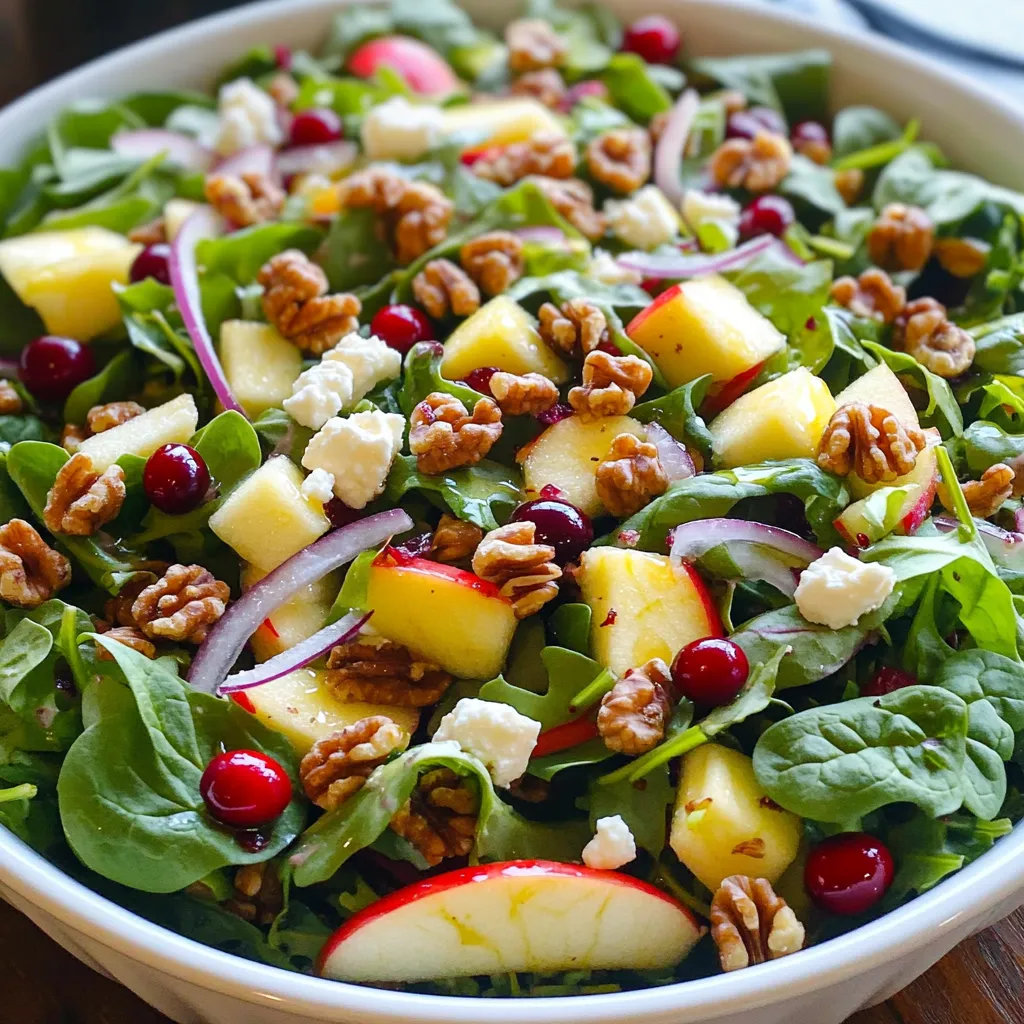 - 2 cups mixed salad greens (spinach, arugula, romaine) - 1 diced apple (Honeycrisp or Gala) - 1 cup fresh or 1/2 cup dried cranberries - 1/2 cup toasted walnuts, roughly chopped - 1/4 cup crumbled feta cheese - 1/4 cup sliced red onion - 3 tablespoons olive oil - 2 tablespoons apple cider vinegar - 1 teaspoon Dijon mustard - Salt and pepper to taste - 1 tablespoon honey (optional for sweetness) When I make this salad, I choose fresh, crisp apples. Honeycrisp or Gala apples add a nice sweetness. The mixed greens give a great base. I love using spinach, arugula, and romaine for their texture and flavor. Fresh cranberries make it bright and tart, while dried cranberries work too if fresh are not available. Toasted walnuts add crunch and nutty flavor. I always chop them roughly. Crumbled feta cheese adds creaminess. The sliced red onion gives a nice bite to the mix. For the dressing, I use olive oil and apple cider vinegar. The Dijon mustard adds a tangy kick. I season it with salt and pepper. Sometimes, I add honey for a touch of sweetness. This dressing ties the salad together perfectly. By gathering these ingredients, you create a dish that is fresh, flavorful, and fun to eat. Each bite offers a mix of tastes and textures. Start with a large salad bowl. Combine the mixed salad greens, like spinach, arugula, and romaine. This mix brings great texture and flavor. Make sure the greens are clean and dry for the best crunch. Next, incorporate the diced apple, fresh cranberries, and toasted walnuts. If you prefer dried cranberries, those work well, too. Spread everything evenly in the bowl. The apple adds sweetness, while the walnuts provide a nice crunch. After that, sprinkle the crumbled feta cheese and thinly sliced red onion over the salad. The feta adds creaminess, and the onion gives a bit of bite. This combination makes the salad more exciting and flavorful. In a small bowl or jar, whisk together the olive oil, apple cider vinegar, Dijon mustard, and honey if you want some extra sweetness. Season the dressing with salt and pepper to taste. This mix will tie all the flavors together nicely. Now, drizzle the dressing over the salad. Make sure to cover all the greens and toppings. Gently toss everything together until the salad is well combined. You want every ingredient to get a taste of that delicious dressing. You can serve the salad right away or refrigerate it for up to 30 minutes. Chilling the salad lets the flavors meld. Either way, this salad looks and tastes amazing! For this salad, I love using Honeycrisp or Gala apples. These apples stay crisp and have the right amount of sweetness. They add a nice crunch and a juicy bite to your salad. If you want to try something different, Fuji or Pink Lady apples also work well. Always choose firm apples for the best texture. You can boost the flavor by adding fresh herbs. Try adding parsley or mint for a fresh taste. If you want an extra crunch, sprinkle on some pumpkin seeds or sunflower seeds. You can also add pomegranate seeds for a pop of color and sweetness. These extras make your salad even more exciting. To make your salad look great, serve it in individual bowls. This makes it easy for guests to enjoy. You can also use a large platter for a family-style serving. Garnish with extra walnuts and a sprinkle of feta on top. For an artful touch, arrange a few apple slices around the salad. A beautiful display makes your meal more inviting and delicious. {{image_2}} You can make your Apple Cranberry Walnut Salad more filling by adding protein. Grilled chicken or sliced turkey breast works great. They add heartiness and flavor. For a vegetarian option, try chickpeas. They are rich in protein and blend well with the salad. Just toss them in with the greens and fruits for a tasty boost. This salad shines with seasonal fruits and nuts. In spring, add strawberries or blueberries for a fresh twist. In fall, try pears or pomegranate seeds. You can also switch nuts based on what's available. Use pecans or hazelnuts to change the flavor profile. Seasonal ingredients keep the salad exciting and vibrant. The dressing can change the whole taste of the salad. If you want something zesty, try adding lemon juice. A balsamic vinaigrette gives a sweet and tangy kick. For a creamy touch, mix in yogurt with the olive oil and vinegar. Experiment with different dressings to find your favorite flavor combination. To keep your Apple Cranberry Walnut Salad fresh, store it in an airtight container. This helps prevent moisture and air from spoiling the greens. You can also place a paper towel inside the container to absorb excess moisture. This trick keeps the salad crisp and tasty. You can store the salad in the fridge for up to three days. However, the greens may lose their crunch after the first day. If you notice wilting, it’s time to eat it! For best flavor, enjoy it as soon as possible. Some ingredients do not store well. Fresh cranberries can last longer, but diced apples will brown quickly. Feta cheese can also become soggy if left too long. If you plan to save leftovers, consider adding these items fresh the next time you serve. Yes, you can prep this salad ahead of time. I suggest washing and chopping the greens first. Store them in a sealed container to keep them fresh. Dice the apple just before serving to prevent browning. You can mix the dressing and store it separately. This way, the salad stays crisp and fresh. Yes, this salad is gluten-free. All the ingredients, like greens, fruits, and nuts, are safe for those avoiding gluten. Always check labels for any pre-packaged items, like feta cheese, to be sure they meet gluten-free standards. If you want to switch out the walnuts, try using pecans or almonds. Both add a nice crunch. Sunflower seeds also work well for a nut-free option. These substitutes keep the salad tasty and enjoyable. This salad combines fresh greens, crunchy apples, and feta cheese for tasty bites. Mixing olive oil with apple cider vinegar adds a tangy kick. You can personalize your salad by adding protein or seasonal fruits. Remember to store leftovers properly to keep them fresh. Making this salad is easy and fun. Enjoy creating your own versions with the tips provided. Let your creativity shine by trying new flavors and combinations. Happy salad making!