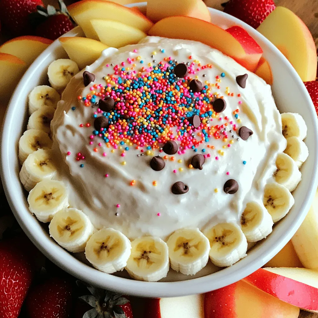 To make Protein Birthday Cake Dip, you'll need a few simple ingredients. Each one adds a special touch to this fun treat. Here’s the list: - 1 cup Greek yogurt (plain or vanilla) - 1 scoop vanilla protein powder - 1/4 cup almond flour - 1/4 cup sugar-free sprinkles (plus extra for garnish) - 2 tablespoons honey or maple syrup - 1 teaspoon vanilla extract - Pinch of salt - 1/4 cup mini chocolate chips (optional) - Fresh fruit (for dipping) - strawberries, apple slices, or banana pieces Each ingredient plays a key role. Greek yogurt gives the dip a creamy base. Vanilla protein powder adds protein and flavor. Almond flour thickens the dip while keeping it light. Sugar-free sprinkles bring the birthday cake vibe. Honey or maple syrup sweetens the dip just right. A touch of vanilla extract adds depth. Salt balances the flavors perfectly. Mini chocolate chips, if you choose, offer a delightful surprise. Finally, fresh fruit makes the best dippers. Now that you have your ingredients ready, you're one step closer to creating a fun and healthy treat! 1. Combining ingredients in the mixing bowl Start by grabbing a mixing bowl. Add 1 cup of Greek yogurt, 1 scoop of vanilla protein powder, and 1/4 cup of almond flour. Next, pour in 2 tablespoons of honey or maple syrup. Don’t forget 1 teaspoon of vanilla extract and a pinch of salt. Mix all these together. 2. Blending the mixture until smooth Use a whisk or mixer to blend the ingredients. Work until the mixture is smooth and creamy. This step is key for a nice dip texture. 3. Folding in sprinkles and chocolate chips Now it’s time for the fun part! Gently fold in 1/4 cup of sugar-free sprinkles and 1/4 cup of mini chocolate chips if you want. Be careful not to break the sprinkles too much. They add color and joy to your dip. 1. Transferring to a serving bowl Once your dip is ready, transfer it to a serving bowl. It should look creamy and inviting. 2. Garnishing with extra sprinkles Top your dip with some extra sprinkles for a festive touch. This makes it even more fun to eat! 3. Offering fresh fruit for dipping Serve your dip with fresh fruit slices. Strawberries, apple slices, or banana pieces work great. The fruit adds a nice crunch and flavor contrast. Enjoy your delicious Protein Birthday Cake Dip! To make the best Protein Birthday Cake Dip, focus on the texture. Start with Greek yogurt. Use plain or vanilla for the best taste. When you mix it with the protein powder and almond flour, stir well. A whisk or mixer will help you get a smooth, creamy dip. You might want to adjust the sweetness. After mixing, taste your dip. If you want it sweeter, add more honey or maple syrup. Just a little can make a big difference. Store your dip in the refrigerator right after making it. Use an airtight container to keep it fresh. This helps prevent it from soaking up any odors from the fridge. The dip stays good for about three days. If you keep it sealed, it will taste great. For the best flavor, eat it within two days. Serve it fresh for a fun treat! {{image_2}} You can make this dip even better by using healthier options. - Alternative sweeteners: Instead of honey or maple syrup, try using stevia or monk fruit sweetener. These options add sweetness without extra calories. You can adjust the amount to taste. - Dairy-free options: If you want a dairy-free dip, swap Greek yogurt for coconut yogurt. It gives a nice creamy texture and a hint of coconut flavor. Adding new flavors can make this dip more exciting. - Additional flavorings: A splash of almond extract brings a rich taste. Just a little bit will do. You can also try other extracts like coconut or lemon for a twist. - Custom mix-ins: Add nuts or seeds for a crunchy bite. Chopped almonds or sunflower seeds work great. You can also mix in dried fruit for extra sweetness and texture. Each serving of Protein Birthday Cake Dip has about 15 grams of protein. This high protein content comes from Greek yogurt and protein powder. The dip has around 150 calories per serving. It also contains about 2 grams of dietary fiber, which aids digestion. Greek yogurt is packed with protein and probiotics. Probiotics support gut health and boost your immune system. It’s low in fat, making it a smart choice for a healthy dip. Using protein powder adds more protein without extra carbs. This helps build muscle and keeps you full longer. Protein powder also comes in many flavors, so you can mix things up! Can I use different flavors of protein powder? Yes, you can use different flavors of protein powder. Chocolate or even cookie dough flavors will work well. Just keep in mind that the taste may change. You might want to adjust the sweetener to match the new flavor. How long does the dip last in the fridge? The dip lasts about 3 to 5 days in the fridge. Make sure to store it in a sealed container. If you see any change in smell or color, it’s best to toss it out. Can I make this dip vegan or dairy-free? Yes, you can make this dip vegan. Use a dairy-free yogurt, like almond or coconut yogurt. Choose a plant-based protein powder, too. For sweeteners, maple syrup works great. This blog post shared a fun and simple recipe for Protein Birthday Cake Dip. You learned about the key ingredients, like Greek yogurt and vanilla protein powder. We covered step-by-step instructions for preparing and serving it. Tips for perfecting your dip, storage, and tasty variations were also included. Remember, you can customize this dip to fit your taste. Experiment with different mix-ins or flavors. Enjoy a delicious treat that boosts your protein intake!