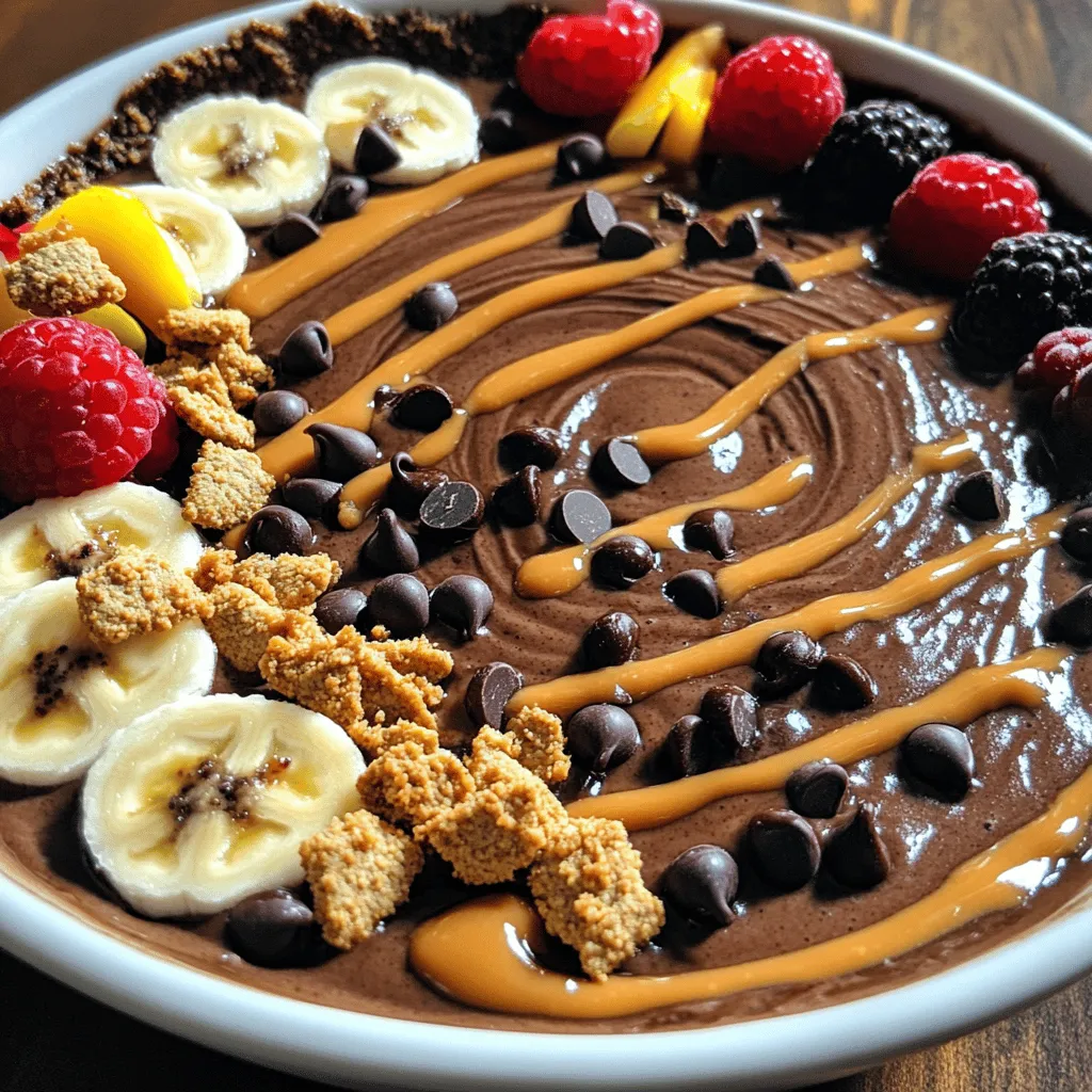 When making a Chocolate Peanut Butter Pie Smoothie Bowl, gathering the right ingredients is key. Here’s what you'll need: - 1 frozen banana - 1 cup unsweetened almond milk (or milk of choice) - 2 tablespoons chocolate protein powder - 2 tablespoons natural peanut butter - 1 tablespoon cocoa powder - 1 tablespoon honey or maple syrup (optional for sweetness) - ¼ teaspoon vanilla extract - 2 tablespoons crushed graham crackers (for topping) - 1 tablespoon mini dark chocolate chips (for topping) - Sliced bananas and berries (for garnish) Each ingredient plays a special role. The frozen banana gives the smoothie a creamy texture. Almond milk adds a light, nutty flavor and keeps it dairy-free. Chocolate protein powder boosts the taste and adds protein. Natural peanut butter brings rich, nutty notes. Cocoa powder enhances the chocolate flavor. Sweeteners like honey or maple syrup can add extra sweetness if you prefer. Vanilla extract rounds out the flavors beautifully. For toppings, crushed graham crackers add crunch, while chocolate chips give extra sweetness. Fresh fruits like bananas and berries not only look good but also add freshness and flavor. With these ingredients, you can create a delightful smoothie bowl that tastes just like dessert! - First, grab your blender. Add in the frozen banana, almond milk, chocolate protein powder, natural peanut butter, cocoa powder, honey or maple syrup, and vanilla extract. - Blend all the ingredients on high speed. Keep blending until the mixture is smooth and creamy. You may need to stop and scrape down the sides. This helps mix everything well. - If the smoothie is too thick, add a little more almond milk. You want it thick but still spoonable. - Once your smoothie base is ready, pour it into a bowl. - Now comes the fun part! Top it with crushed graham crackers, mini dark chocolate chips, sliced bananas, and any berries you like. - For an extra treat, drizzle a bit more peanut butter on top. This adds flavor and makes it look great. Enjoy your delicious Chocolate Peanut Butter Pie Smoothie Bowl! - Choosing the right banana: Use a ripe banana for the best flavor. A frozen banana adds creaminess. Look for ones with brown spots; they are sweet and perfect for smoothies. - Adjusting sweetness and thickness: Taste your blend. If you want it sweeter, add honey or maple syrup. If it feels too thin, add more frozen banana or almond milk for a thicker texture. - Ensuring smooth consistency: Blend until everything is well mixed. Stop to scrape down the sides of the blender. This helps create a smooth and creamy texture for the smoothie bowl. - Serving chilled: Chill your bowl before serving. This keeps your smoothie cold and refreshing. A cold bowl enhances the eating experience. - Colorful garnish ideas: Get creative with toppings! Use sliced bananas, berries, or even a sprinkle of crushed graham crackers. These add color and fun to your dish. A drizzle of peanut butter on top looks great too! {{image_2}} You can change the nut butter in this smoothie bowl. Almond butter gives a light taste, while cashew butter adds creaminess. Sunflower seed butter works well too for a nut-free option. Each butter adds its own twist to the flavor. When it comes to sweeteners, honey and maple syrup are great. Try agave syrup or stevia if you want less sugar. You can also skip the sweetener if your banana is very ripe. It adds natural sweetness. Adding different fruits and nuts can change the vibe of your bowl. Use strawberries, blueberries, or even mango for fruit. For nuts, try walnuts or pecans. They add crunch and healthy fats. You can also play with crunch factors. Instead of graham crackers, use granola or toasted coconut. Crushed pretzels add a salty twist. These toppings can elevate your smoothie bowl to a new level. After making your Chocolate Peanut Butter Pie Smoothie Bowl, you might have some left. The best way to store your smoothie is in an airtight container. This keeps it fresh and tasty. You can store it in the fridge for up to 24 hours. If it separates, just give it a good stir before eating. If you want to save your smoothie for later, freezing is a great option. Pour the smoothie base into ice cube trays or freezer-safe bags. This way, you can use it later in other recipes. When you're ready to enjoy it, just blend the frozen smoothie with a little almond milk. This makes it smooth again. Use containers that are safe for the freezer to keep it fresh and tasty. A smoothie bowl is a thick smoothie served in a bowl. It is often topped with fruits, nuts, and seeds. You eat it with a spoon, not a straw. This makes it fun and filling. The bowl allows you to customize your toppings. You can create a colorful and tasty treat. Yes, you can make this smoothie bowl vegan. Replace the honey or maple syrup with agave syrup. Use plant-based chocolate protein powder instead of whey. Almond milk is already a great vegan choice. This way, you can enjoy a creamy, delicious smoothie bowl without any animal products. To make the smoothie healthier, add spinach or kale for greens. You can also include chia seeds for fiber. Try to use unsweetened cocoa powder to limit sugar. If you want, use frozen berries instead of a banana for fewer carbs. These tweaks help boost nutrition without changing the taste much. Yes, you can prepare the smoothie bowl ahead. Blend the ingredients and store them in the fridge. Keep it in an airtight container for up to 24 hours. When ready to eat, pour it into a bowl and add fresh toppings. This saves time for busy mornings. This blog post covered how to create a delicious smoothie bowl. We explored the main ingredients, shared step-by-step instructions, and provided handy tips. You learned about fun variations and how to store any leftovers. In the end, a smoothie bowl is not just tasty; it's versatile too. Experimenting with flavors makes it even more enjoyable. Use this guide to whip up your perfect bowl today. Enjoy your healthy treat!