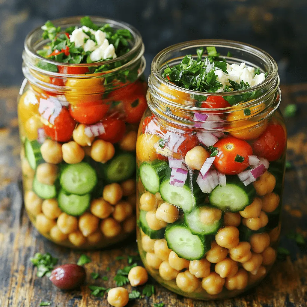 To make a tasty Mediterranean chickpea salad jar, gather these key ingredients: - 1 can (15 oz) chickpeas, rinsed and drained - 1 cucumber, diced - 1 cup cherry tomatoes, halved - 1/2 red onion, finely chopped - 1/2 cup Kalamata olives, pitted and halved - 1/2 cup feta cheese, crumbled - 1/4 cup fresh parsley, chopped - 1/4 cup olive oil - 2 tablespoons lemon juice - 1 teaspoon dried oregano - Salt and pepper to taste These ingredients create a fresh and colorful salad. Chickpeas are a great source of protein. They add a nice texture and flavor. The veggies bring crunch, while feta cheese gives a creamy touch. The olives add a briny taste that makes each bite special. You can customize your salad jars with these optional ingredients: - Avocado for creaminess - Bell peppers for extra crunch - Artichoke hearts for a unique flavor - Spinach or arugula for added greens - Quinoa for extra protein and fiber Feel free to mix and match. This salad is your canvas. Each addition can change the taste and make it your own. This Mediterranean chickpea salad jar is not only delicious but also healthy. Here is a quick look at its benefits: - Chickpeas: Packed with protein and fiber, they help keep you full. - Vegetables: They are low in calories and high in vitamins. - Feta cheese: Provides calcium and a rich taste. - Olive oil: Contains healthy fats that are good for your heart. - Parsley: Offers antioxidants and adds freshness. This salad jar is a balanced meal. It fuels your body and satisfies your taste buds. Enjoy the colors and flavors while knowing you are eating something good for you! To start, gather your ingredients for the dressing. You need olive oil, lemon juice, dried oregano, salt, and pepper. In a medium bowl, pour in 1/4 cup of olive oil. Add 2 tablespoons of lemon juice, along with 1 teaspoon of dried oregano. Season with salt and pepper to taste. Whisk these together until they blend well. This dressing adds great flavor to the salad. Now, get a large mixing bowl. Add the rinsed and drained chickpeas first. Next, add 1 diced cucumber, 1 cup of halved cherry tomatoes, and 1/2 of a finely chopped red onion. Toss in 1/2 cup of pitted Kalamata olives and 1/2 cup of crumbled feta cheese. Mix these ingredients gently until they are all combined. This colorful mix looks so fresh and inviting. It’s time to layer the jars! Start with the dressing at the bottom. This keeps the salad fresh longer. Next, add the chickpea mixture on top of the dressing. Finally, sprinkle 1/4 cup of chopped fresh parsley over the top. Seal the jars tightly. You can store them in the fridge for up to 4 days. When you’re ready to eat, shake the jar well to coat everything with the dressing. Enjoy this tasty, healthy meal! Layering your ingredients makes a big difference. Start with the dressing at the bottom. This keeps the greens and other veggies fresh. Next, add your chickpea mix. This should include cucumbers, tomatoes, onions, olives, and feta. Finish with fresh parsley on top. This method keeps everything crisp and tasty. To keep your salad fresh, use tight-sealing jars. Glass jars work best. Always store your jars in the fridge. Keep them upright to avoid spills. If you want extra freshness, add a paper towel inside. This absorbs moisture and keeps your salad crunchy. You can make these salad jars a few days in advance. Prep time is quick, only about 15 minutes. Store jars in the fridge for up to four days. When you are ready to eat, just shake the jar well. This mixes the dressing and keeps flavors bright. Enjoy your fresh meal anytime! {{image_2}} You can boost the protein in your Mediterranean chickpea salad jars easily. Grilled chicken or canned tuna works great. Just add about 1 cup of cooked chicken or 1 can of tuna to the salad mix. This makes the salad heartier and keeps you full longer. It also adds a nice flavor. You can season the proteins with a bit of salt and pepper to match the salad's taste. Making this salad vegan is simple! Skip the feta cheese and use a plant-based option instead. You can also add avocado for creaminess. It gives that extra richness without dairy. Consider adding some nutritional yeast for a cheesy flavor without the cheese. This salad remains fresh and tasty while being completely vegan. Feel free to change the veggies based on the season. In summer, you might want to add bell peppers or corn. In fall, consider using roasted sweet potatoes or butternut squash. These swaps keep the salad fun and exciting. Just remember to keep the base ingredients, like chickpeas, for the best taste. Seasonal swaps allow you to enjoy fresh flavors year-round. Salad jars stay fresh for up to four days in the fridge. This time frame helps keep the flavors bright and the ingredients crisp. After four days, the veggies may lose their crunch. Trust me, no one likes soggy salad! Store your jars in the fridge at a consistent temperature. Make sure the lids fit tightly. This keeps air out and helps prevent spoilage. If you layer right, the dressing stays at the bottom. This keeps other ingredients fresh longer. You usually don’t need to heat salad jars. But if you prefer warm ingredients, remove the salad from the jar. Heat it gently in a pan or microwave. Just be careful with feta; it can melt quickly. Enjoy your meal fresh, vibrant, and delicious! Chickpeas are very good for you. They are high in protein and fiber. This makes them great for your gut health. Chickpeas can help keep you full longer. They also help control blood sugar levels. Chickpeas have vitamins and minerals too. They are rich in iron, magnesium, and folate. Eating chickpeas may reduce the risk of heart disease. Their nutrients support your overall health. Yes, you can use dried chickpeas. Just soak them overnight before cooking. Boil them until they are soft, which takes about 1-2 hours. Using dried chickpeas can add extra flavor. They also have a firmer texture. Remember to rinse and drain them well before using. To make the salad more filling, add grains. Quinoa, brown rice, or farro work great. You can also add proteins like grilled chicken or tuna. Nuts and seeds, like almonds or sunflower seeds, can add crunch and nutrition. For more flavor, mix in avocado or artichokes. These options will give your meal more substance. Mediterranean chickpea salad jars are quick, tasty, and filled with great nutrition. We covered the key ingredients, step-by-step instructions, and helpful tips. You can also find exciting variations to suit your taste. Proper storage ensures your salad stays fresh for days. Ultimately, this salad is easy to customize and enjoy. Embrace the flavors and benefits of chickpeas. Making these jar salads can lead to healthier eating habits. Start creating your own delicious jars today!