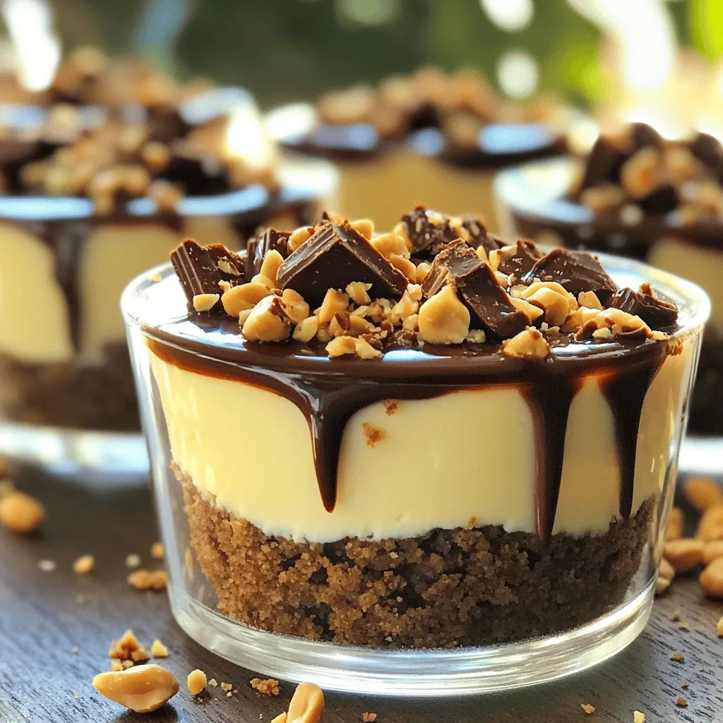 For these delightful No-Bake Snickers Cheesecake Cups, you'll need: - 1 cup graham cracker crumbs - 4 tablespoons unsalted butter, melted - 2 cream cheese, softened - 1 cup powdered sugar - 1 teaspoon vanilla extract - 1 cup heavy whipping cream - 5 fun-sized Snickers bars, chopped - Optional: chocolate sauce for drizzling - Optional: chopped peanuts for garnish - Graham cracker crumbs: You can crush whole graham crackers if you don’t have crumbs. You can also use other cookies like Oreos for a different taste. - Unsalted butter: If you run out of butter, coconut oil works well too. Just melt it like butter. - Cream cheese: Use low-fat cream cheese if you want a lighter version. - Powdered sugar: You can make your own by blending granulated sugar until fine. - Vanilla extract: If you don’t have this, you can skip it or use almond extract for a twist. - Heavy whipping cream: You can use a dairy-free cream if you want a vegan option. - Chocolate sauce: This adds a rich finish. You can use store-bought or make your own. - Chopped peanuts: These give a nice crunch. You can also use crushed almonds or even toffee bits for variety. This list covers all you need to create these tasty treats. Each ingredient plays a key role in blending flavors and textures. Enjoy crafting your cheesecake cups! To start, gather your graham cracker crumbs and melted butter. In a bowl, mix them well. You want all the crumbs to be coated with butter. This step gives the crust a nice, rich flavor. Next, take your mixture and divide it into serving cups. Press the crumbs firmly into the bottom of each cup. This creates a solid base for your cheesecake. Make sure it’s even and packed down tightly. This crust will hold up well against the creamy filling. Now, let's make the cheesecake filling. In a clean bowl, beat the softened cream cheese until it's smooth. This step is key for a creamy texture. Slowly add the powdered sugar and vanilla extract. Mix until everything is well combined and no lumps remain. In another bowl, pour in the heavy cream. Whip it until stiff peaks form. This means the cream should hold its shape. Gently fold the whipped cream into the cream cheese mixture. This keeps the filling light and fluffy. Now, it's time to add the chopped Snickers bars to the mix. Stir gently to combine, but save some pieces for later. This adds great texture and flavor to your filling. Grab your prepared cups with the graham cracker crust. Spoon the cheesecake filling over the crusts. Use a spatula to smooth the tops. Make sure every cup looks neat and delicious. Once filled, cover the cups with plastic wrap and refrigerate for at least 2 hours. This helps the cheesecake set properly. When you are ready to serve, drizzle some chocolate sauce on top. Sprinkle the leftover Snickers pieces and chopped peanuts for some crunch. Enjoy your delightful treat! To get a creamy cheesecake, use softened cream cheese. Cold cream cheese can cause lumps. Beat it well until smooth before adding other ingredients. After adding the powdered sugar and vanilla, mix until smooth. When you fold in the whipped cream, do it gently to keep the air in. This makes the cheesecake light and fluffy. Chill your mixing bowl and beaters for best results. Cold tools help the heavy cream whip faster. Pour the cream into the bowl and start mixing at a low speed. Gradually increase the speed until stiff peaks form. This means the cream holds its shape well. Don’t over-whip, or it may turn into butter, which you don’t want in cheesecake. Serving these cheesecake cups nicely can impress your guests. Use clear cups to show off the layers. Drizzle chocolate sauce over the top for a rich look. Sprinkle chopped peanuts and Snickers bits for crunch. Add a small dollop of whipped cream on top for fun. A fresh mint leaf can add a nice touch too. Enjoy showing off your delicious treats! {{image_2}} You can swap out the Snickers bars for other candies. Try Reese's Peanut Butter Cups for a nutty twist. Milky Way bars add a creamy caramel layer. You could also use Butterfingers for a crunchy texture. Each candy brings a new flavor and fun to your cheesecake cups. To make this dessert gluten-free, use gluten-free graham cracker crumbs. Look for brands that offer tasty options. For a low-sugar version, use sugar-free cream cheese and powdered sugar. You can also pick sugar-free candy bars. This way, you enjoy the treat without all the sugar. Toppings can really change your cheesecake cups. Drizzle with caramel sauce for extra sweetness. Sprinkle crushed cookies on top for crunch. You can also add fresh fruit like strawberries or bananas. Each topping adds a new layer of fun and flavor. Experiment to find your favorite! To keep your No-Bake Snickers Cheesecake Cups fresh, cover them tightly. Use plastic wrap or a lid. This keeps the air out and prevents your cups from drying out. I recommend placing them in the back of the fridge. This area stays the coldest and helps them set well. These delightful cheesecake cups stay fresh for up to 4 days in the refrigerator. After that, they may lose their creamy texture. If you wait too long, the flavors might fade. I suggest enjoying them within this time for the best taste. You can freeze these cheesecake cups, but they need care. First, let them set in the fridge for 2 hours. Then, cover each cup tightly with plastic wrap. Place them in a freezer-safe container for extra protection. They can last up to 2 months in the freezer. When you want to eat them, move them to the fridge. Let them thaw overnight for the best results. Enjoy the flavors fresh! Yes, you can use low-fat cream cheese. It will change the taste a bit. The cheesecake may not be as rich, but it still works. Just remember, the texture might be less creamy. If you want a lighter option, this is a good choice. To adjust the serving size, simply change the amount of each ingredient. If you want more cups, double the ingredients. For fewer cups, halve them. The recipe makes six cups. You can also use smaller cups for more servings. If your whipped cream doesn’t firm up, check the cream's temperature. It should be very cold. Make sure to whip it long enough to get stiff peaks. If it still doesn’t work, try adding a bit of powdered sugar or cornstarch. These can help stabilize the cream and improve texture. In this blog post, we explored the ingredients for the No-Bake Snickers Cheesecake Cups. I shared a complete list and offered alternatives to fit your needs. You learned how to prepare the graham cracker crust and make the filling step-by-step. Tips on achieving the perfect texture and presentation help you impress your guests. Feel free to try variations and adaptations to suit your taste. Store your cheesecake cups properly for the best flavor. Enjoy making this treat, and share it with friends and family!