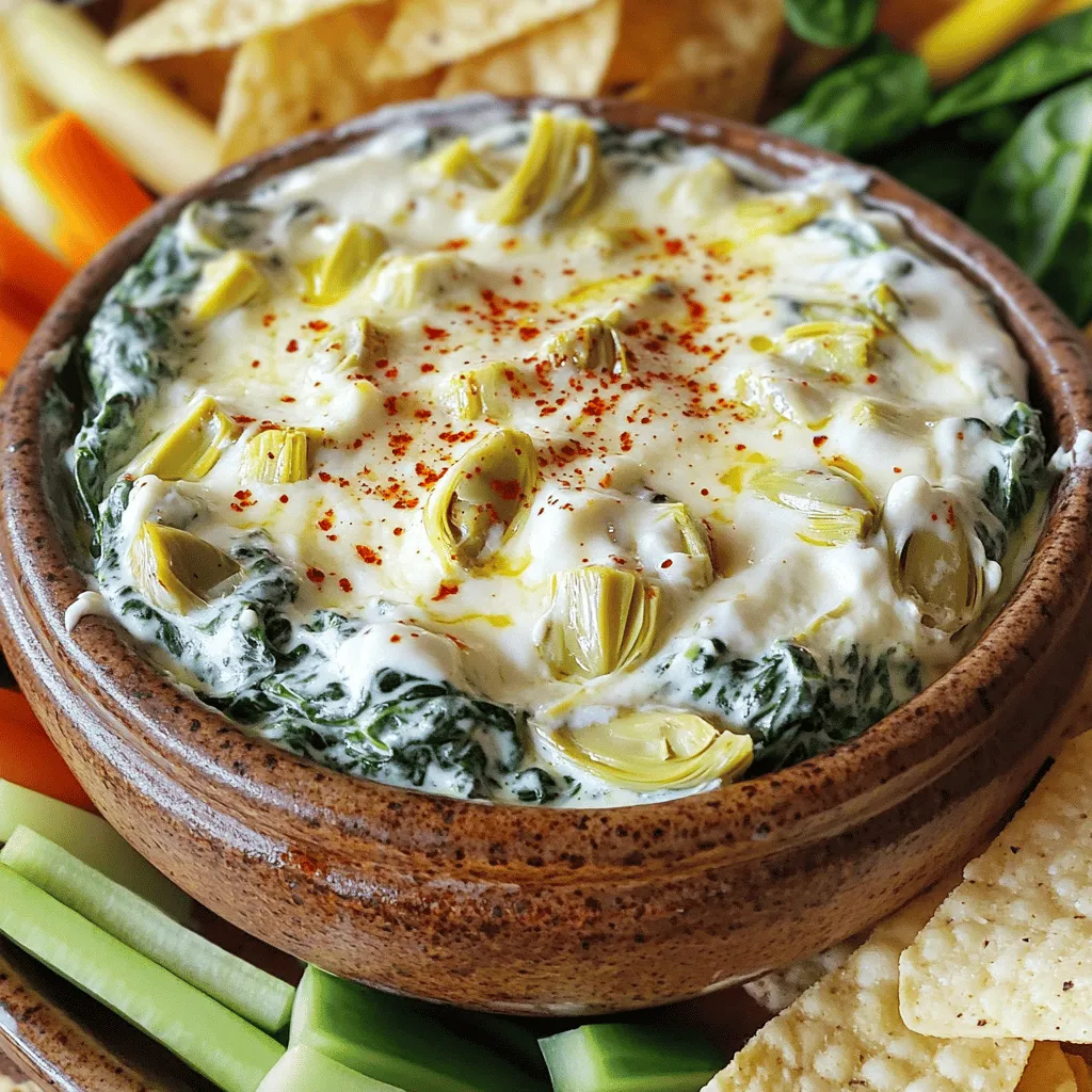 When making this creamy slow cooker spinach artichoke dip, you need a few key ingredients. Here’s the list you'll want to gather: - 1 (10 oz) package frozen chopped spinach, thawed and drained - 1 (14 oz) can artichoke hearts, drained and chopped - 1 cup cream cheese, softened - 1/2 cup sour cream - 1/2 cup mayonnaise - 1 cup grated Parmesan cheese - 1 cup shredded mozzarella cheese - 2 cloves garlic, minced - 1/4 teaspoon red pepper flakes (optional) - Salt and pepper to taste Each ingredient plays a role in creating that rich and creamy texture. The spinach and artichokes add a nice earthy flavor. Cream cheese, sour cream, and mayonnaise give it a smooth base. The Parmesan and mozzarella cheeses bring a cheesy goodness that melts beautifully. Garlic adds depth, and red pepper flakes can give it a little kick if you like heat. Make sure to check your pantry for these items. Having everything ready makes the cooking process so much easier and more fun! - Combine cream cheese, sour cream, and mayonnaise in a large bowl. - Stir in the thawed spinach, chopped artichokes, minced garlic, Parmesan cheese, and half of the mozzarella cheese. - Season with salt, pepper, and red pepper flakes for a little kick. In these steps, you blend creamy ingredients to create a smooth base. Mixing in the spinach and artichokes adds a nice texture and flavor. The garlic gives it a great depth. Don’t skip the seasoning; it really boosts the taste! - Transfer the mixture into your slow cooker and spread it out evenly. - Cook on low for 2-3 hours, stirring occasionally. It should be hot and bubbly when done. - In the last 15 minutes, sprinkle the remaining mozzarella on top. Cover until it melts. Cooking this dip in a slow cooker makes it super easy. The low heat allows all the flavors to marry together. Stirring occasionally helps it heat evenly. Adding more cheese at the end makes it extra cheesy and delicious! Enjoy this dip warm with your favorite dippers. - Ensure spinach is well-drained. This step helps avoid a watery dip. Press the spinach tightly to remove extra liquid. - Use softened cream cheese for easy mixing. It blends better with other ingredients and creates a smooth texture. - For dipping, I love to use tortilla chips. They add a nice crunch. - Toasted bread is another great option. It gives a warm, hearty taste. - Vegetable sticks like carrots and celery also work well. They add freshness and color. {{image_2}} You can easily make this dip your own by swapping some ingredients. For a lighter touch, use Greek yogurt instead of sour cream. It adds creaminess and a tangy flavor. If you want to change the cheese, try different types like cheddar or pepper jack. Each cheese brings a unique taste that can change the whole dip. To elevate the flavor, consider adding fresh herbs like basil or oregano. These herbs give your dip an aromatic kick. You can also adjust the garlic level based on your taste. If you love garlic, add more. If you prefer a milder taste, use less. These simple changes help you craft a dip that suits your palate perfectly. After a fun gathering, you might have some dip left. To store it, cover the dip well. You can use plastic wrap or a lid. Place it in the fridge. It will stay fresh for up to 3 days. Just make sure it is sealed tight to keep it from drying out. When you are ready to enjoy the dip again, you have a couple of options. You can reheat it in the microwave. Just put it in a bowl and heat for a minute or two. Stir it halfway to help it warm evenly. If you want the best results, use the slow cooker. Heat it on low for about 30 minutes. This way, it stays creamy and smooth. To spice up your dip, add more red pepper flakes or diced jalapeños. Start with a small amount. You can always add more if needed. These spicy additions give your dip a nice kick. Yes, you can prep this dip ahead. Mix your ingredients and store them in the fridge. This helps save time on the day of your gathering. Just remember to cook it in the slow cooker when you're ready. Here are some tasty options for dipping: - Tortilla chips - Toasted bread - Vegetable sticks - Pita chips These sides pair perfectly with the creamy dip. Enjoy experimenting with different dippers! You can whip up a tasty slow cooker spinach artichoke dip with simple ingredients and steps. Start by combining cream cheese, sour cream, and artichokes. Cook it slowly for the best flavor. Remember, you can customize it by adding herbs or switching cheeses. Enjoy your dip with chips or veggies, and store leftovers easily. This recipe offers warmth and satisfaction in every bite. Make it your own, and share it with friends. Happy dipping!