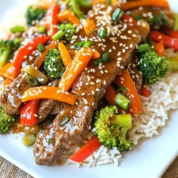- 1 lb flank steak, thinly sliced against the grain - 1 cup orange juice (freshly squeezed if possible) - 2 tablespoons ginger, fresh grated - 3 cloves garlic, minced - ¼ cup soy sauce (low sodium) - 2 tablespoons honey - 1 tablespoon cornstarch - 2 tablespoons vegetable oil - 1 red bell pepper, sliced - 1 cup broccoli florets - 1 carrot, julienned - Sesame seeds, for garnish - Green onions, chopped, for garnish You can make some easy swaps in this recipe. If you don't have flank steak, try sirloin or chicken. For soy sauce, use tamari for a gluten-free option. Instead of fresh orange juice, bottled juice will work. You can also try using maple syrup in place of honey for a different sweetness. If you want a kick, add crushed red pepper flakes. Using fresh ingredients is key to great flavor. Fresh ginger and garlic give a bright taste. Fresh vegetables add crunch and color. Fresh orange juice brings a sweet, zesty punch. The better your ingredients, the better your dish will taste. Always choose quality when shopping. This choice makes your Orange Ginger Beef taste truly special. First, make the marinade. In a bowl, whisk together: - 1 cup orange juice - 2 tablespoons fresh ginger, grated - 3 cloves garlic, minced - ¼ cup low sodium soy sauce - 2 tablespoons honey - 1 tablespoon cornstarch This mix gives the beef a great flavor. Next, add the thinly sliced flank steak to the bowl. Make sure each piece is coated well. Cover the bowl and let it marinate for at least 30 minutes. If you have more time, marinate for up to 2 hours in the fridge. This extra time helps the beef soak up the flavors. Now, heat 1 tablespoon of vegetable oil in a large skillet or wok over medium-high heat. After the oil is hot, remove the beef from the marinade. Keep the marinade for later. Add the beef to the skillet. Stir-fry it for about 3-4 minutes. You want the beef to brown well and cook through. Once done, transfer the beef to a plate. In the same skillet, add 1 more tablespoon of vegetable oil. Next, toss in: - 1 red bell pepper, sliced - 1 cup broccoli florets - 1 carrot, julienned Stir-fry these veggies for about 2-3 minutes. You want them to be tender-crisp. After that, add the cooked beef back into the skillet. Pour in the reserved marinade. Cook everything together for another 2-3 minutes. Stir constantly until the sauce thickens and everything is hot. Now, you are ready to plate this dish. Enjoy the vibrant flavors and colors! To boost flavor, focus on your marinade. Use fresh orange juice for a bright taste. Fresh ginger adds a spicy kick. If you want more depth, add some chili flakes. You can also try using tamari instead of soy sauce for a gluten-free twist. Stir-frying is key for great texture. Heat your pan well before adding oil. This helps the beef sear nicely. Cook the beef in small batches. Overcrowding the pan will steam it instead of browning it. When cooking veggies, keep them crisp. They should be tender but still bright. Avoid using old ingredients. Freshness makes a big difference in flavor. Don't skip the marinating step. It adds deep flavor to the beef. Also, be careful not to overcook the vegetables. They should stay colorful and crunchy. Lastly, always reserve some marinade. It thickens nicely for the final sauce. {{image_2}} You can swap the flank steak for chicken, shrimp, or tofu. Each option changes the taste and texture. Chicken breast works well; just cut it into thin strips. Shrimp cooks quickly, so keep an eye on it in the pan. Tofu is a great meatless choice. Use firm or extra-firm tofu for the best results. Press it first to remove excess water, then slice it. The marinade will still give these proteins a rich flavor. Feel free to mix in your favorite veggies. Snap peas, zucchini, or bell peppers are good choices. They add crunch and color. If you prefer a more earthy taste, mushrooms or bok choy work well too. Always chop your veggies into similar sizes. This helps them cook evenly. You can also add spinach at the end. It wilts quickly and adds great nutrients. You can try several cooking methods for this dish. Stir-frying is the most common. It keeps the beef tender and the veggies crisp. If you want a hands-off approach, use a slow cooker. Just combine everything in the pot and let it cook on low for several hours. You can also grill the beef for a smoky flavor. Just marinate and thread the beef onto skewers. Cook until charred outside but tender inside. Each method gives a unique twist to your orange ginger beef. After you enjoy your meal, let the orange ginger beef cool down. Place it in an airtight container. This keeps it fresh and tasty. You can store it in the fridge for up to three days. Make sure to label it with the date so you know when to eat it. If you want to save some for later, freezing is a great option. First, let the beef cool completely. Then, pack it in a freezer-safe bag or container. Try to remove as much air as you can. This helps prevent freezer burn. You can freeze it for up to three months. When you’re ready to eat, just thaw it in the fridge overnight. To reheat your orange ginger beef, you can use a skillet or the microwave. If using a skillet, heat it over medium heat. Add a splash of water or broth to keep it moist. Stir it often until it's hot. If using a microwave, place it in a bowl and cover it. Heat on medium power in short bursts. Check it often to avoid overcooking. Enjoy your meal again with the same great flavor! To add spice, use red pepper flakes or sliced fresh chili. Adjust the amount based on your taste. You can also add a dash of hot sauce to the marinade. This adds heat without changing the dish's core flavor. Spice makes your meal more exciting! Yes, you can use cuts like sirloin or ribeye. These cuts also taste great when thinly sliced. Just remember to adjust the cooking time based on the thickness. Tender cuts will cook quicker than tougher ones. Each cut offers a unique flavor and texture. Serve this dish with jasmine rice or noodles for a complete meal. You can also add a side of steamed veggies for balance. Try serving it with a light salad too. This adds freshness and complements the dish well. Enjoy exploring different pairings! This post covered the key ingredients, cooking steps, and tips for Orange Ginger Beef. I shared ideas for ingredient swaps and variations to fit your taste. Fresh ingredients boost flavor, while good techniques make cooking easier. Remember to store leftovers properly and check the FAQs for common questions. Always experiment with spices and methods to make this dish your own. Cooking should be fun, so don’t stress. Enjoy crafting your perfect Orange Ginger Beef meal!