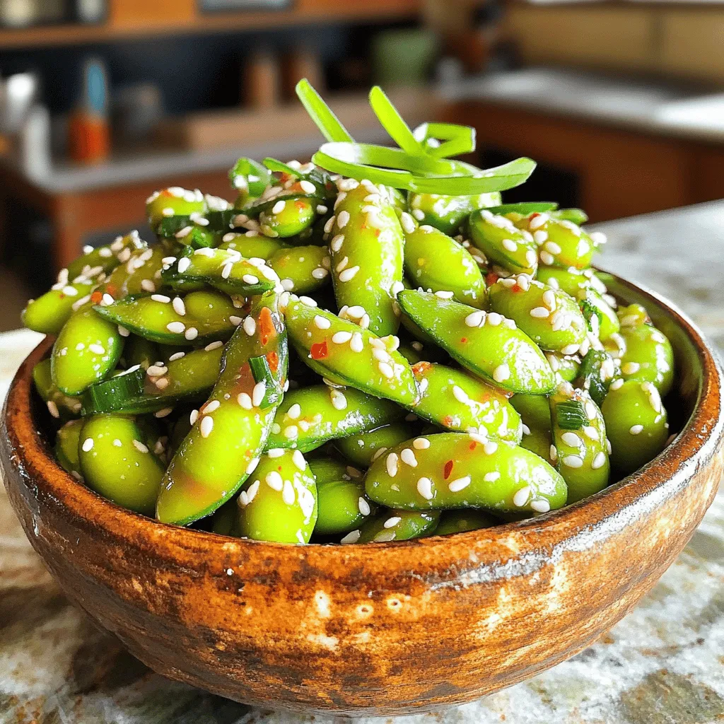 - 2 cups edamame (in pods, fresh or frozen) - 3 cloves garlic, minced - 2 tablespoons soy sauce - 1 tablespoon sriracha (adjust for spice level) - 1 teaspoon sesame oil - 1 teaspoon olive oil - 1 teaspoon rice vinegar - 1 tablespoon sesame seeds - 2 green onions, chopped (for garnish) - Salt to taste Edamame can be fresh or frozen. Fresh edamame is sweet and tender. Frozen edamame is quick and easy. Both are good options. Choose what you like. For garlic, use fresh cloves. Minced garlic gives the best flavor. You can chop it by hand or use a garlic press. The smaller the pieces, the stronger the flavor. You need sauces and oils for the perfect blend. Soy sauce adds saltiness. Sriracha gives heat. Sesame oil brings a nutty taste. Olive oil helps with cooking. Rice vinegar adds a tangy kick. - Chopped green onions - Sesame seeds You can add more toppings if you want. Chopped green onions add color and crunch. They also give a fresh taste. Sesame seeds are tiny but mighty. They add a nice crunch and nutty flavor. Plus, they look great on top of your dish. They also have healthy fats and protein. Use them for extra flavor and nutrition. To start, you need to prepare the edamame. If you have frozen edamame, boil a pot of water. Add the pods and cook them for 3 to 5 minutes. They should be tender but not mushy. If you are using fresh edamame, blanch them in boiling water for just 2 minutes. This helps keep their bright green color. To ensure the perfect texture, always drain the edamame well. Let them sit for a minute to cool down. This way, they will be ready for the next step. Now, let's move to cooking. In a large skillet, heat the olive oil and sesame oil over medium heat. This combination gives a great flavor base. Once the oils are hot, add the minced garlic. Sauté the garlic for about 30 seconds. You want it fragrant but be careful not to burn it. Next, pour in the soy sauce, sriracha, and rice vinegar. Mix these ingredients well. This is where the magic happens. The blend of flavors creates a savory and spicy sauce that coats the edamame perfectly. After that, add the cooked edamame pods to the skillet. Toss them well to coat with the sauce. Cook for another 2 to 3 minutes. This allows the edamame to absorb all the flavors. Once done, taste the edamame. If you think it needs more flavor, sprinkle a bit of salt. Now, it’s time for the finishing touches. Remove the skillet from heat and sprinkle sesame seeds on top. Gently toss them to mix. Transfer the spicy garlic edamame to a serving bowl. For a vibrant look, garnish with chopped green onions. This adds a fresh crunch and color. Enjoy this easy delight! - Adjusting sriracha levels: You can change the spice by using more or less sriracha. Start with one tablespoon and add more if you like it hotter. - Other spicy ingredient alternatives: Try adding chili flakes or a dash of hot sauce for extra heat. You can also use minced jalapeños for a fresh twist. - Nutritional information and benefits of ingredients: Edamame is rich in protein and fiber. It has vitamins like K and C. Garlic adds health benefits too, like boosting your immune system. - Caloric content and serving size info: One serving (about 1 cup) has around 120 calories. It's a healthy snack that fills you up without too many calories. - Overcooking edamame: Cooking too long makes edamame mushy. Stick to 3-5 minutes for frozen and 2 minutes for fresh. - Burning garlic and flavor loss: Garlic cooks fast! Sauté it for only 30 seconds. If it burns, it will taste bitter and ruin your dish. {{image_2}} You can change the flavor of spicy garlic edamame by adding different sauces or spices. For a sweet twist, try adding honey or maple syrup. If you like a tangy kick, mix in a splash of lime juice. You could also use chili garlic sauce for extra heat. Asian fusion ideas are fun, too! Consider adding a touch of hoisin sauce or a sprinkle of five-spice powder. These flavors can bring new life to your dish. Spicy garlic edamame pairs well with many dishes. Serve it alongside rice or noodles for a complete meal. You could even add a side of grilled veggies for more color and taste. For drinks, iced green tea works great. It’s refreshing and balances the spice. You could also try a light beer if you want something fizzy. If you need gluten-free options, use tamari instead of soy sauce. Tamari gives the same umami flavor without gluten. To make it vegan-friendly, ensure your sauces are plant-based. Most soy sauce and sriracha brands fit this need. Just check the labels to be sure. To keep your spicy garlic edamame fresh, place it in an airtight container. Store it in the fridge right after it cools down. The leftovers can last for about three days. Make sure to check for any off smell before eating. If you want to save some for later, freezing is a great option. First, let the edamame cool completely. Then, spread them out on a baking sheet in a single layer. Freeze them for about an hour. Once frozen, transfer the edamame to a freezer bag. Remove as much air as possible. They can stay fresh for up to three months. When you're ready to use them, thaw the edamame in the fridge overnight for best quality. When reheating, you can choose between microwave or stove-top. For the microwave, place the edamame in a bowl and cover it. Heat for about one minute, then stir and heat more if needed. If you prefer stove-top, add a little olive oil to a skillet and heat over medium. Toss in the edamame, stirring for about three minutes until warm. This helps maintain the flavor and texture. Enjoy your delicious snack! Spicy garlic edamame is a tasty snack or side dish. It features young soybeans in their pods, tossed in a flavorful garlic sauce. This dish is popular in Japanese and Asian cuisine. People love its crunchy texture and spicy kick. The garlic adds depth, while the sriracha brings heat. You can serve it warm or cold. It makes a great appetizer or a party treat. Yes, you can use frozen edamame. It is easy to cook and still tasty. If you use frozen pods, boil them for about 3-5 minutes until they are tender. Fresh edamame needs only 2 minutes of boiling. This will keep them crisp and bright green. Adjust your cooking time based on what you have. To make it milder, use less sriracha. You can start with just a half tablespoon. You can also add more soy sauce to balance the heat. Another option is to skip the sriracha and use just garlic and soy sauce. Adding a squeeze of lime can also help cool it down. These tips will keep the flavor while reducing the spice. In summary, you learned how to make spicy garlic edamame. We covered key ingredients, cooking steps, and helpful tips. Remember to choose your edamame wisely and prepare garlic carefully. You can make it spicier or milder based on your taste. Also, don't forget to store leftovers properly. Enjoy exploring variations to suit your diet. This dish is tasty, good for you, and easy to share. Dive in and create your perfect bowl of edamame!