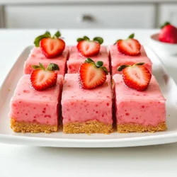 - 1 cup graham cracker crumbs - 1/2 cup unsalted butter, melted - 1/4 cup granulated sugar - 1 cup fresh strawberries, pureed - 1/2 cup fresh lemon juice (about 4-5 lemons) - 1 cup sweetened condensed milk - 1/2 teaspoon lemon zest - Fresh strawberries for garnish These ingredients create a bright, sweet, and tangy treat. The graham cracker crumbs form a crunchy base. The melted butter helps bind the crumbs together. Granulated sugar sweetens the crust nicely. Fresh strawberries add fruitiness, and lemon juice brings a zesty kick. Sweetened condensed milk gives the filling creaminess. Lemon zest adds extra flavor. Finally, fresh strawberries on top make each bar look great. If you need to avoid gluten, use gluten-free graham crackers. You can also swap unsalted butter for coconut oil to make it dairy-free. Instead of sweetened condensed milk, use coconut cream for a non-dairy version. For sugar, try using honey or maple syrup. These swaps will keep the bars tasty while fitting your needs. When picking strawberries, look for bright red ones with no dark spots. They should smell sweet and fresh. For lemons, choose ones that feel heavy for their size. This means they have lots of juice. Fresh ingredients make a big difference in flavor. Always wash your fruits well before using them. This ensures they are clean and safe to eat. To make no bake strawberry lemonade bars, start with the crust. In a medium bowl, mix 1 cup of graham cracker crumbs, 1/2 cup of melted unsalted butter, and 1/4 cup of granulated sugar. Stir until it looks like wet sand. Next, press the crumb mix into the bottom of a 9x9-inch baking dish. Make sure it is even and flat. Chill this crust in the fridge while you prepare the filling. For the filling, blend 1 cup of fresh strawberries into a puree. In another bowl, whisk together this puree, 1/2 cup of fresh lemon juice, 1 cup of sweetened condensed milk, and 1/2 teaspoon of lemon zest. Mix until smooth. Pour this mixture over the chilled crust. Spread it evenly with a spatula. Cover the dish with plastic wrap and refrigerate for at least 4 hours. Once set, cut the bars into squares. Garnish each with a slice of fresh strawberry. This adds a nice touch! Pressing the crust down is key. Use the back of a measuring cup to compact the crumbs. This helps the crust hold together. Start from the center and work your way out to the edges. Make sure it is even, with no gaps. A good crust gives the bars a nice base. If you want a firmer crust, add a bit more butter. You can also bake the crust for 10 minutes at 350°F if you prefer a baked flavor. Just let it cool before adding the filling. For a great filling, mix the ingredients well. The sweetened condensed milk helps create a creamy texture. Make sure your strawberry puree is smooth. If there are lumps, blend it again. Whisk the filling until it is combined. This ensures the flavors mix well. If the mixture is too thick, add a bit more lemon juice. The right consistency makes the bars easy to slice after chilling. Enjoy the sweet and tangy flavor of summer! To boost the taste of your bars, try using fresh ingredients. Fresh strawberries add a bright flavor. Use ripe strawberries for the best sweetness. Add more lemon zest for a tangy kick. You can also mix in a bit of vanilla extract. This will give your bars a warm note that pairs well with fruit. One common mistake is not pressing the crust firmly. This can lead to a crumbly base. Use the back of a measuring cup to pack it down well. Another mistake is not chilling the bars long enough. They need at least four hours in the fridge to set properly. Finally, be careful not to overmix the filling. This can make it too runny. Mix just until smooth for the best results. You don't need many tools for this recipe. A medium bowl works great for mixing. A spatula helps spread the filling evenly. A 9x9-inch baking dish is perfect for the bars. Make sure to have a measuring cup for accurate portions. Lastly, a whisk is key for blending the filling ingredients. These tools will help you create tasty bars with ease. {{image_2}} You can change the fruit in this recipe to match your taste. Instead of strawberries, try fresh blueberries, raspberries, or peaches. Each fruit gives a unique twist to the bars. For blueberries, use blueberry puree. For raspberries, mash them well before adding. If you want a peach flavor, blend fresh peaches into a smooth puree. Adjust the lemon juice to keep the balance of tangy and sweet. Making these bars vegan is simple! Swap the sweetened condensed milk for coconut cream. Use vegan butter instead of regular butter. For gluten-free options, choose gluten-free graham crackers. Check the labels to ensure all ingredients are free from gluten. These swaps keep the bars tasty and friendly for different diets. Toppings can change the whole look and feel of your bars. Try adding crushed nuts like almonds or walnuts for crunch. You can also sprinkle shredded coconut on top. Fresh fruit slices add color and flavor. Drizzle some melted dark chocolate for a sweet touch. These toppings make your no-bake bars not only fun but also more delicious! To keep your no bake strawberry lemonade bars fresh, store them in the fridge. Use an airtight container to prevent drying out. Make sure to place parchment paper between layers if stacking. This keeps the bars from sticking together. Chill them for at least four hours before serving. This helps them set properly and enhances the flavors. You can freeze these bars for longer storage. Cut them into squares before freezing. Wrap each piece in plastic wrap, then place them in a freezer-safe bag. This prevents freezer burn. To enjoy later, thaw them in the fridge overnight. This ensures they stay creamy and delicious. These bars last about one week in the fridge. Keep an eye on the freshness of the strawberries. If they start looking dull, it is time to enjoy them. When frozen, they can last up to three months. Just remember to label your container with the date. This helps you keep track of freshness. Yes, you can use frozen strawberries. Just thaw them first. Drain any extra liquid before you puree them. This step keeps the filling from getting too runny. Using frozen strawberries can save you time in the kitchen. They still give great flavor! These bars last about one week in the fridge. Store them in an airtight container to keep them fresh. If you want to enjoy them longer, consider freezing them. They freeze well and can last up to three months. Yes, you can make these bars ahead of time! They are perfect for parties or picnics. Make them the day before, and let them set in the fridge. This way, you can enjoy your time with friends and family. This blog post covered everything you need for no-bake strawberry lemonade bars. We shared the best ingredients, tips for preparation, and ways to enhance flavors. You learned how to store them properly and answered common questions. Remember, fresh ingredients make a big difference. Avoid common mistakes to ensure success. With these steps and tips, you can make these bars your own. Enjoy experimenting with flavors and variations to find your favorite. Happy baking!
