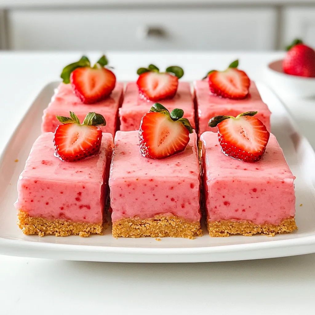 - 1 cup graham cracker crumbs - 1/2 cup unsalted butter, melted - 1/4 cup granulated sugar - 1 cup fresh strawberries, pureed - 1/2 cup fresh lemon juice (about 4-5 lemons) - 1 cup sweetened condensed milk - 1/2 teaspoon lemon zest - Fresh strawberries for garnish These ingredients create a bright, sweet, and tangy treat. The graham cracker crumbs form a crunchy base. The melted butter helps bind the crumbs together. Granulated sugar sweetens the crust nicely. Fresh strawberries add fruitiness, and lemon juice brings a zesty kick. Sweetened condensed milk gives the filling creaminess. Lemon zest adds extra flavor. Finally, fresh strawberries on top make each bar look great. If you need to avoid gluten, use gluten-free graham crackers. You can also swap unsalted butter for coconut oil to make it dairy-free. Instead of sweetened condensed milk, use coconut cream for a non-dairy version. For sugar, try using honey or maple syrup. These swaps will keep the bars tasty while fitting your needs. When picking strawberries, look for bright red ones with no dark spots. They should smell sweet and fresh. For lemons, choose ones that feel heavy for their size. This means they have lots of juice. Fresh ingredients make a big difference in flavor. Always wash your fruits well before using them. This ensures they are clean and safe to eat. To make no bake strawberry lemonade bars, start with the crust. In a medium bowl, mix 1 cup of graham cracker crumbs, 1/2 cup of melted unsalted butter, and 1/4 cup of granulated sugar. Stir until it looks like wet sand. Next, press the crumb mix into the bottom of a 9x9-inch baking dish. Make sure it is even and flat. Chill this crust in the fridge while you prepare the filling. For the filling, blend 1 cup of fresh strawberries into a puree. In another bowl, whisk together this puree, 1/2 cup of fresh lemon juice, 1 cup of sweetened condensed milk, and 1/2 teaspoon of lemon zest. Mix until smooth. Pour this mixture over the chilled crust. Spread it evenly with a spatula. Cover the dish with plastic wrap and refrigerate for at least 4 hours. Once set, cut the bars into squares. Garnish each with a slice of fresh strawberry. This adds a nice touch! Pressing the crust down is key. Use the back of a measuring cup to compact the crumbs. This helps the crust hold together. Start from the center and work your way out to the edges. Make sure it is even, with no gaps. A good crust gives the bars a nice base. If you want a firmer crust, add a bit more butter. You can also bake the crust for 10 minutes at 350°F if you prefer a baked flavor. Just let it cool before adding the filling. For a great filling, mix the ingredients well. The sweetened condensed milk helps create a creamy texture. Make sure your strawberry puree is smooth. If there are lumps, blend it again. Whisk the filling until it is combined. This ensures the flavors mix well. If the mixture is too thick, add a bit more lemon juice. The right consistency makes the bars easy to slice after chilling. Enjoy the sweet and tangy flavor of summer! To boost the taste of your bars, try using fresh ingredients. Fresh strawberries add a bright flavor. Use ripe strawberries for the best sweetness. Add more lemon zest for a tangy kick. You can also mix in a bit of vanilla extract. This will give your bars a warm note that pairs well with fruit. One common mistake is not pressing the crust firmly. This can lead to a crumbly base. Use the back of a measuring cup to pack it down well. Another mistake is not chilling the bars long enough. They need at least four hours in the fridge to set properly. Finally, be careful not to overmix the filling. This can make it too runny. Mix just until smooth for the best results. You don't need many tools for this recipe. A medium bowl works great for mixing. A spatula helps spread the filling evenly. A 9x9-inch baking dish is perfect for the bars. Make sure to have a measuring cup for accurate portions. Lastly, a whisk is key for blending the filling ingredients. These tools will help you create tasty bars with ease. {{image_2}} You can change the fruit in this recipe to match your taste. Instead of strawberries, try fresh blueberries, raspberries, or peaches. Each fruit gives a unique twist to the bars. For blueberries, use blueberry puree. For raspberries, mash them well before adding. If you want a peach flavor, blend fresh peaches into a smooth puree. Adjust the lemon juice to keep the balance of tangy and sweet. Making these bars vegan is simple! Swap the sweetened condensed milk for coconut cream. Use vegan butter instead of regular butter. For gluten-free options, choose gluten-free graham crackers. Check the labels to ensure all ingredients are free from gluten. These swaps keep the bars tasty and friendly for different diets. Toppings can change the whole look and feel of your bars. Try adding crushed nuts like almonds or walnuts for crunch. You can also sprinkle shredded coconut on top. Fresh fruit slices add color and flavor. Drizzle some melted dark chocolate for a sweet touch. These toppings make your no-bake bars not only fun but also more delicious! To keep your no bake strawberry lemonade bars fresh, store them in the fridge. Use an airtight container to prevent drying out. Make sure to place parchment paper between layers if stacking. This keeps the bars from sticking together. Chill them for at least four hours before serving. This helps them set properly and enhances the flavors. You can freeze these bars for longer storage. Cut them into squares before freezing. Wrap each piece in plastic wrap, then place them in a freezer-safe bag. This prevents freezer burn. To enjoy later, thaw them in the fridge overnight. This ensures they stay creamy and delicious. These bars last about one week in the fridge. Keep an eye on the freshness of the strawberries. If they start looking dull, it is time to enjoy them. When frozen, they can last up to three months. Just remember to label your container with the date. This helps you keep track of freshness. Yes, you can use frozen strawberries. Just thaw them first. Drain any extra liquid before you puree them. This step keeps the filling from getting too runny. Using frozen strawberries can save you time in the kitchen. They still give great flavor! These bars last about one week in the fridge. Store them in an airtight container to keep them fresh. If you want to enjoy them longer, consider freezing them. They freeze well and can last up to three months. Yes, you can make these bars ahead of time! They are perfect for parties or picnics. Make them the day before, and let them set in the fridge. This way, you can enjoy your time with friends and family. This blog post covered everything you need for no-bake strawberry lemonade bars. We shared the best ingredients, tips for preparation, and ways to enhance flavors. You learned how to store them properly and answered common questions. Remember, fresh ingredients make a big difference. Avoid common mistakes to ensure success. With these steps and tips, you can make these bars your own. Enjoy experimenting with flavors and variations to find your favorite. Happy baking!