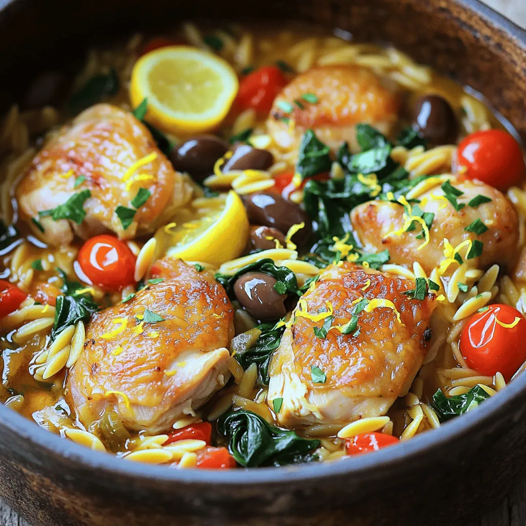 To make this dish, you need key ingredients that bring it to life. Here’s what you’ll need: - 1 lb boneless, skinless chicken thighs, cut into bite-sized pieces - 1 cup orzo pasta - 1 medium onion, diced - 3 cloves garlic, minced - 2 cups chicken broth - 1 lemon (zest and juice) - 1 cup cherry tomatoes, halved - 1/2 cup Kalamata olives, pitted and sliced - 1 cup baby spinach - 1 teaspoon dried oregano - 1 teaspoon dried thyme - Salt and pepper to taste - 2 tablespoons olive oil - Fresh parsley for garnish (optional) These ingredients create a bright taste profile with each bite. The lemon and chicken broth add depth, while the olives and herbs give a Mediterranean flair. If you want to elevate your dish, consider adding these extras: - Feta cheese for a salty kick - Red pepper flakes for some heat - Capers for a briny bite These optional ingredients can enhance the flavor. Feel free to mix and match based on your taste. You might not have every ingredient on hand. Here are some easy swaps: - Use chicken breast instead of thighs for a leaner option. - Swap orzo for rice if you want to change the texture. - Any green like kale or Swiss chard can replace spinach. These substitutions keep the essence of the dish while fitting your pantry needs. Cooking should be fun and flexible! First, gather all your ingredients. You need chicken thighs, orzo, and fresh veggies. Cut the chicken into small pieces. This helps it cook faster and makes it easy to eat. Dice one medium onion and mince three cloves of garlic. This adds great flavor to our dish. In a large pot or Dutch oven, heat two tablespoons of olive oil over medium-high heat. Once the oil is hot, add the chicken pieces. Season them with salt and pepper. Cook the chicken for about 5 to 7 minutes. You want it browned on all sides. After that, take the chicken out and set it aside on a plate. Now, in the same pot, add the diced onion. Sauté it for about 3 to 4 minutes, until it is soft and clear. Next, add the minced garlic. Cook this for just 1 minute until it smells great. This step is key for a tasty base. After the onion and garlic are ready, stir in 1 cup of orzo pasta. Toast it for 1 to 2 minutes. This gives it a nice flavor. Then, pour in 2 cups of chicken broth. Add the zest and juice from one lemon, along with 1 teaspoon of dried oregano and thyme. Bring this to a simmer. Next, return the browned chicken to the pot. Add in 1 cup of halved cherry tomatoes and 1/2 cup of sliced Kalamata olives. Cover the pot and let it cook for about 10 to 12 minutes. This allows the orzo to absorb the broth and flavors. Keep an eye on it so it doesn’t dry out. Once the orzo is tender, stir in 1 cup of baby spinach. It will wilt quickly. Taste and adjust the seasoning with more salt and pepper if needed. After that, remove the pot from heat. Let it sit for a few minutes; this helps the flavors blend. For a nice touch, garnish with fresh parsley before serving. This dish is colorful and bright. Enjoy this one-pot meal with friends or family. It is sure to impress! To make your chicken tender, start with boneless, skinless chicken thighs. They stay juicy. Cut them into bite-sized pieces for quick cooking. Heat olive oil over medium-high heat in your pot. Add the chicken and season with salt and pepper. Cook until browned, about 5-7 minutes. Don’t overcrowd the pot; this helps it brown well. Remove the chicken to avoid overcooking. Cooking orzo is simple. Toast it first in the pot with a bit of oil. This adds flavor. Stir for one to two minutes until slightly golden. Then, add chicken broth and bring it to a simmer. Cover the pot and cook for about 10-12 minutes. This allows the orzo to absorb the broth and flavors. Check for doneness; it should be tender but not mushy. You can boost the flavor in many ways. Use fresh herbs like parsley or dill as a garnish. They add freshness. Adding a splash of white wine to the broth gives depth. For a bit of heat, add red pepper flakes when cooking. You can swap out Kalamata olives for green olives if you prefer. Don’t forget to squeeze in extra lemon juice for more zing! {{image_2}} For a vegetarian twist, swap the chicken for chickpeas or tofu. Use the same seasonings and broth. This keeps the dish hearty and full of flavor. Add extra veggies like bell peppers, zucchini, or mushrooms for a colorful plate. The lemon and herbs still make it bright and fresh. If you love heat, add diced jalapeños or red pepper flakes. Sauté them with the onion for a spicy kick. You can also mix in roasted red peppers for a smoky flavor. This version pairs well with the lemon and olives, giving you a zesty, fiery dish that excites your palate. To make this dish gluten-free, replace orzo with rice or quinoa. Both options absorb the flavors well. Adjust cooking times, as rice may need more liquid and time to cook. Use gluten-free broth to keep it safe for all diets. Enjoy the same great taste without the gluten! To keep your One-Pot Greek Lemon Chicken Orzo fresh, store it in the fridge. Use an airtight container. This helps maintain flavor and texture. It is best to eat it within three days. Before placing it in the fridge, let it cool to room temperature. This prevents condensation and sogginess. You can freeze this dish if you want to save some for later. First, allow it to cool completely. Then, transfer it to a freezer-safe container. Make sure to leave some space at the top for expansion. Label it with the date. You can freeze it for up to three months. Reheating is simple. You can use the microwave or the stove. For the microwave, place the orzo in a bowl. Add a splash of chicken broth or water. Heat it for 1-2 minutes, stirring halfway. On the stove, use a small pot. Add the orzo and a little broth. Heat on low until warm, stirring often. This keeps the dish moist and tasty. You can pair this dish with a simple salad. A Greek salad works great. Just mix chopped cucumbers, tomatoes, and feta. Drizzle with olive oil and lemon juice. Warm crusty bread or pita also complements the meal well. You might enjoy a side of grilled vegetables. They add color and flavor to your plate. Yes, you can make this dish in advance. Just cook it as directed and cool it down. Store it in an airtight container in the fridge. It should last up to three days. When ready to eat, gently reheat it on the stove. Add a splash of broth if needed for moisture. To serve more people, simply double the recipe. Use 2 pounds of chicken and 2 cups of orzo. Increase the broth and other ingredients accordingly. Make sure your pot is large enough. This will help ensure even cooking for all ingredients. If you want to serve a crowd, consider adding more vegetables, too. This blog covers the essential ingredients and steps for One-Pot Greek Lemon Chicken Orzo. I shared tips to keep chicken tender and orzo perfect. You can also try tasty variations, like a vegetarian option or a spicy twist. Proper storage is key for freshness. Cooking should be fun and easy, so go ahead and experiment. With these tips, your dish will surely impress. Enjoy the flavors of Greece in your home!
