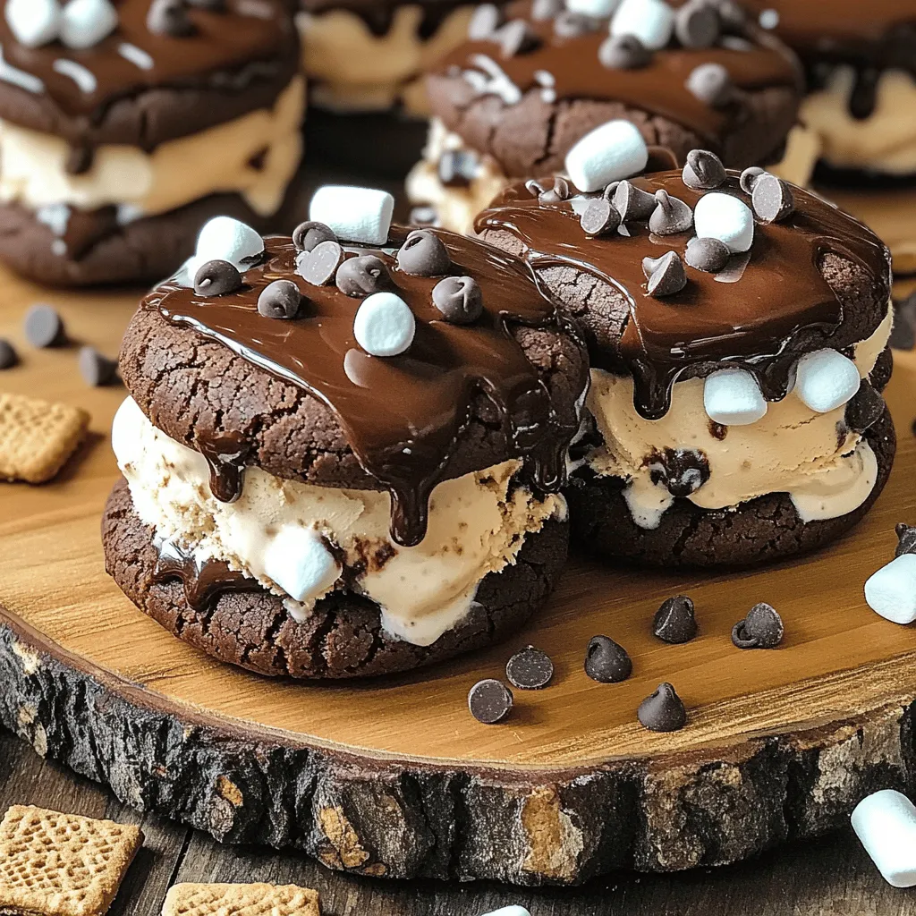 To make S'mores ice cream sandwiches, gather these basic ingredients: - 1 cup graham cracker crumbs - 1/2 cup unsweetened cocoa powder - 1/2 cup granulated sugar - 1/4 cup unsalted butter, melted - 1/4 teaspoon salt - 1/2 teaspoon vanilla extract - 2 cups chocolate ice cream (or your favorite flavor) - 1 cup mini marshmallows - 1/2 cup chocolate chips, for garnish These items create a sweet and tasty treat. The graham cracker crumbs give a nice crunch. The cocoa powder adds rich chocolate flavor. Together, they form the cookie base. You can swap some ingredients if needed. - Use almond or coconut butter instead of unsalted butter. - Try brown sugar if you want a richer flavor. - For a gluten-free option, use gluten-free graham crackers. - Any ice cream can work, like vanilla or strawberry. These swaps help fit your taste or dietary needs. Quality ice cream makes a big difference. Look for options with natural ingredients. Ice cream with fewer additives tastes better. - Check for a high butterfat content. It leads to creamier ice cream. - Go for brands that use real vanilla or chocolate. - Avoid ice creams that list "artificial flavor" or "high fructose corn syrup." Choosing good ice cream helps your S'mores ice cream sandwiches shine. To start, gather your ingredients. You need graham cracker crumbs, cocoa powder, sugar, melted butter, salt, and vanilla extract. In a mixing bowl, combine the graham cracker crumbs and cocoa powder. Add in the sugar, melted butter, salt, and vanilla extract. Mix it all together until it looks like dough. This dough is the base for your cookies. Next, scoop out tablespoon-sized amounts of dough. Roll them into balls and place them on a parchment-lined baking sheet. Flatten each ball slightly to shape the cookies. Now, preheat your oven to 350°F (175°C). Bake the cookies for 10 to 12 minutes. They should be firm at the edges. Once done, let them cool on the baking sheet for about five minutes. Then, move them to a wire rack to cool completely. Once your cookies are cool, it’s time to assemble. Scoop chocolate ice cream into a bowl. Let it soften for a few minutes. Take one cooled cookie and spread a generous layer of the softened ice cream on the flat side. Top it with mini marshmallows. Then, place another cookie on top, flat side down. You now have a sandwich! If you want a gooey texture, microwave the sandwiches for about 10 to 15 seconds. Finally, roll the edges in chocolate chips for an extra treat. Freeze the sandwiches for about 30 minutes to firm them up. Enjoy this fun and delicious treat! To soften ice cream, take it out of the freezer about 10 to 15 minutes before you start. This helps it get creamy and easy to spread. If you’re in a hurry, use a microwave. Set it on low power for 10 seconds. Check and repeat if needed, but don’t let it melt too much! Softened ice cream makes a big difference in how the sandwiches taste. For a gooey marshmallow center, use mini marshmallows when you build your sandwich. Place them on top of the ice cream filling. If you want them extra gooey, heat the whole sandwich in the microwave for just 10 to 15 seconds. This melts the marshmallows just right, and it creates a fun texture. Just be careful not to overheat, or you’ll end up with a mess! When serving S’mores ice cream sandwiches, presentation adds a special touch. Arrange them on a rustic wooden platter. Drizzle chocolate syrup over them for a sweet look. Sprinkle leftover graham cracker crumbs around the sandwiches. This not only looks good but also hints at the yummy flavors inside. Your guests will be excited to dig in! {{image_2}} You can switch up the ice cream to fit your taste. While chocolate ice cream is classic, try vanilla or strawberry for a fun twist. Coffee ice cream adds a nice kick too. If you love mint, mint chocolate chip can give your sandwiches a cool vibe. Get creative! The flavor you choose can change the whole treat. The cookie base is just as flexible. Instead of graham crackers, use sugar cookies or peanut butter cookies. These bases bring new flavors and textures. You could even make cookies with oats for a heartier bite. Each base gives your sandwich a fresh twist that keeps things exciting. Don’t stop at just marshmallows and chocolate chips. Add crushed nuts, sprinkles, or coconut flakes for extra crunch. A drizzle of caramel or chocolate syrup can elevate your treat. You could even use flavored whipped cream for a fun touch. These toppings can turn your sandwich into a unique dessert. To store leftover S’mores ice cream sandwiches, wrap each one tightly in plastic wrap. This keeps them fresh and prevents freezer burn. Place the wrapped sandwiches in an airtight container. Store them in the freezer for up to two weeks. For best taste, eat them within a week. When freezing S’mores ice cream sandwiches, allow them to cool completely first. This helps keep the ice cream firm. After you wrap them, lay the sandwiches flat in your freezer. Avoid stacking them before they freeze. This way, they won’t stick together, and you can grab one easily. If you want a warm, gooey treat, warm the sandwiches in the microwave. Heat them for 10 to 15 seconds. This melts the marshmallows just enough. Be careful not to overheat them. You want them warm, not melted messes. Enjoy them fresh and gooey right after warming! Yes, you can use store-bought cookies. Choose cookies that have a good size and texture. They should not be too soft. This helps hold the ice cream well. Store-bought options save time but may not taste as fresh. If you want the best flavor, make your own cookies. You can make the cookies and fill them ahead of time. Assemble the sandwiches and freeze them. This keeps them fresh and ready to eat. You can store them in an airtight container. They last up to a week in the freezer. When you want to serve, let them sit for a few minutes to soften slightly. Try different ice cream flavors like vanilla, strawberry, or mint. You can also switch up the cookie base. Use peanut butter cookies or oatmeal cookies for a fun twist. Add toppings like crushed nuts or sprinkles. You can even drizzle caramel sauce for extra sweetness. These changes can make the treat your own! S'mores ice cream sandwiches are fun to make and enjoy. You learned about vital ingredients, good swaps, and tips for ice cream quality. We covered how to prep the cookie dough, bake the cookies, and assemble these tasty treats. With the right tips and presentation ideas, your sandwiches will impress everyone. Feel free to explore fun variations and new flavors. Remember to store leftovers properly for best results. Let your creativity shine and enjoy every bite of your delicious s'mores ice cream sandwiches!