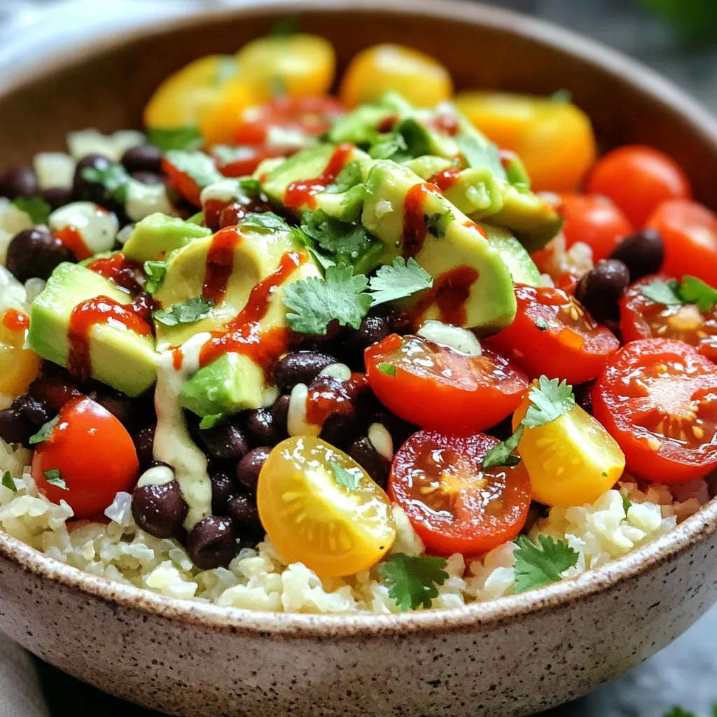 To make Sriracha Lime Cauliflower Rice Bowls, you need fresh and vibrant ingredients. Here’s what you will need: - Cauliflower - Olive oil - Garlic powder - Bell peppers - Cherry tomatoes - Black beans - Avocado - Cilantro - Sriracha sauce - Fresh lime juice - Salt and pepper Each ingredient plays a key role in creating a flavorful dish. The cauliflower acts as a healthy base. It gives a nice texture. Olive oil adds richness, while garlic powder brings depth. Colorful bell peppers and juicy cherry tomatoes enhance the bowl’s visual appeal. Black beans add protein and fiber. Creamy avocado gives a smooth finish. Fresh cilantro adds brightness. The Sriracha sauce and lime juice create a zesty drizzle. This spicy sauce can be adjusted to fit your taste. Finally, salt and pepper balance the flavors. These ingredients come together to make a delicious and satisfying meal. Start by ricing the cauliflower. First, remove the leaves and stem from the head. Then, chop the cauliflower into smaller florets. Place the florets in a food processor. Pulse until the pieces look like rice grains. If you don’t have a food processor, you can use a box grater. Grating works well, but it takes longer. Next, heat one tablespoon of olive oil in a large skillet over medium heat. Add the riced cauliflower to the pan. Sprinkle in one teaspoon of garlic powder, along with salt and pepper to taste. Sauté the cauliflower for about 5-7 minutes. Stir it occasionally. You want it to be tender but not mushy. While the cauliflower cooks, grab another pan. Add a splash of water and toss in one cup of diced bell peppers. Cook them on medium heat. Sauté for about 3-4 minutes until they soften a bit. This will make them sweet and tasty. After that, add one can of rinsed black beans and one cup of halved cherry tomatoes to the cooked cauliflower. Mix well. In a small bowl, mix three tablespoons of Sriracha sauce with two tablespoons of fresh lime juice. Adjust the Sriracha to your spice level. If you want it spicier, add more Sriracha. For less spice, use less. This drizzle adds a nice kick to the dish. Now it’s time to serve! Spoon the cauliflower rice mixture into bowls. Top with diced avocado and chopped cilantro for freshness. Drizzle the Sriracha-lime sauce generously over each bowl. Serve this dish immediately while it is still warm. Enjoy the fresh and tasty flavors! Achieving the right doneness for cauliflower is key. You want it tender but not mushy. Cook the riced cauliflower for about 5-7 minutes. Stir it gently as it cooks. This helps it cook evenly. Overcooking can turn it into a soggy mess. Keep an eye on it and taste for doneness. To add more depth to your dish, consider extra spices and herbs. Try adding cumin or paprika for a warm flavor. Fresh herbs like basil or parsley can brighten the dish. You can also switch up the sauces. If you want less heat, mix Sriracha with yogurt or mayo. It gives creaminess while still being flavorful. Experiment with different sauces to find your favorite blend. Each twist can create a new experience! {{image_2}} You can make your Sriracha Lime Cauliflower Rice Bowls even better by adding protein. Here are some great options: - Chicken: Grilled or sautéed chicken adds a tasty layer. - Tofu: For a vegetarian option, use firm tofu. Just cube it and sauté until golden. - Shrimp: Cook shrimp in the same pan for a quick, flavorful touch. These choices are perfect for any diet. You can mix and match them based on your needs. If you want vegetarian or vegan options, tofu works great. It absorbs flavors well and adds protein without meat. If you want to switch things up, try using other grains or veggies. Here are some tasty ideas: - Quinoa: This nutty grain is full of protein and fiber. It cooks fast and adds a nice texture. - Brown Rice: A classic choice, brown rice is filling and has a rich flavor. - Zucchini Noodles: For a low-carb option, spiralize zucchini. It adds freshness and crunch. - Sweet Potato: Roasted sweet potato cubes give a hint of sweetness and color. These alternatives can change the whole feel of your bowl. They add variety and let you play with flavors! To store your Sriracha Lime Cauliflower Rice Bowls, let them cool first. Place the leftovers in a clean, airtight container. Glass or BPA-free plastic containers work best. Make sure you seal them tight to keep the flavors fresh. You can store them in the fridge for up to three days. If you want to save them longer, consider freezing them. They will keep well in the freezer for up to three months. When it’s time to eat again, reheating is key. The best way to keep texture and flavor is to use the stovetop. Heat a non-stick pan over medium heat. Add a splash of water or oil to prevent sticking. Stir gently until everything warms up. This method helps keep the cauliflower rice nice and fluffy. If you prefer the microwave, that works too. Place the cauliflower rice in a microwave-safe dish. Cover it loosely with a lid or a damp paper towel. Heat in short bursts of 30 seconds. Stir in between each burst. This helps avoid overcooking and keeps the dish tasty. To reduce the spice, lower the Sriracha amount. Start with one tablespoon instead of three. You can also replace Sriracha with a milder sauce, like sweet chili sauce. Adding more lime juice can help balance the heat. Mixing in some sour cream or yogurt can also cool it down. Yes, frozen cauliflower rice is a great option! It saves you time since you skip the ricing step. Just heat it in the skillet for about 5-7 minutes. You may need to adjust the cooking time since frozen rice may release extra moisture. Keep an eye on it to avoid sogginess. This dish is packed with nutrients. Cauliflower is low in calories and high in fiber. It supports digestion and weight loss. Black beans add protein and iron, boosting your energy. Bell peppers and tomatoes provide vitamins A and C, helping your immune system. Avocado offers healthy fats for heart health. You can store these bowls in the fridge for up to 3 days. Place them in an airtight container after they cool. For best taste, eat them fresh, but leftovers are still delicious. Reheat them gently in the microwave or on the stovetop. This blog post covered a tasty Sriracha Lime Cauliflower Rice Bowl. We explored each ingredient, from cauliflower to avocado. I shared step-by-step cooking instructions and tips for great texture. You learned about protein options and better grain bases. We also discussed storage methods and reheating tips. In summary, these dishes are flavorful, healthy, and easy to make. Try different variations to find your favorite! Enjoy your cooking journey!