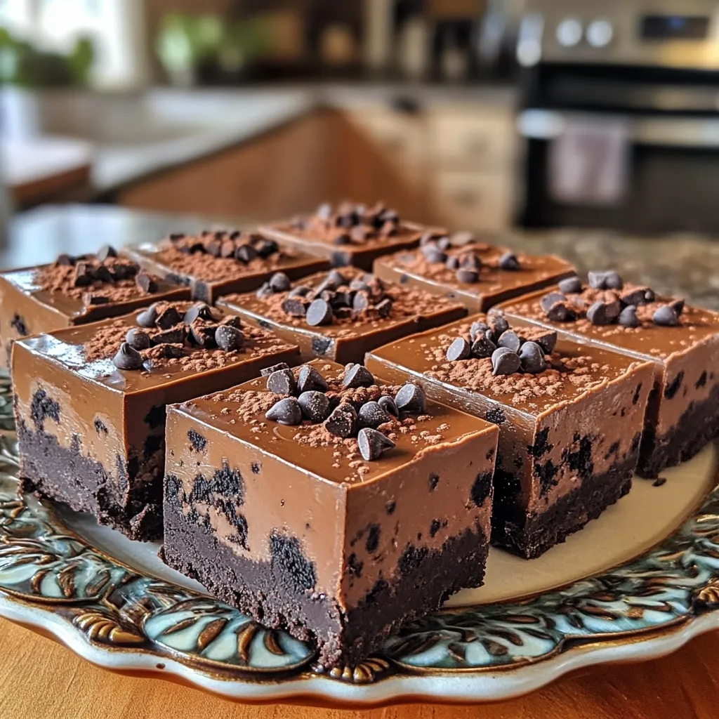 - 24 Oreo cookies, crushed - 1 cup creamy peanut butter - 1/2 cup unsweetened cocoa powder To make these No-Bake Mocha Oreo Fudge Bars, you need a few main ingredients. First, grab 24 Oreo cookies. Crushing them gives the bars their base and flavor. Next, use 1 cup of creamy peanut butter. This creamy texture helps to bind everything together. Finally, include 1/2 cup of unsweetened cocoa powder. This adds a rich chocolate flavor that pairs well with the coffee. - 1/2 cup granulated sugar - 1 teaspoon instant coffee granules - 1/2 cup sweetened condensed milk You also need some additional ingredients. First, add 1/2 cup of granulated sugar for sweetness. This balances the rich flavors. Next, mix in 1 teaspoon of instant coffee granules. It gives a nice mocha kick. Lastly, use 1/2 cup of sweetened condensed milk. This makes the fudge smooth and sweet. - 1/2 teaspoon vanilla extract - 1/4 cup chocolate chips (for topping) You can make your bars even better with optional ingredients. A splash of 1/2 teaspoon of vanilla extract adds depth to the flavor. If you want, sprinkle 1/4 cup of chocolate chips on top. They melt slightly and create a tasty finish. 1. Start by mixing the dry ingredients. In a large mixing bowl, add 24 crushed Oreo cookies and 1/2 cup of unsweetened cocoa powder. Stir until everything is well blended. This will give your fudge a rich, chocolate base. 2. Now, prepare the peanut butter mixture. In a separate bowl, combine 1 cup of creamy peanut butter, 1/2 cup of granulated sugar, 1 teaspoon of instant coffee granules, 1/2 cup of sweetened condensed milk, and 1/2 teaspoon of vanilla extract. Mix these until the mixture is smooth and lump-free. 3. Next, fold the dry mixture into the peanut butter mixture. Gradually add the cookie and cocoa blend to the peanut butter. Stir gently until everything combines well. The mixture should feel thick and fudgy. 4. Prepare your baking dish. Line an 8x8-inch dish with parchment paper. Leave some paper hanging over the sides. This helps with easy removal later. 5. Pour the fudge mixture into the lined dish. Use a spatula to spread it evenly across the dish. Press down firmly to make a compact layer. If you want, sprinkle 1/4 cup of chocolate chips on top. Press them in gently. 6. Cover the dish with plastic wrap and place it in the refrigerator. Let it chill for at least 2 hours. This step helps the fudge set properly. 7. Once the fudge is set, lift it out using the parchment paper. Cut the fudge into bars. Enjoy your delicious No-Bake Mocha Oreo Fudge Bars! To ensure a smooth fudge, mix your peanut butter and sugar well. Stir until no lumps remain. This step is key to a creamy texture. If you see lumps, your fudge will not be as nice. To achieve that thick and fudgy consistency, use the right amounts of each ingredient. The Oreo cookies and cocoa powder add structure. The sweetened condensed milk and peanut butter provide the creaminess. If your mixture seems too loose, add a bit more cocoa powder. For a beautiful presentation, arrange your fudge bars on a nice platter. Dust them lightly with cocoa powder for a touch of flair. You can also drizzle melted chocolate on top for extra appeal. These fudge bars pair perfectly with coffee. Serve them with a small pot of coffee for dipping. You can also enjoy them with milk or a rich hot chocolate. If your fudge is too soft, don’t worry! Simply put it back in the fridge for another hour. This extra chill often helps firm it up. If your peanut butter mixture is grainy, you can fix it. Just warm it gently in the microwave for about 15 seconds. Stir well, and it should smooth out nicely. {{image_2}} You can easily boost the flavor of your No-Bake Mocha Oreo Fudge Bars. Try adding more chocolate to the mix. Using dark chocolate or chocolate syrup can deepen the taste. You might also mix in crushed nuts for a nice crunch. Walnuts or almonds work well in this recipe. For a fun twist, swap Oreo cookies with other cookies, like chocolate chip or peanut butter cookies. If you need gluten-free fudge bars, you can find gluten-free Oreo cookies. Substitute them in the recipe, and you’re all set. For a dairy-free option, use almond or coconut milk instead of sweetened condensed milk. You can also try a nut-based creamy spread in place of peanut butter. These changes allow everyone to enjoy the treat. Layering flavors can create a new experience. Try adding a layer of caramel or nuts between the fudge layers. Seasonal variations can also make a difference. Add pumpkin spice in fall or peppermint in winter for a festive touch. You can even add fruit, like cherries or raspberries, for a fresh burst of flavor. The possibilities are endless! To keep your No-Bake Mocha Oreo Fudge Bars fresh, store them in an airtight container. This helps prevent them from drying out or absorbing other smells in your fridge. I recommend using a glass or plastic container with a tight lid. You can also use parchment paper between layers to avoid sticking. You can freeze these fudge bars for longer storage. First, cut the bars into pieces. Then, wrap each piece in plastic wrap. Place the wrapped bars in a freezer-safe bag or container. They will stay fresh for up to three months. When you want to enjoy them, simply take out the desired amount and let them thaw in the fridge for a few hours or on the counter for about 30 minutes. In the fridge, your fudge bars will last about a week. Always check them for signs of spoilage before eating. If you see any mold or if they smell off, it’s best to toss them. Keeping them in an airtight container will help maintain their flavor and texture. Yes, you can use crunchy peanut butter. It will give the fudge a fun texture. However, it may change how smooth the fudge feels. You may notice little bits of peanut in each bite. If you like that crunch, go for it! You need to refrigerate the fudge for at least 2 hours. This time helps it set properly. If you leave it longer, the fudge will not get too hard. Just make sure it is firm before cutting. Yes, you can use another brand of chocolate sandwich cookies. Look for similar cookies to keep the flavor. Just make sure they are crunchy and have a cream filling. This will help keep the fudge's taste close to the original. You can use coconut cream or a homemade version. To make your own, mix milk and sugar on the stove. Cook until it thickens. This alternative gives a similar sweetness and creaminess to the fudge. Yes, these fudge bars are great for kids. They are easy to make and fun to eat. Just keep in mind the coffee flavor. If your kids avoid caffeine, you can reduce or skip the instant coffee granules. This blog covered how to make No-Bake Mocha Oreo Fudge Bars easily. We discussed the main and optional ingredients, including Oreo cookies and peanut butter. The step-by-step instructions guide you from mixing to chilling. We shared tips on texture and serving ideas. You can even modify the recipe for dietary needs or new flavors. In conclusion, this treat is fun to make and enjoy. Get creative and personalize your fudge. It’s sure to be a hit!