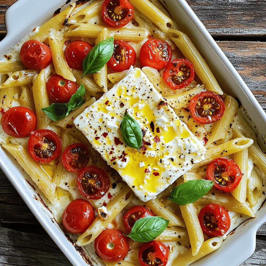 - 200g pasta (your choice, such as penne or fusilli) - 200g block of feta cheese - 400g cherry tomatoes, halved - 4 cloves garlic, minced - 3 tablespoons olive oil - 1 teaspoon dried oregano - 1 teaspoon red pepper flakes (adjust for spice preference) - Salt and pepper to taste - Fresh basil leaves for garnish - Grated Parmesan cheese (optional, for serving) To make baked feta tomato pasta, you need a few key ingredients. First, choose your pasta. Penne or fusilli works best. They hold the sauce well. Next, you need a block of feta cheese. It melts beautifully in the oven. For the tomatoes, use fresh cherry tomatoes. Halve them to let their juices mix with the feta. You will also need garlic. Minced garlic adds a nice flavor. Don’t forget olive oil. It helps everything cook well. Dried oregano brings a classic taste. If you like heat, add red pepper flakes. Salt and pepper are must-haves for taste. Finally, fresh basil leaves give a lovely finish. Grated Parmesan cheese is optional but tasty. With these ingredients, you set the stage for a delicious meal. To start, preheat your oven to 200°C (400°F). This step is key. A hot oven helps the feta melt and the tomatoes blister. In your baking dish, place the block of feta cheese in the center. Next, surround it with the halved cherry tomatoes. This arrangement allows the flavors to blend well. Then, scatter the minced garlic over the top. Drizzle olive oil all over the dish. Sprinkle dried oregano, red pepper flakes, and season with salt and pepper. While your feta and tomatoes bake, cook the pasta. Use about 200g of your favorite type, like penne or fusilli. Follow the package instructions closely. Aim for al dente, which means firm to the bite. This keeps the pasta from getting mushy. Don't forget this important tip: reserve ½ cup of pasta water before draining. This water helps to adjust the sauce later. Once the baking is done, take the dish out of the oven. Use a fork to mash the feta and mix it with the tomatoes. This creates a creamy sauce. Now, add the drained pasta to the baking dish and toss everything together. If the mixture seems too thick, add the reserved pasta water a tablespoon at a time. Taste your dish to see if it needs more seasoning. Serve it hot, topped with fresh basil leaves and a sprinkle of grated Parmesan cheese if you like. Enjoy your meal! To get creamy feta, use a block. The best method is to bake it until soft. Baking at 200°C (400°F) for 25-30 minutes will do the trick. Keep an eye on it. When it melts, it mixes great with tomatoes. You can mash it with a fork for a smooth texture. This makes the pasta sauce rich and tasty. You can change the heat by adjusting red pepper flakes. If you want less spice, use half the amount. For more heat, add more flakes. Keep tasting as you mix. This way, you can find the right balance for your dish. Remember, it's easy to add spice but hard to take it away. To boost flavor, add herbs and spices. Fresh basil is a great choice. You can also try thyme or parsley. If you like more zest, use lemon zest. A sprinkle of oregano adds depth, too. Mix and match herbs to fit your taste. These little changes can make your pasta sing with flavor. {{image_2}} You can switch up the pasta type for this dish. Whole grain pasta adds fiber and nutrients. Gluten-free pasta works well too. Use penne, fusilli, or any shape you like. Just cook it until it's al dente. This keeps it firm and tasty. Adding vegetables makes this dish even better. Consider using spinach for a fresh touch. Zucchini or bell peppers add color and crunch. Broccoli works great as well. Just chop them up and mix them in before baking. They will cook along with the feta and tomatoes. This boosts flavor and nutrition. Want more protein? You can add chicken, shrimp, or beans. Cooked chicken breast works well. Just chop it up and mix it in. Shrimp can be tossed in during the last few minutes of baking. For a vegetarian option, add chickpeas or black beans. They add protein and pair nicely with feta. To store leftovers, let the pasta cool first. Place it in an airtight container. Cover it tightly to keep out air. Store it in the fridge for up to three days. Label the container with the date for easy tracking. This way, you will know when to eat it. To reheat, use a microwave or stovetop. If using a microwave, place the pasta in a bowl. Add a splash of water to keep it moist. Heat it for one minute, then stir. Repeat until warm. For the stovetop, use a pan on low heat. Add a little olive oil or water to prevent sticking. Stir gently until heated through. This keeps the pasta creamy and fresh. To freeze the dish, cool it completely first. Use a freezer-safe container and portion it out. Leave some space at the top for expansion. Seal the container tightly. Label it with the date and contents. It can last up to three months in the freezer. To use, thaw it in the fridge overnight. Reheat as mentioned before. This way, you can enjoy baked feta tomato pasta anytime. If you can't find feta cheese, don't worry! Here are some great substitutes: - Goat cheese has a similar tangy flavor and creamy texture. - Ricotta cheese provides a soft, mild taste but is less salty. - Cottage cheese can work too, though it’s chunkier and less flavorful. - Cream cheese can mimic feta in texture but lacks the same taste. Each option gives you a different flavor, so feel free to experiment! Yes, you can easily make this dish vegan! Here are some tips: - Use plant-based feta made from nuts or tofu. - Replace the cheese with nut-based cream cheese for a creamy texture. - For pasta, ensure it is made without eggs; many brands offer vegan options. - Add extra veggies like spinach or mushrooms for more flavor and texture. These swaps keep the dish delicious while meeting your dietary needs! Baked feta tomato pasta lasts for about 3 to 5 days in the fridge. To store it: - Place leftovers in an airtight container. - Make sure it cools completely before sealing. When ready to eat, just reheat it in the oven or microwave. Enjoy your tasty meal again! This blog post detailed how to create a delicious baked feta tomato pasta dish. We covered ingredients like pasta types, feta specifics, and vibrant cherry tomatoes. You learned the essential steps, from baking to serving. I shared tips to perfect your dish and variations for extra flavor. Proper storage and reheating tricks help keep your meal fresh. Enjoying this dish is easy and fun. Experiment with flavors and ingredients. Your creativity will make each meal unique and tasty.