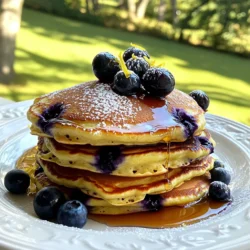 - 1 cup ricotta cheese - 1 cup all-purpose flour - 1/2 cup milk - 2 large eggs - 1/4 cup granulated sugar - Zest of 1 lemon - 2 tablespoons fresh lemon juice - 1 teaspoon baking powder - 1/2 teaspoon baking soda - 1/4 teaspoon salt - 1 cup fresh blueberries (or frozen, thawed and drained) - Butter or oil for cooking Each ingredient plays a key role in making these pancakes fluffy and tasty. The ricotta cheese adds creaminess. The eggs help bind the batter. The lemon zest and juice give a bright flavor. The blueberries add sweetness and bursts of juice. - Calories per serving: About 250 - Breakdown of macronutrients: - Carbohydrates: 36g - Fats: 8g - Proteins: 9g This recipe gives you a nice balance of flavors and nutrition. You get carbs from the flour and sugar, healthy fats from the ricotta, and protein from the eggs. It's a delicious way to start your day! To start, you need to prepare the batter. First, grab a large mixing bowl. Add 1 cup of ricotta cheese, 1/2 cup of milk, 2 large eggs, 2 tablespoons of fresh lemon juice, and the zest of 1 lemon. Whisk these ingredients together until smooth and creamy. This step is key for rich flavor. Next, in a separate bowl, mix the dry ingredients. Combine 1 cup of all-purpose flour, 1/4 cup of granulated sugar, 1 teaspoon of baking powder, 1/2 teaspoon of baking soda, and 1/4 teaspoon of salt. Slowly add the dry mix to the wet ingredients. Stir gently until just combined. It’s okay if the batter has a few lumps; avoid overmixing to keep the pancakes fluffy. Finally, fold in 1 cup of fresh blueberries. Make sure they are evenly spread throughout the batter. Now, it’s time to cook! Heat a non-stick skillet or griddle over medium heat. Add a small amount of butter or oil to coat the pan. This helps prevent sticking and adds flavor. Pour about 1/4 cup of batter onto the skillet for each pancake. Cook until bubbles form on the surface and the edges start to look set, around 2-3 minutes. Flip the pancakes carefully and cook for another 2-3 minutes until they turn golden brown. Keep an eye on the heat; adjust if needed to prevent burning. While cooking, you may end up with a stack of pancakes. To keep them warm, place them in a low oven set around 200°F (93°C). This way, they stay fluffy and fresh until you finish cooking the rest. Enjoy the process and savor the wonderful aroma filling your kitchen! To get the best pancakes, mix the batter gently. Overmixing makes them tough. It’s okay to leave a few lumps. This helps keep them light and airy. Also, let the batter rest for about 10 minutes. This gives the flour time to absorb moisture and makes the pancakes fluffier. You can add a pinch of cinnamon or a splash of vanilla extract for extra taste. Both work well with lemon and blueberries. If you want to pair your pancakes, serve them with whipped cream or yogurt. A drizzle of honey or maple syrup brings out the flavors too. Stack your pancakes high on a plate. This makes a fun display. Drizzle maple syrup on top, and add fresh blueberries for color. A light dusting of powdered sugar adds a nice touch. You can also add some lemon zest on top for a pop of flavor and visual appeal. {{image_2}} You can switch blueberries for other berries easily. Raspberries, strawberries, or blackberries work great! Each berry adds a new taste. Fresh or frozen berries both work well. Just thaw frozen berries and drain them first. Seasonal fruits are fun, too! Try peaches in summer or apples in fall. Each choice gives a fresh twist to the pancakes. For a gluten-free option, use gluten-free flour. Almond flour or oat flour are good picks. They keep the pancakes fluffy. If you need a dairy-free option, look for plant-based ricotta. There are many choices made from nuts or soy. These swaps keep the pancakes tasty without dairy or gluten. You can serve your pancakes in stacks or on plates. Stacks look tall and inviting. They are fun to share with friends. If you prefer a plate, arrange the pancakes neatly. You can also create savory options! Add herbs like basil or chives to the batter. A hint of lemon with herbs makes a unique flavor. Enjoy your pancakes in new ways! To keep your leftover pancakes fresh, follow these tips: - Refrigeration tips: Place the cooled pancakes in an airtight container. You can stack them with parchment paper between layers. They will stay fresh for about 3 days in the fridge. Make sure to seal the container well to avoid drying out. - Freezing instructions: For longer storage, freeze the pancakes. Stack them with parchment paper in between each pancake. Wrap the stack in plastic wrap and then place it in a freezer bag. They can last for up to 2 months in the freezer. Label the bag with the date for easy tracking. To enjoy your pancakes again, you need to reheat them properly: - Best methods for keeping pancakes fluffy: The microwave is quick but can make them tough. Instead, use the oven or a skillet. - Oven method: Preheat your oven to 350°F (175°C). Place pancakes on a baking sheet and cover with foil. Heat for about 10 minutes. - Skillet method: Heat a non-stick skillet over low heat. Add a few drops of water and cover with a lid. This helps steam them and keeps them fluffy. Heat for about 2-3 minutes on each side. These methods ensure your pancakes taste fresh and fluffy! You can tell the pancakes are done by looking for a few signs. First, watch for bubbles forming on the surface. This shows that the batter is cooking well. Next, check the edges. They should look set and not wet. Finally, flip the pancake. It should be golden brown. If it's not, cook it for another minute. Yes, you can use frozen blueberries in your pancakes. Just make sure to thaw and drain them first. This helps keep the batter from getting too wet. When you fold them in, do it gently. This way, you avoid breaking them apart too much. The blueberries will still add great flavor and color to your pancakes. There are many yummy toppings for these pancakes. Maple syrup is a classic choice. It adds sweetness and pairs well with the lemon. You can also use fresh blueberries on top for a burst of flavor. Another great option is a sprinkle of powdered sugar. It gives a nice look and adds a little sweetness. For something different, try whipped cream or yogurt. These toppings make the meal even more special! We covered all you need for tasty lemon blueberry ricotta pancakes. From key ingredients to cooking tips, this guide helps you make perfect pancakes every time. Remember to mix just enough and rest your batter for the best texture. Feel free to customize with fruit or dietary swaps, and enjoy serving them warm. Follow these steps to impress family and friends with a delicious breakfast. Start making pancakes today; they are simple and fun!