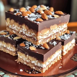 - 1 cup almond flour - 1 cup shredded coconut - 1/4 cup maple syrup - 1/4 cup coconut oil, melted - 1/2 teaspoon vanilla extract - 1/4 teaspoon salt - 1/2 cup dark chocolate chips - 1/4 cup whole almonds The beauty of No Bake Almond Joy Bars lies in their simple and wholesome ingredients. The almond flour gives a nutty base that is rich in flavor. It also adds a nice texture to the bars. Next, we add shredded coconut. This ingredient brings a sweet, tropical taste that you will love. Maple syrup acts as a natural sweetener. It binds everything together and adds a rich flavor. Coconut oil is another key player here. It helps to create that creamy texture while keeping the bars moist. A dash of vanilla extract adds warmth to the mix. It elevates the flavor profile of the bars. A little salt goes a long way in balancing the sweetness, making each bite even more enjoyable. The dark chocolate chips add a decadent finish. They melt perfectly over the base layer, creating a delightful contrast. Topping the bars with whole almonds not only adds crunch but also makes them look pretty. When you gather these ingredients, you set the stage for a tasty treat that is easy to make and hard to resist. 1. Mixing the ingredients: In a large mixing bowl, combine 1 cup of almond flour, 1 cup of shredded coconut, 1/4 cup of maple syrup, 1/4 cup of melted coconut oil, 1/2 teaspoon of vanilla extract, and 1/4 teaspoon of salt. Stir well until you form a sticky mixture. This will be your base layer. 2. Lining the baking dish: Take an 8x8 baking dish and line it with parchment paper. Leave some paper hanging over the edges. This will help you lift the bars out easily later. 3. Pressing the mixture into the dish: Firmly press the sticky mixture into the bottom of the lined dish. Use your hands or a spatula to spread it evenly. Pack it down tightly to create a strong base. 1. Guidelines for melting chocolate: Place 1/2 cup of dark chocolate chips in a microwave-safe bowl. Melt them in 30-second intervals. Stir after each interval until the chocolate is smooth. Be careful not to overheat. 2. Pouring and spreading the chocolate: Once melted, pour the chocolate over the pressed base layer. Use a spatula to spread it evenly across the top. This chocolate layer adds a rich flavor. 1. Adding whole almonds: Take 1/4 cup of whole almonds and sprinkle them on top of the melted chocolate. Press the almonds in slightly. This gives a nice crunch and looks great. 2. Refrigeration process: Place the dish in the refrigerator for at least 1 hour. This allows the chocolate to harden and the bars to set properly. 3. Cutting and serving instructions: After an hour, lift the bars out using the parchment paper. Cut them into squares or bars as you like. Enjoy your no-bake almond joy bars as a tasty treat! To make the perfect No Bake Almond Joy Bars, you want a sticky mixture. This ensures the bars hold together well. Combine the almond flour, shredded coconut, maple syrup, melted coconut oil, vanilla extract, and salt in a bowl. Mix until everything sticks together nicely. Next, packing the base layer is key. Line your baking dish with parchment paper. Leave some paper sticking out. This helps you lift the bars out later. Press the mixture firmly into the dish. Use your hands or a spatula to pack it down tightly. A solid base makes for a better bar. If you want to switch things up, try different sweeteners. Honey or agave syrup can work well too. They add a nice touch of flavor. You can also get creative with toppings. Instead of whole almonds, try chopped nuts or even dried fruits. This adds texture and flavor to your bars. For a great look, serve the bars on a nice platter. You can drizzle some melted chocolate on top. This gives a gourmet touch. To make them look even better, sprinkle some shredded coconut over the bars. It adds color and makes them more appealing. Enjoy your beautiful treats! {{image_2}} You can change ingredients to fit your taste. For nut butter, try almond butter or cashew butter. Both options add creaminess and flavor. Swap almond flour for oat flour or sunflower seed flour for a different texture. You can also use honey or agave syrup instead of maple syrup if you want. If you want a lighter version, use low-sugar options. You can find sugar-free syrups or use mashed bananas for sweetness. For chocolate, choose dairy-free chocolate chips. This choice keeps the bars vegan and tasty. Add spices to boost flavor. A pinch of cinnamon adds warmth and depth. You can also try almond extract or coconut extract for a twist. Experiment with different flavors to find what you like best! Store your No Bake Almond Joy Bars in an airtight container. Glass or plastic containers work well. Make sure they are cool before you seal them. This helps keep them fresh longer. Place a piece of parchment paper between layers to avoid sticking. The best place to keep these bars is in the fridge. They stay firm and tasty there. The cold helps to keep the chocolate from melting. These bars last about one week in the fridge. Store them properly, and they will stay fresh. You can also freeze them for longer storage. In the freezer, they can last for up to three months. If you freeze the bars, let them thaw in the fridge overnight. This keeps the texture nice. To restore the texture after freezing, place them at room temperature for a short time. Enjoy the bars cold or at room temperature for the best taste. Can I use other nuts in this recipe? Yes, you can use other nuts. Try walnuts or pecans for a fun twist. Just chop them into small pieces. This change will still keep the bars tasty. How can I make these bars vegan? To make these bars vegan, replace the honey with maple syrup. It works perfectly and keeps the bars sweet. Check your chocolate chips too. Use dairy-free chips to stay vegan. What can I substitute for almond flour? If you don’t have almond flour, try using oat flour or cashew flour. These flours give a nice texture and flavor. Just make sure to use the same amount as almond flour. Can I add protein powder to the mixture? Yes, adding protein powder is a great idea! It boosts the nutrition. Start with one to two scoops. Mix it well with the other ingredients to keep the right texture. In this post, I shared how to make delicious No Bake Almond Joy Bars. We covered the key ingredients, step-by-step instructions, and expert tips for success. You learned about storage and variations to personalize your bars. You can swap ingredients and make them healthier without losing taste. I hope you feel confident making these bars at home. Enjoy the baking and the tasty rewards!