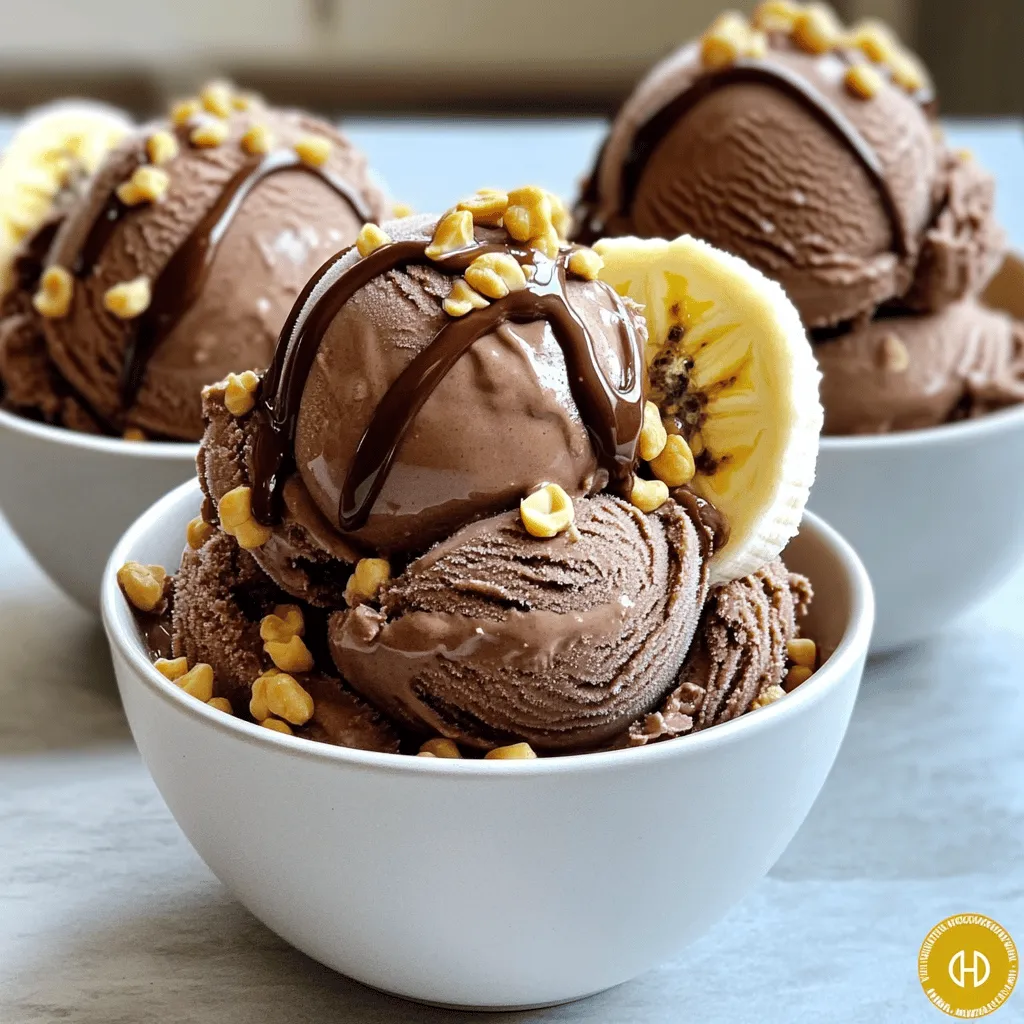 To create this rich and creamy Chocolate Peanut Butter Banana Ice Cream, gather these simple ingredients: - 4 ripe bananas, sliced and frozen - 1/4 cup unsweetened cocoa powder - 1/2 cup natural peanut butter (creamy or crunchy) - 1/4 cup honey or maple syrup (adjust sweetness to taste) - 1 teaspoon vanilla extract - Pinch of salt - Optional toppings: chopped peanuts, chocolate shavings, or a drizzle of chocolate sauce Ripe bananas are key for this recipe. They add natural sweetness and creaminess. Use unsweetened cocoa powder to keep the chocolate flavor rich without extra sugar. Natural peanut butter gives a nutty taste and smooth texture. You can adjust the sweetener to your liking, making it more or less sweet. The vanilla extract enhances the overall flavor, while a pinch of salt balances the sweetness. Optional toppings like chopped peanuts or chocolate shavings make your ice cream look fancy. Drizzling chocolate sauce on top adds extra indulgence. This mix of ingredients makes for a delightful treat that is both healthy and delicious. Start by peeling and slicing the ripe bananas. Aim for thin pieces so they freeze quickly. Lay the banana slices in a single layer on a baking sheet. This step helps prevent them from sticking together in the freezer. Freeze the slices for at least two hours or until they are solid. This freezing is key to making smooth ice cream. Once the bananas are frozen, it’s time to blend. Transfer the banana slices to a high-powered blender or food processor. Add the unsweetened cocoa powder and natural peanut butter. Next, pour in the honey or maple syrup, vanilla extract, and a pinch of salt. Blend everything on high for about two to three minutes. Scrape the sides of the blender as needed. You want the mixture to be smooth and creamy. Taste it; if you want it sweeter, add more honey or syrup and blend again. After blending, transfer the ice cream into a freezer-safe container. Spread the mixture evenly. Cover the container tightly to prevent ice crystals from forming. Freeze it for one to two hours. This final freezing step makes the ice cream firm but still easy to scoop. When you’re ready to serve, let it sit at room temperature for a few minutes. This softens it just right for scooping. Enjoy your treat! To make the best chocolate peanut butter banana ice cream, start with ripe bananas. Look for bananas that have a few brown spots. This means they are sweet and ready to use. Frozen bananas are key to a creamy texture. Freeze your banana slices for at least two hours. This helps blend them into a smooth ice cream. When blending, use a high-powered blender. This will help create a silky, creamy ice cream. Start on low speed, then increase to high. If your mix is too thick, add a bit of water or milk. Taste the mixture before freezing. You may want to adjust sweetness. Add more honey or maple syrup if needed. Blend again until mixed well. Before serving, let the ice cream sit out for a few minutes. This makes scooping easier. Use a warm scoop or spoon to help. Serve in chilled bowls for a nice touch. For garnish, try adding chopped peanuts or chocolate shavings. A drizzle of chocolate sauce can make it even more special. A banana slice on the rim adds a fun look! {{image_2}} You can enhance the flavor of your ice cream by adding different nut butters. Try almond or cashew butter for a new twist. Each nut butter brings a unique taste. You can also experiment with other flavors. Adding a spoonful of cinnamon or a pinch of espresso powder can uplift the chocolate taste. Mix in some vanilla bean or a dash of almond extract for extra depth. If you want a vegan option, swap honey with maple syrup. This makes it 100% plant-based. You can also use agave nectar if you prefer. For sugar-free options, try a sugar substitute like stevia or erythritol. Adjust the amount based on your taste. This way, you can enjoy a guilt-free treat while keeping it delicious. Get creative with your toppings to add flavor and texture. Chopped peanuts give a nice crunch. Chocolate shavings add richness and elegance. A drizzle of chocolate sauce makes it extra special. You can also use seasonal fruits like fresh strawberries or raspberries. They're perfect for a summer touch and add a pop of color to your bowl. To keep your Chocolate Peanut Butter Banana Ice Cream fresh, use a good container. A sturdy, airtight container works best. This helps prevent ice crystals from forming. Make sure to fill it to the top to limit air exposure. Ice cream stays best in the back of the freezer, away from warm air. Your ice cream is safe in the freezer for up to two weeks. After that, the flavor may fade. If you want to enjoy it longer, consider making smaller batches. If your ice cream melts, don’t worry. You can still save it. First, gently stir the mixture. Then, pour it back into your container. Place it in the freezer. Let it freeze again for a couple of hours. To restore its creamy texture, blend the ice cream briefly once it firms up. This helps mix the air back in, making it light and fluffy. Remember, the smoother the blend, the better the final treat! You can easily make this recipe dairy-free by choosing the right ingredients. Instead of using honey, you can use agave nectar or maple syrup. For the peanut butter, make sure it is natural and contains no dairy additives. Also, you can skip the vanilla extract if you prefer. This way, you keep all the great flavor without any dairy. Yes, you can use artificial sweeteners, but it may change the taste. For example, stevia or erythritol can work well. Just remember that these sweeteners can be much sweeter than sugar. Start with a small amount, then taste and adjust if needed. This helps you find the perfect balance for your ice cream. There are a few common mistakes to avoid. First, using bananas that are not ripe will lead to a bland flavor. Always choose ripe bananas for the best taste. Another mistake is not freezing the banana slices long enough. Make sure they are fully frozen before blending. Lastly, don’t rush the blending process. Blend until smooth for the creamiest texture. In this article, we explored how to make a simple banana ice cream. We covered essential ingredients, from ripe bananas to cocoa powder. I provided detailed steps for preparation and freezing. You learned tips for perfect texture and serving ideas. We even discussed variations and storage tips for future use. Now, enjoy your delicious homemade ice cream. Experiment with flavors and share it with friends. Making your own treats brings joy and creativity. Enjoy every bite!