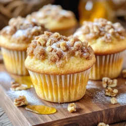 - 2 cups all-purpose flour - 1 cup granulated sugar - 1 tablespoon baking powder - 1/2 teaspoon baking soda - 1/2 teaspoon salt - 1 cup buttermilk - 1/2 cup unsalted butter, melted - 2 large eggs - 1 teaspoon vanilla extract - 1/2 cup honey - 1/2 cup all-purpose flour - 1/4 cup packed brown sugar - 1/4 cup unsalted butter, cold and cubed - 1/2 cup walnuts, chopped - 1 teaspoon ground cinnamon Gathering the right ingredients is key for bakery-style honey walnut streusel muffins. Start with dry ingredients. You’ll need flour, sugar, baking powder, baking soda, and salt. These form the base of your muffins. For the wet ingredients, grab buttermilk, melted butter, eggs, vanilla, and honey. They add moisture and flavor to your muffins. Honey gives a sweet touch, while buttermilk makes them tender. Now, let’s talk about the streusel topping. You’ll use flour, brown sugar, butter, walnuts, and cinnamon. This topping adds crunch and sweetness. The walnuts give a lovely nutty flavor. Make sure your butter is cold for a crumbly texture. With all ingredients ready, you're set for a delicious baking adventure. First, preheat your oven to 350°F (175°C). This step is key for even baking. Next, prepare your muffin pan by lining it with paper liners or greasing it with cooking spray. This will help the muffins come out easily. In a large bowl, combine the dry ingredients. You need 2 cups of all-purpose flour, 1 cup of granulated sugar, 1 tablespoon of baking powder, 1/2 teaspoon of baking soda, and 1/2 teaspoon of salt. Whisk them together until they mix well. This mix forms the base of your muffins. In a separate bowl, mix the wet ingredients until smooth. Use 1 cup of buttermilk, 1/2 cup of melted unsalted butter, 2 large eggs, and 1 teaspoon of vanilla extract. Stir them well. This mixture adds moisture and flavor to your muffins. Now, pour the wet ingredients into the dry ingredients. Gently fold them together using a spatula. Be careful not to overmix. This keeps your muffins light and fluffy. Next, fold in 1 cup of chopped walnuts and 1/2 cup of honey into the batter. Make sure they are evenly spread throughout. The walnuts add crunch, and the honey adds sweetness. For the streusel topping, mix 1/2 cup of flour, 1/4 cup of brown sugar, and 1/4 cup of cold cubed butter in a medium bowl. Add 1/2 cup of chopped walnuts and 1 teaspoon of ground cinnamon. Use a fork or your fingers to mix until crumbly. This adds a delicious crunch on top. Divide the muffin batter evenly among the muffin cups, filling each about 2/3 full. Generously sprinkle the streusel topping over each muffin batter portion. Bake them in the preheated oven for 18-22 minutes. Check if they are done by inserting a toothpick into the center. It should come out clean. After baking, let the muffins cool for 5 minutes in the pan before transferring them to a wire rack. To get the best muffins, stop mixing as soon as the batter combines. Overmixing can make muffins tough. You want a light and fluffy texture. Gently fold the wet and dry ingredients together. Don’t worry if there are small lumps; they will bake out nicely. Toasting walnuts adds a wonderful crunch and depth to the muffins. Simply spread them on a baking sheet and toast in a preheated oven at 350°F for about 8 minutes. You can also try adding spices like nutmeg or ginger for extra warmth. A sprinkle of cinnamon in the batter or streusel brings a lovely flavor. Keep muffins fresh by storing them in an airtight container. They stay good for about three days at room temperature. If you want to keep them longer, freeze them. Wrap each muffin in plastic wrap, then put them in a freezer bag. To reheat, thaw at room temperature or microwave for 15 seconds. Enjoy warm for the best taste! {{image_2}} If you want to switch up the nuts, you can use almonds or pecans. A mix of different nuts works well too. Each nut brings its own flavor and crunch. Almonds add a sweet taste. Pecans give a rich, buttery flavor. Feel free to experiment and find your favorite combo. Add more fun to your muffins by mixing in chocolate chips or dried fruits. These extras can change the taste and texture. You might try blueberries or cranberries for a fruity twist. For a warm note, sprinkle in some spices like nutmeg or allspice. Mixing flavors keeps every bite exciting. If you need gluten-free muffins, swap the all-purpose flour for a gluten-free blend. Look for blends that contain rice flour and almond flour. You can also use oat flour, which adds a nice flavor. Just keep in mind that gluten-free batters may need a bit more liquid. Add a splash of extra buttermilk if needed. To keep your muffins fresh at room temperature, use an airtight container. This helps prevent them from drying out. Place a piece of parchment paper between layers to absorb moisture. Store them away from direct sunlight. To freeze muffins, let them cool completely first. Wrap each muffin tightly in plastic wrap. Then place them in a freezer bag. This keeps them fresh for up to three months. To reheat, take one muffin out and let it thaw. Warm it in the microwave for about 20 seconds. Bakery-style honey walnut streusel muffins last about three days at room temperature. If stored in the fridge, they can stay fresh for about a week. Always check for signs of spoilage before eating. Yes, you can use regular milk. To mimic buttermilk, add one tablespoon of vinegar or lemon juice to a cup of milk. Let it sit for about five minutes. This will create a similar acidity that helps the muffins rise. To check if the muffins are done, insert a toothpick into the center of one. If it comes out clean, the muffins are ready. You can also lightly press the tops. They should spring back if baked well. Yes, you can make the batter ahead and store it. Cover the bowl tightly and keep it in the fridge for up to 24 hours. When you're ready to bake, just mix gently and add the streusel topping. This blog post covered the key steps and ingredients for making delicious muffins. We discussed dry and wet ingredients, as well as a crunchy streusel topping. You learned helpful tips for perfect moisture and flavor, plus variations to suit your taste. Remember, storing and freezing your muffins properly will keep them fresh. Baking should be fun, so don't hesitate to try new flavors and ingredients. Enjoy your time in the kitchen as you create tasty treats!
