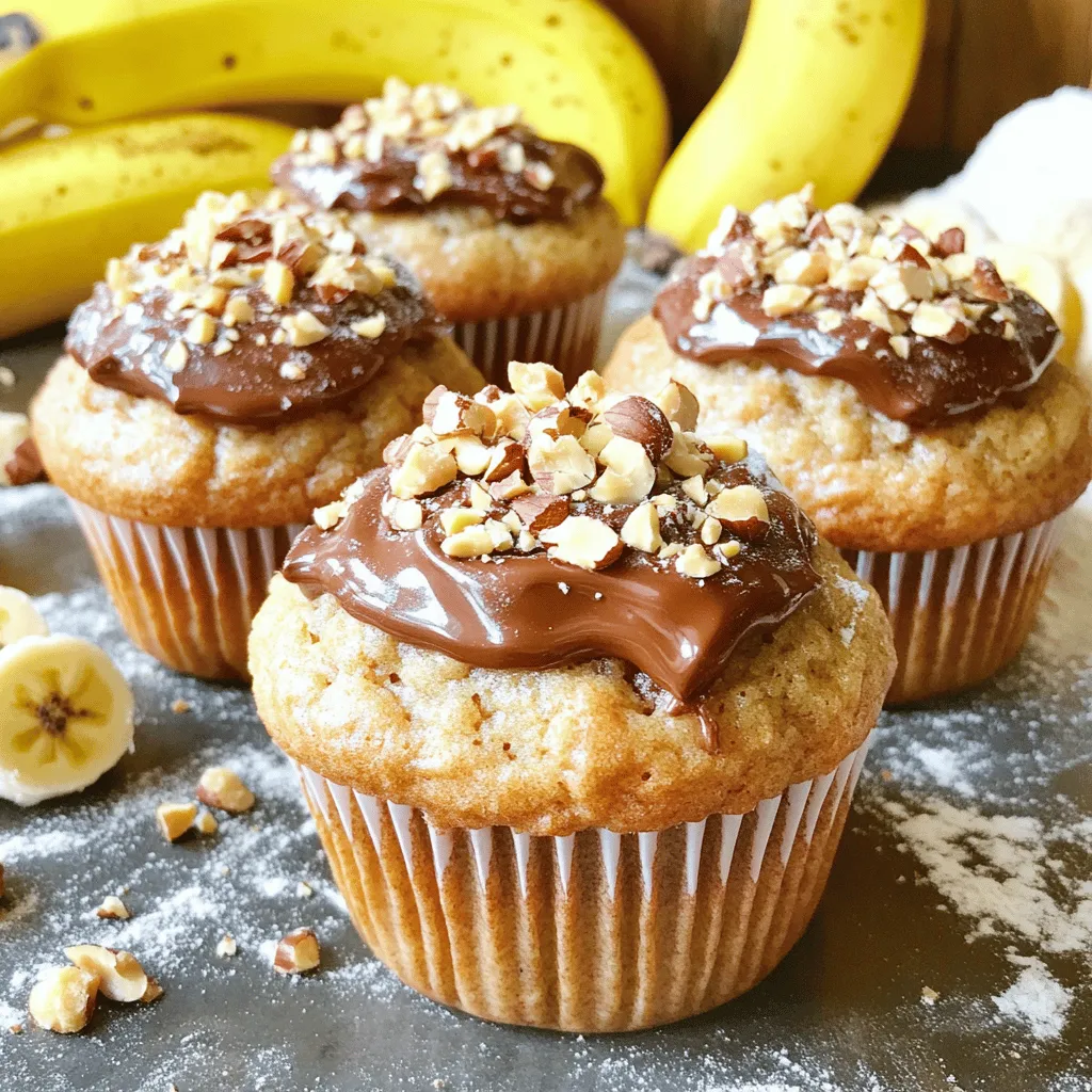 To make Nutella stuffed banana muffins, gather these key ingredients: - 2 ripe bananas, mashed - 1/3 cup melted butter - 1/2 cup sugar - 1 large egg - 1 teaspoon vanilla extract - 1 teaspoon baking soda - Pinch of salt - 1 cup all-purpose flour - 1/2 cup Nutella (or any hazelnut spread) These ingredients create the base for your muffins. The ripe bananas add natural sweetness and moisture. The melted butter gives a rich flavor, while the sugar helps them rise and brown. For a fun twist, you can add: - Chopped hazelnuts for topping These hazelnuts add a nice crunch and a lovely nutty taste. They pair well with the soft banana and creamy Nutella. Make sure you have these tools ready: - Muffin tray - Paper liners or non-stick spray - Large mixing bowl - Spoon or spatula - Measuring cups and spoons - Cooling rack Using the right tools helps you mix, bake, and cool your muffins easily. A good muffin tray ensures even baking, leading to perfect results each time. First, gather all your ingredients. You need ripe bananas, melted butter, sugar, an egg, vanilla, baking soda, salt, and flour. Start by preheating your oven to 350°F (175°C). Line a muffin tray with paper liners or lightly grease it. In a large bowl, mash the bananas until smooth. Then, add the melted butter, mixing well. Next, stir in the sugar, egg, and vanilla extract. Mix until it looks smooth. Now, sprinkle the baking soda and a pinch of salt into the bowl. Stir gently to combine. Gradually fold in the flour. Mix until just combined. Be careful not to overmix, as this can make the muffins tough. Time to fill the muffin cups! Spoon about 1 tablespoon of the batter into each cup. Fill them about halfway. Then, take 1 teaspoon of Nutella and place it in the center of the batter in each cup. This is the fun part! Cover the Nutella with another tablespoon of batter. Make sure it is completely covered. If you like, you can sprinkle some chopped hazelnuts on top for extra crunch. Now, place the muffin tray in the preheated oven. Bake for 18 to 20 minutes. Check if they are done by inserting a toothpick in the center. If it comes out clean, they are ready! Remember, the Nutella might be a little gooey, which is fine. Once done, let the muffins cool in the pan for about 5 minutes. After that, transfer them to a wire rack to cool completely. Enjoy the sweet smell as they cool! Choose ripe bananas with brown spots. The best bananas for baking have a soft, sweet taste. Look for fruit that is not too green. Overripe bananas work well, as they mash easily. If you want to speed up ripening, place bananas in a paper bag. This traps ethylene gas, helping them ripen faster. Always measure your ingredients correctly. Use a kitchen scale for accuracy. Overmixing the batter can lead to tough muffins. Mix just until ingredients combine for a light texture. Keep an eye on your oven temperature. An oven thermometer helps ensure accurate heat. Also, avoid opening the oven door too often. This can cause muffins to sink. To get soft muffins, use room temperature ingredients. This includes eggs and butter. Don't skip the baking soda; it helps muffins rise. Fill muffin cups halfway to allow space for rising. If you want a crunchy top, sprinkle chopped hazelnuts on top. Bake until a toothpick comes out clean, but remember: Nutella may stay gooey. Enjoy your warm, fluffy muffins! {{image_2}} You can add nuts to your muffins for extra crunch. Choose chopped hazelnuts or walnuts. They pair well with the sweet banana and creamy Nutella. Toss in about 1/4 cup of your chosen nuts into the batter. You can also sprinkle some on top before baking. This adds flavor and texture to each bite. If you need a gluten-free version, swap the all-purpose flour. Use a gluten-free flour mix. Many options work well, like almond flour or oat flour. Just make sure the mix has a good binder. This will help your muffins rise and hold together. Follow the same steps as the main recipe, and enjoy a tasty treat without gluten. You can make your muffins a bit healthier by using different ingredients. Instead of butter, try coconut oil or applesauce. This change keeps your muffins moist and adds unique taste. For sugar, consider using honey or maple syrup. These add sweetness but can be healthier choices. Just remember, you may need to adjust the amount. Enjoy your Nutella stuffed banana muffins with less guilt! To keep your Nutella stuffed banana muffins fresh, store them in an airtight container. Place them at room temperature if you will eat them within a few days. If you want them to last longer, put them in the fridge. This way, they stay moist and tasty. Always let them cool completely before storing. Freezing muffins is a great way to enjoy them later. First, wrap each muffin tightly in plastic wrap. Then, put them in a freezer-safe bag or container. Label the bag with the date. Muffins can stay fresh in the freezer for up to three months. When you crave a muffin, just take one out and let it thaw at room temperature. To enjoy your muffins warm, reheat them in the microwave. Heat for about 15-20 seconds. If you prefer a crispy outside, use the oven. Preheat it to 350°F (175°C) and heat the muffins for about 5-10 minutes. This keeps the Nutella gooey and the muffins soft. Enjoy your warm treat! Yes, you can use other chocolate spreads like peanut butter or almond butter. Each spread gives a different flavor. Nutella has a rich, hazelnut taste. If you prefer a classic chocolate flavor, use a regular chocolate spread. You can also try cookie butter for a unique twist. Just make sure the spread is smooth for easy filling. To check if your muffins are done, insert a toothpick into the center. If it comes out clean, the muffins are ready. If the toothpick has a bit of batter, bake for a few more minutes. Remember, the Nutella may be gooey, so check the batter around it. The muffins should look golden brown on top. If you need a banana substitute, try using unsweetened applesauce. Use about 1/2 cup for each banana. You can also use pureed pumpkin or mashed avocado for similar texture. These options keep the muffins moist. Just note that the taste will change slightly, but they will still be delicious! We explored the best ingredients, tools, and steps to make banana muffins. You learned how to avoid common baking mistakes and achieve perfect texture. We also discussed variations, storage tips, and answered common questions. Now, you can bake delicious banana muffins with confidence. Remember to have fun and tweak recipes to fit your taste. Happy baking, and enjoy your tasty treats!