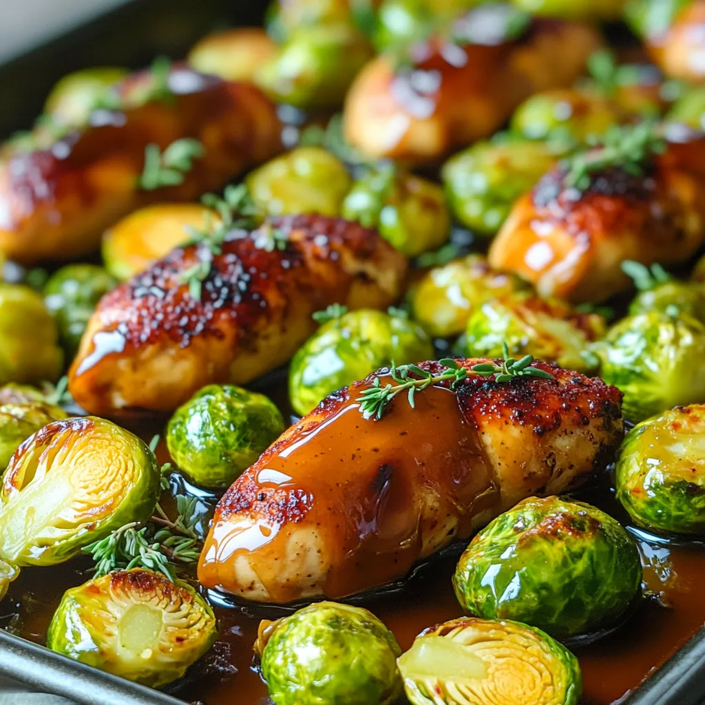 For this dish, you need a few key items that create a sweet and savory blend. Here’s the list of ingredients: - 1 lb chicken tenderloins - 1 lb Brussels sprouts, halved - 1/4 cup pure maple syrup - 1/4 cup Dijon mustard - 2 tablespoons olive oil - 2 cloves garlic, minced - 1 teaspoon dried thyme - Salt and pepper to taste - 1/4 teaspoon red pepper flakes (optional for spice) These ingredients work together to make a tasty meal. The chicken tenderloins are lean and cook quickly, perfect for a sheet pan dish. Brussels sprouts add a nice crunch and flavor. Maple syrup gives a touch of sweetness, while Dijon mustard adds tang. Olive oil helps everything roast nicely. Garlic and thyme bring in more flavor. You can adjust the salt and pepper to your liking. If you want some heat, add red pepper flakes! Each ingredient plays a role in making this dish special. Using fresh and quality ingredients makes a big difference. Enjoy gathering these items for a fun cooking adventure! - Preheat the oven: Start by setting your oven to 425°F (220°C). This heat will help cook the chicken and Brussels sprouts evenly and give them a nice color. - Whisking the marinade: In a small bowl, mix together 1/4 cup of pure maple syrup, 1/4 cup of Dijon mustard, 2 minced garlic cloves, 1 teaspoon of dried thyme, 2 tablespoons of olive oil, salt, pepper, and optional red pepper flakes. Whisk well until everything blends smoothly. - Marinating the chicken: Place 1 pound of chicken tenderloins in a zip-top bag or a shallow dish. Pour half of the marinade over the chicken. Seal the bag or cover the dish. Let it marinate in the fridge for at least 30 minutes. This step adds flavor to the chicken. - Preparing the Brussels sprouts: While the chicken marinates, trim the ends of 1 pound of Brussels sprouts and cut them in half. This helps them cook evenly. Spread the halved sprouts on a large sheet pan. - Arranging on the sheet pan: After marinating, take the chicken out of the fridge. Place the chicken tenderloins on the sheet pan with the Brussels sprouts. Drizzle the reserved marinade over everything to boost the flavor. - Roasting instructions: Put the sheet pan in the preheated oven. Roast for 20 to 25 minutes. Check that the chicken reaches an internal temperature of 165°F (75°C). The Brussels sprouts should be tender and caramelized by then. - Resting period: Once you take the pan out of the oven, let the dish rest for about 5 minutes. This allows the juices to settle in the chicken, keeping it moist. - Serving suggestions: Serve the chicken and Brussels sprouts warm. Drizzle any remaining sauce from the pan over the dish for extra flavor. For a lovely touch, garnish with fresh thyme and a drizzle of maple syrup. This dish looks and tastes fantastic on a large platter! - Use a zip-top bag or shallow dish for marinating. This makes it easy to coat the chicken well. - Marinate the chicken for at least 30 minutes. For best results, aim for 2 hours. - If you have time, marinating overnight adds more flavor. - To ensure perfect doneness, check the chicken's internal temperature. It should reach 165°F (75°C). - To get that nice caramelization on the Brussels sprouts, make sure they are spread out on the pan. This allows for even roasting. - If you want more browning, you can broil them for the last few minutes of cooking. - Serve the chicken and Brussels sprouts on a large platter. This looks inviting for family-style meals. - Drizzle extra maple syrup over the top for a sweet touch. - Garnish with fresh thyme for color and a pop of flavor. This adds a nice contrast to the dish. {{image_2}} Alternatives for pork If you want to swap out the pork, try chicken or turkey. These meats will absorb the maple Dijon flavor well. For a vegetarian option, use tofu or tempeh. Both options will soak up the marinade nicely. Using different vegetables Brussels sprouts are great, but you can mix it up. Try green beans, carrots, or bell peppers instead. Just make sure to cut them into similar sizes for even cooking. Adding spices for heat Do you like spice? Add red pepper flakes or cayenne pepper to the marinade. This will give your dish a nice kick. If you want more flavor, try smoked paprika or cumin. Sweetness enhancements For extra sweetness, add brown sugar or honey to the mix. This will balance the tang of the Dijon mustard. You can also add a splash of apple cider vinegar for a touch of acidity. Grilling vs. baking You can grill the chicken and Brussels sprouts if you prefer. Just preheat your grill to medium-high heat. Cook until the chicken is done, about 6-8 minutes per side. The sprouts will take a bit longer, so keep an eye on them. Skillet cooking option For a quick meal, use a skillet. Heat some olive oil in a large pan. Cook the chicken for about 5-7 minutes per side, then add the Brussels sprouts. Sauté until tender, about 10 minutes. This method gives a nice sear and flavor. To store leftovers, place them in an airtight container. This keeps the food fresh. Make sure to cool the dish to room temperature first. I recommend using glass or plastic containers with tight lids. This helps avoid spills and keeps the flavor intact. For freezing, let the dish cool completely. Then, divide it into single portions. Use freezer-safe bags or containers. Squeeze out as much air as possible. This prevents freezer burn. To reheat frozen meals, thaw them in the fridge overnight. Then, heat in the oven at 350°F (175°C) until warm. You can also use a microwave. Just make sure it heats evenly. Stir halfway through if using a microwave. Enjoy your meal once it's hot! In this article, we covered a tasty dish featuring chicken tenderloins and Brussels sprouts. You learned about the key ingredients and how to prepare and cook them perfectly. I shared important tips for marinating and presentation, plus fun ways to change up flavors. Remember, you can store leftovers for later or even freeze meals. With these steps, you can make a delicious meal that impresses everyone. Enjoy trying this recipe in your kitchen!