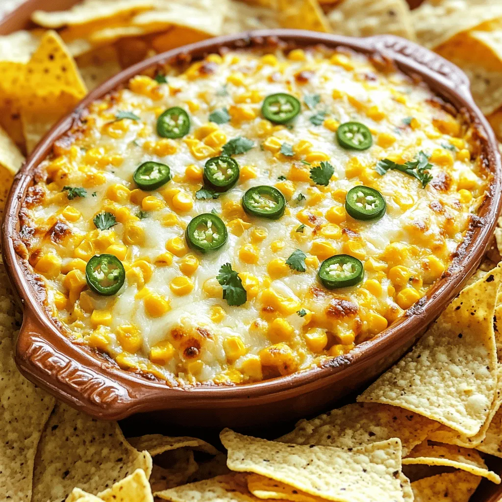 To make Cheesy Jalapeño Corn Dip, gather these ingredients: - 2 cups frozen corn, thawed - 1 cup cream cheese, softened - 1 cup shredded cheddar cheese - 1 cup shredded Monterey Jack cheese - 2 fresh jalapeños, diced (seeds removed for less heat) - 1/2 cup Greek yogurt - 1/4 cup fresh cilantro, chopped - 1 teaspoon garlic powder - 1 teaspoon onion powder - Salt and pepper to taste - Tortilla chips for serving These ingredients create a tasty dip that everyone loves. You can change some ingredients for your taste or diet. Try these swaps: - Use Greek yogurt or sour cream for cream cheese. - Swap cheddar for pepper jack for extra spice. - Replace Monterey Jack with gouda for a smokier flavor. - Use fresh corn if you have it, just cook it first. - If you do not like cilantro, try green onions instead. These swaps keep the dip delicious while fitting your needs. Fresh corn always tastes great, but frozen corn is super handy. Frozen corn is picked and frozen at its peak. It stays sweet and tender. Here are some points to think about: - Fresh Corn: If you use fresh corn, cook it first. Grill or boil the corn to bring out its sweetness. - Frozen Corn: This option saves time. Just thaw it and add it to your dip mix. Both options work well, so choose what you prefer. Making Cheesy Jalapeño Corn Dip is simple. You’ll mix creamy cheeses with corn and spicy jalapeños. The result is a warm, cheesy delight. This dip takes about 35 minutes total, with just 10 minutes of prep. 1. Preheat the Oven: Set your oven to 350°F (175°C). This helps the dip cook evenly. 2. Mix the Cream Cheese: In a large bowl, combine the softened cream cheese and Greek yogurt. Stir until smooth. 3. Add the Cheeses: Mix in the shredded cheddar and Monterey Jack. Blend until well combined. 4. Incorporate the Corn and Jalapeños: Add the thawed corn, diced jalapeños, garlic powder, onion powder, and chopped cilantro. Season with salt and pepper to taste. 5. Transfer to Baking Dish: Spread the mixture evenly in a baking dish. This helps it cook nicely. 6. Bake: Place the dish in the oven for 20-25 minutes. You want it bubbly and golden on top. 7. Cool and Serve: Once out of the oven, let it cool slightly. Serve with tortilla chips. You can also make this dip in a microwave or on the stovetop. - Microwave Method: 1. Mix all ingredients in a microwave-safe bowl. 2. Microwave on high for 3-5 minutes. Stir halfway through. 3. Once hot and melted, serve with chips. - Stovetop Method: 1. In a skillet, combine all ingredients over medium heat. 2. Stir often until the dip is hot and melted. 3. Serve warm with tortilla chips. These methods are quick and easy for busy days! To boost the taste of your Cheesy Jalapeño Corn Dip, consider adding spices. Try smoked paprika or cumin for a warm kick. You can also mix in some lime juice for a fresh twist. Fresh herbs, like cilantro or chives, can brighten the dish. If you like heat, leave some seeds in the jalapeños. Experimenting with flavors keeps your dip exciting. Serve your dip warm right out of the oven. It stays creamy and bubbly, making it more enjoyable. Use a large bowl or a shallow dish to show off its texture. Pair it with sturdy tortilla chips for easy scooping. You might also offer veggie sticks, like carrots or bell peppers, for a fresh crunch. This adds color and a healthy option for guests. One mistake is not softening the cream cheese. If it's cold, it won't blend well. Another is overbaking the dip. Keep an eye on it so it doesn’t dry out. Also, avoid using too many jalapeños at once. Too much heat can overwhelm the dish. Finally, remember to season your dip well. Taste as you mix to get the flavor just right. {{image_2}} You can make this dip even spicier. Add more diced jalapeños if you love heat. Keep the seeds for extra fire. If you want, drizzle in some hot sauce. This adds a nice kick and depth to the flavor. You can use any hot sauce you enjoy. Just add a little, taste, and adjust. If you're vegan, you can still enjoy this dip. Use vegan cream cheese and cheese shreds. Look for brands that melt well, like coconut-based options. You can also try nutritional yeast for a cheesy flavor. If you want to switch things up, use pepper jack cheese for added spice. It gives the dip a unique twist. Feel free to add more ingredients to the dip. Black beans or pinto beans add protein and fiber. Just drain and rinse before mixing them in. For a savory touch, crispy bacon bits are a great choice. They bring a smoky flavor that pairs well with the cheese. You can also mix in diced avocado for creaminess. This makes the dip even richer and more satisfying. After you enjoy your Cheesy Jalapeño Corn Dip, store any leftovers in the fridge. Use an airtight container to keep it fresh. It will last about 3 to 4 days. If you notice any change in smell or color, it’s best to throw it out. You can freeze this dip for later use. Place it in a freezer-safe container. Make sure to leave some space at the top, as it will expand. Your dip will stay good for up to 3 months in the freezer. When you’re ready to eat it, just thaw it in the fridge overnight. To reheat the dip, place it in a baking dish. Heat it at 350°F (175°C) for about 15-20 minutes. Stir it halfway through to ensure even heating. You can also microwave it in a safe bowl. Heat it in short bursts, stirring in between, until warm. Enjoy it with fresh tortilla chips! The dip lasts about three to four days in the fridge. Store it in an airtight container. This keeps it fresh and tasty. Make sure to let it cool completely before sealing it up. If you notice any change in smell or texture, it’s best to toss it out. Yes, you can make this dip ahead of time! Prepare the dip and place it in a baking dish. Cover it tightly with plastic wrap or aluminum foil. Store it in the fridge for up to two days. When you are ready to serve, just bake it as directed. This makes meal prep easy and fun. You can serve this dip with many tasty options. Try fresh veggies like carrots, celery, or bell peppers. Crackers or breadsticks also work great. For a twist, use pita chips or corn tortillas. These options add flavor and crunch to every bite! To summarize, we explored the key ingredients for Cheesy Jalapeño Corn Dip. We discussed fresh versus frozen corn and suggested ingredient swaps. Next, we covered simple cooking methods like microwave and stovetop. I shared tips to enhance flavor and avoid common mistakes. We also talked about tasty variations to try and how to store the dip. This dip is easy to make and offers many ways to enjoy it. So dive in and create your own flavor-packed version!