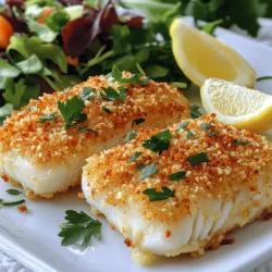 To make Air Fryer Parmesan Crusted Cod, gather these items: - 2 cod fillets (about 6 oz each) - 1/2 cup grated Parmesan cheese - 1/2 cup panko breadcrumbs - 1 teaspoon garlic powder - 1 teaspoon dried oregano - 1 teaspoon lemon zest - 1/2 teaspoon salt - 1/2 teaspoon black pepper - 1 large egg, beaten - 1 tablespoon olive oil - Fresh parsley, chopped for garnish (optional) When choosing cod, look for bright eyes and shiny skin. Fresh cod should feel firm and not slimy. A pleasant ocean smell is a good sign. If the cod smells too strong, skip it. You want that clean, fresh scent. Ask your fishmonger about the catch. They often know when it was caught. Add some zest to your cod with these options: - Lemon juice: A splash brightens the fish. - Paprika: For a mild heat and color. - Fresh herbs: Dill or thyme can add depth. - Cheese blends: Mix Parmesan with cheddar for a twist. These options let you customize your dish. Have fun and make it your own! First, you need to preheat your air fryer. Set it to 400°F (200°C). Let it heat for about 3-5 minutes. This step helps the cod cook evenly and get crispy. Next, grab a shallow bowl. In this bowl, mix together the following: - 1/2 cup grated Parmesan cheese - 1/2 cup panko breadcrumbs - 1 teaspoon garlic powder - 1 teaspoon dried oregano - 1 teaspoon lemon zest - 1/2 teaspoon salt - 1/2 teaspoon black pepper Make sure to mix well. You want all the flavors to blend together nicely. Now it’s time to coat the cod. Take another bowl and beat 1 large egg. Add 1 tablespoon of olive oil to the egg. Mix it well. Take a cod fillet and dip it into the egg mixture first. Let any extra egg drip off. Then, coat the fillet in the Parmesan-panko mixture. Press it gently so the crust sticks. Do this for both fillets. Place the coated cod fillets into the air fryer basket. Make sure they lie in a single layer and don’t touch. This helps them cook evenly. Cook the cod for 10-12 minutes. Flip the fillets halfway through. You want them to turn golden brown and flaky. When done, carefully remove the cod and let it rest for a couple of minutes. If you like, garnish with chopped parsley before serving. Enjoy your tasty meal! For a crispy crust, you need to use panko breadcrumbs. They are lighter and crispier than regular breadcrumbs. When you coat the cod, press the mixture firmly onto the fillets. This helps the crust stick well. Make sure your air fryer is preheated to 400°F (200°C). This high heat creates that golden finish. Flip the cod halfway through cooking for even crispness. One common mistake is overcrowding the air fryer. Place the fillets in a single layer. If they touch, they won’t cook evenly. Another mistake is skipping the egg wash. The egg helps the crust stick. Don’t forget to let the cod rest after cooking. This lets the juices settle and keeps the fish moist. Finally, avoid using too much oil. Just a tablespoon is enough for flavor without making it greasy. Serve your Parmesan crusted cod on a white plate. Add a lemon wedge for a fresh touch. A sprinkle of parsley adds color and flavor. Pair it with a light salad or steamed veggies for balance. You can also serve it with a tangy dipping sauce, like tartar sauce or a squeeze of lemon juice. This adds zest and enhances the meal. {{image_2}} You can make the Parmesan crust more exciting with herbs. Try mixing in fresh or dried herbs. Basil, thyme, or dill work well. Just add one tablespoon of your chosen herb to the crust mixture. This adds a burst of flavor and makes the dish more fragrant. If you like heat, spice up the crust! Add red pepper flakes to the mixture. A teaspoon will give a nice kick without being too much. You can also mix in some cayenne pepper for extra heat. This twist makes the dish fun and exciting for spicy food lovers. Not a fan of cod? You can use other fish. Tilapia, salmon, or haddock are great choices. Make sure to adjust cooking times based on the thickness of the fish. Each fish has its own unique taste and texture, so feel free to experiment! After you enjoy your air fryer Parmesan crusted cod, store any leftovers properly. Let the cod cool down to room temperature first. Then, place the fillets in an airtight container. Make sure to separate layers with parchment paper to keep the crust crispy. Store them in the fridge for up to three days. To reheat your cod, use the air fryer again. Preheat it to 350°F (175°C). Place the cod in the basket and heat for about 5-7 minutes. This method helps keep the crust crispy. If you use a microwave, the texture may not be as good. If you want to freeze your cooked cod, do it as soon as it cools. Wrap each fillet tightly in plastic wrap. Then, place them in a freezer bag. This way, they stay fresh for up to two months. When you are ready to eat, thaw them in the fridge overnight before reheating. Cooking cod in an air fryer takes about 10 to 12 minutes. I recommend flipping the fillets halfway through. This helps the crust get nice and crispy on both sides. The fish should flake easily with a fork when done. Always check for doneness to ensure it's perfectly cooked. Yes, you can use frozen cod fillets. Just make sure to thaw them first. You can leave them in the fridge overnight or use the microwave. After thawing, pat the fillets dry with paper towels. This helps the coating stick better. Follow the recipe as usual for the best results. Parmesan crusted cod pairs well with many sides. Here are some great options: - Light salad with mixed greens - Steamed vegetables like broccoli or asparagus - Roasted potatoes for a hearty touch - A slice of lemon for added brightness These sides will balance the meal and make it even more enjoyable. In this post, we explored tasty Parmesan-crusted cod and how to make it. I shared tips on selecting fresh cod and adding flavor. You learned step-by-step instructions and tricks for a crisp crust. Variations and storage tips are helpful for enjoying leftovers too. This dish is easy, fun, and flexible. I hope you try air frying cod soon! You'll love the taste and texture.