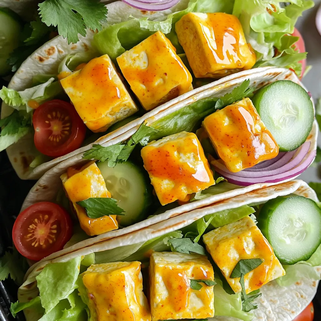 Here’s what you need to make Air Fryer Buffalo Tofu Wraps. Gather these items before you start: - 1 block of firm tofu, drained and pressed - 1 cup buffalo sauce (store-bought or homemade) - 4 whole grain wraps or tortillas - 1 cup lettuce, shredded - 1 medium cucumber, sliced - 1 cup cherry tomatoes, halved - 1/2 cup red onion, thinly sliced - 1/2 cup ranch dressing (vegan if desired) - Olive oil spray - Salt and pepper to taste - Optional: Fresh cilantro for garnish These ingredients combine to make a tasty meal. The firm tofu gives a great texture. Buffalo sauce adds a spicy kick. Whole grain wraps hold everything together well. Fresh veggies like lettuce, cucumber, and tomatoes add crunch. The ranch dressing cools the heat. This meal is colorful and fun to eat! First, you need to drain and press the tofu. This step removes extra water. Wrap the tofu in a clean towel and place a heavy object on top. Let it sit for about 15 minutes. This helps the tofu soak up flavor later. Once the tofu is pressed, cut it into bite-sized cubes. This size helps the tofu cook evenly. Aim for about 1-inch cubes so they fit perfectly in your wrap. Next, coat the tofu with buffalo sauce. Place the cubes in a large bowl. Pour the buffalo sauce over them. Make sure every piece is well coated. Let the tofu marinate for 15 minutes. This adds a punch of flavor. While the tofu marinates, preheat your air fryer to 375°F (190°C). This step is key for crispy tofu. Once ready, spray the air fryer basket lightly with olive oil. This keeps the tofu from sticking. Now, place the marinated tofu cubes in the air fryer basket in a single layer. If you have a lot of tofu, cook in batches. Cook for 15 to 20 minutes, shaking the basket halfway. This helps them cook evenly. The tofu should be crispy and golden brown when done. While the tofu cooks, prepare your wrap ingredients. Lay out the whole grain wraps on a clean surface. Spread a layer of ranch dressing on each wrap. This adds creaminess and balances the spice. Next, add the shredded lettuce, cucumber slices, cherry tomatoes, and red onion. These fresh veggies add crunch and color. Once the tofu is cooked, let it cool slightly. Add the crispy buffalo tofu on top of the veggies in each wrap. If you like, sprinkle fresh cilantro on top for a burst of flavor. Finally, roll the wraps tightly. Tuck in the sides as you go to keep everything inside. Slice each wrap in half diagonally for easy eating. Enjoy your tasty buffalo tofu wraps! Tofu can be tricky, but I have some tips. First, marinate the tofu for at least 15 minutes. This helps it soak up the buffalo sauce. The longer you marinate, the more flavor it gets. Second, cook tofu in batches. If you crowd the air fryer, it steams the tofu. A single layer means crispiness for every piece. Next, let’s talk about dressing. You can choose between vegan ranch or regular ranch. Both add a nice creaminess to the wraps. If you want extra flavor, add fresh cilantro on top. This adds a bright touch to your wraps and makes them look pretty. For the best experience, serve these wraps with extra buffalo sauce on the side. It makes dipping fun! You can also pair them with sweet potato fries or a simple salad. If you have friends over, cut the wraps into smaller pieces. It’s a great way to share. Plus, everyone loves a tasty snack! {{image_2}} You can swap tofu for tempeh or seitan. Tempeh has a nutty taste and a firmer texture. Seitan is great if you want a chewy bite. Both options work well in wraps. If you need gluten-free options, stick with tempeh. It’s protein-rich and has a nice texture. Try adding more veggies to your wraps. Bell peppers, carrots, or spinach add crunch and color. For a spicy kick, you can use different sauces. Sriracha or chipotle sauce adds heat and flavor. Feel free to mix sauces for a unique taste. You can easily turn these wraps into bowls. Just place all your ingredients in a bowl instead of a wrap. This is a fun way to serve them at a party. You can also add sides like sweet potato fries. They pair perfectly with the buffalo tofu. Enjoy the crunch and sweetness of the fries alongside your meal. To store your buffalo tofu wraps, let them cool first. Place them in an airtight container. This keeps them fresh and tasty. You can store wraps in the fridge for about three days. After that, they may lose their flavor and texture. To reheat without losing crispness, use your air fryer. Set it to 350°F (175°C) for about five minutes. This method keeps your tofu crispy. You can also use an oven if you don’t have an air fryer. For storage, I recommend using glass containers. They seal well and help keep food fresh. Plus, they are easy to clean! If you have leftover ingredients, store those separately to maintain freshness. Yes, you can make these wraps ahead of time. Meal prep helps save time. Start by cooking the tofu and prepping the veggies. Store them in separate airtight containers in the fridge. When you are ready to eat, just assemble the wraps. You can also wrap them tightly in foil or plastic. This way, they stay fresh longer. Buffalo sauce can be spicy for some. You can adjust the spice level easily. If you want less heat, use less buffalo sauce. You can also mix it with a bit of ranch dressing. This will cool down the spice while keeping the flavor. Another option is to try a mild buffalo sauce if you prefer. If you want to swap ranch dressing, you have options. You can use hummus for a creamy base. Greek yogurt works well too, adding protein. A simple tahini sauce can also be great. For a vegan choice, try cashew cream or avocado spread. Each option adds a unique flavor to your wrap. You will know the tofu is done when it’s crispy and golden-brown. Check for a firm texture on the outside. It should have a nice crunch when you bite into it. If the tofu looks dry and has a golden hue, it’s ready to eat. Cooking times may vary, so keep an eye on it as it cooks. These buffalo tofu wraps are simple and tasty. You learned about the key ingredients, like tofu and buffalo sauce. I showed you step-by-step how to prepare and cook them to get crispy tofu. Don't forget to play with flavors and try variations, like different dressings or proteins. Store any leftovers right, and they're easy to reheat. You can make these wraps for meal prep or gatherings. Enjoy a delicious meal that's quick and good for you. Make it your way, and have fun!