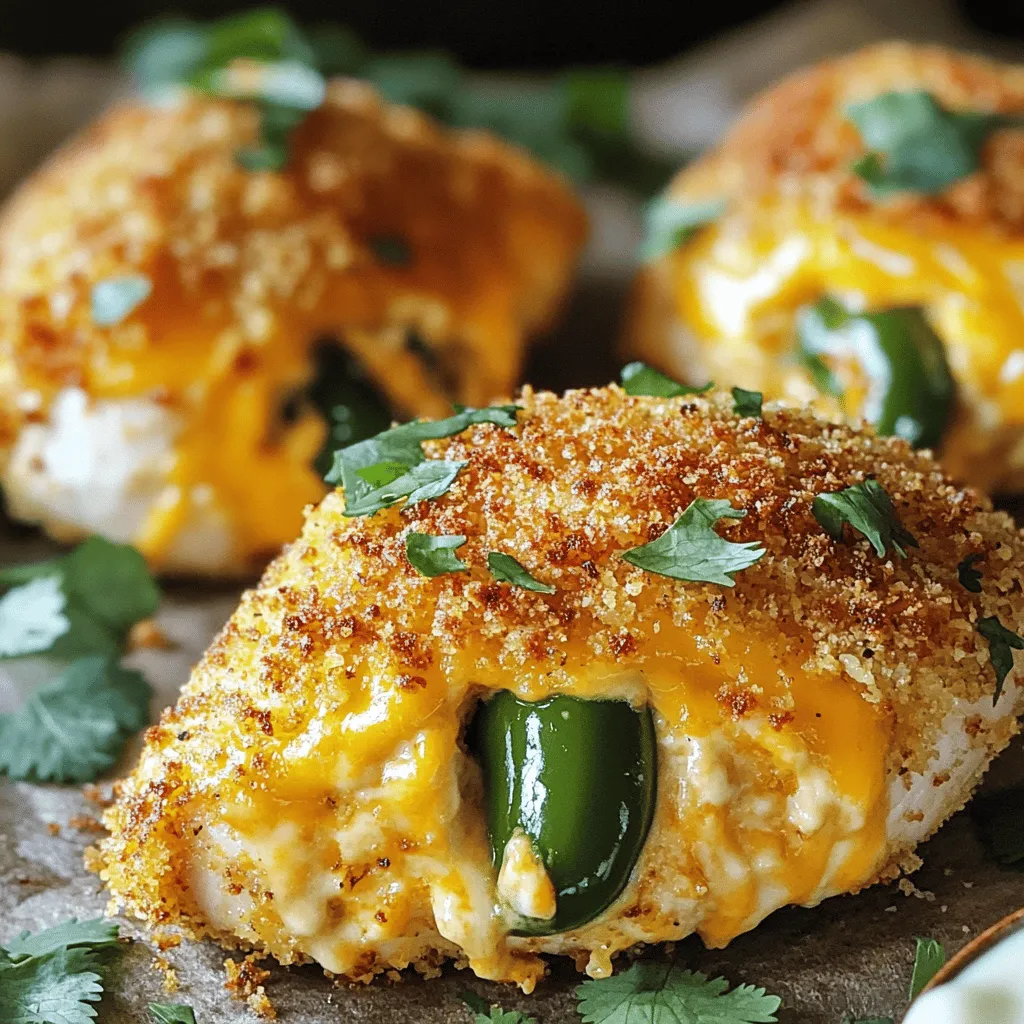 To make Air Fryer Jalapeño Popper Stuffed Chicken, gather these key ingredients: - 4 boneless, skinless chicken breasts - 4 oz cream cheese, softened - 1 cup shredded cheddar cheese - 1/2 cup jalapeños, finely diced (fresh or pickled) - 1/2 cup breadcrumbs (panko for extra crunch) - 1 teaspoon garlic powder - 1 teaspoon onion powder - 1 teaspoon paprika - Salt and pepper to taste - Olive oil spray These ingredients bring the taste of jalapeño poppers right to your chicken. When choosing ingredients, I recommend using: - Philadelphia for cream cheese. - Kraft or Tillamook for cheddar cheese. - McCormick for garlic and onion powders. - Panko breadcrumbs from Kikkoman for that perfect crunch. These brands offer quality and great taste, which enhance your meal. For a bolder taste, consider adding: - Fresh herbs like cilantro or parsley for garnish. - A squeeze of lime for a zesty kick. - Hot sauce to mix in with the cream cheese. These extras can take your stuffed chicken to the next level. Enjoy experimenting! To start, gather your ingredients. You will need: - 4 boneless, skinless chicken breasts - 4 oz cream cheese, softened - 1 cup shredded cheddar cheese - 1/2 cup jalapeños, finely diced (fresh or pickled) - 1 teaspoon garlic powder - 1 teaspoon onion powder - 1 teaspoon paprika - Salt and pepper to taste - Olive oil spray - 1/2 cup breadcrumbs (panko for extra crunch) First, preheat your air fryer to 375°F (190°C). Next, mix the cream cheese, cheddar cheese, jalapeños, garlic powder, onion powder, paprika, salt, and pepper in a bowl. Blend them well until smooth. Now, take your chicken breasts and carefully slice a pocket into each one. Make sure not to cut all the way through. This pocket will hold the cheesy mixture. Once you have your pockets, fill each chicken breast with the jalapeño popper mix. Stuff them generously for a great flavor. If needed, use toothpicks to secure the openings. Next, lightly spray the stuffed breasts with olive oil. After that, coat each side in breadcrumbs for that crispy texture. Place the stuffed chicken in the air fryer basket. Make sure they are in a single layer and not touching. This helps them cook evenly. Cook for about 15 to 18 minutes. Flip the chicken halfway through to ensure both sides brown nicely. You want them to reach an internal temperature of 165°F (75°C). As they cook, a delicious aroma will fill your kitchen. You’ll know they’re ready when they are golden brown. To check if the chicken is done, use a meat thermometer. Insert it into the thickest part of the chicken. If it reads 165°F (75°C), your chicken is safe to eat. If you don’t have a thermometer, you can cut one open. The meat should be white, and the juices should run clear. Avoid pink meat, as it may not be fully cooked. Let the chicken rest for a few minutes after cooking. This helps the juices settle, making each bite tender and juicy. Enjoy your tasty creation! To stuff chicken well, use boneless, skinless breasts. Slice a pocket into the side. Be careful not to cut all the way through. This keeps the filling inside. Use a spoon to fill each pocket with the jalapeño popper mix. Pack it in tight, but don't overstuff. If needed, secure with toothpicks to hold the filling. For a crispy coat, use panko breadcrumbs. They give a great crunch. Spray the chicken lightly with olive oil. This helps the breadcrumbs stick. After dipping, make sure the chicken is well-coated. Place it in the air fryer basket without crowding. This allows hot air to circulate, making it crispy. You can change the spice level easily. Use less jalapeño for a milder taste. You can also use sweet peppers. For more heat, add extra jalapeños or hot sauce. Mixing in some pepper jack cheese adds spice too. Taste your filling before stuffing to adjust the heat. {{image_2}} You can switch up the cheese in this recipe. Cream cheese gives a rich, smooth feel. Try using mozzarella for a stretchy texture. Pepper jack adds heat, while gouda offers a smoky flavor. Mix and match to find your favorite! If you want to change the protein, you can use turkey cutlets. They work well and stay moist. Thin pork chops also make a tasty option. For a fun twist, use firm fish, such as tilapia. Just adjust the cooking time as needed. To make this dish vegetarian, use portobello mushrooms instead of chicken. They hold the filling great. For a vegan version, replace cream cheese with cashew cream or tofu. Use vegan cheese for a cheesy taste. The panko breadcrumbs can stay the same for crunch. After enjoying Air Fryer Jalapeño Popper Stuffed Chicken, you might have some leftovers. To store them, let the chicken cool down first. Place it in an airtight container. This helps keep the chicken fresh. Store it in the fridge. It will last for about three days. Make sure to label the container with the date. When you are ready to eat the leftovers, use the air fryer for the best taste. Preheat your air fryer to 350°F (175°C). Place the chicken in the basket. Heat for about 5-7 minutes. This will make the chicken warm and crispy again. You can also use the microwave, but it may not keep the crispiness. If you want to save some for later, freezing is a great option. Wrap the stuffed chicken in plastic wrap. Then, place it in a freezer bag. Squeeze out the air before sealing it. This helps prevent freezer burn. You can freeze the chicken for up to three months. When you want to eat it, thaw it in the fridge overnight before reheating. Yes, you can use frozen chicken breasts. Thaw them completely before cooking. This ensures they cook evenly and the outside doesn’t burn. Always check the internal temperature. It should reach 165°F (75°C) for safety. Many sauces work great! Here are some tasty options: - Ranch dressing - Blue cheese dressing - Spicy sriracha mayo - Barbecue sauce These sauces enhance the flavors and add extra fun to your meal. To keep the filling inside, slice the chicken gently, making a pocket. Stuff it well, but don’t overfill. You can use toothpicks to close the opening. Lightly spray the chicken with olive oil before coating it in breadcrumbs. This also helps seal everything in while it cooks. You learned how to make a tasty stuffed chicken in this post. We covered the main ingredients, step-by-step cooking, and tips for best results. I shared variations for different diets and storage tips. Remember to check that your chicken is cooked fully and enjoy exploring the flavors. This recipe is simple, fun, and great for your meals. Try it out and see how easy it is to impress with stuffed chicken!