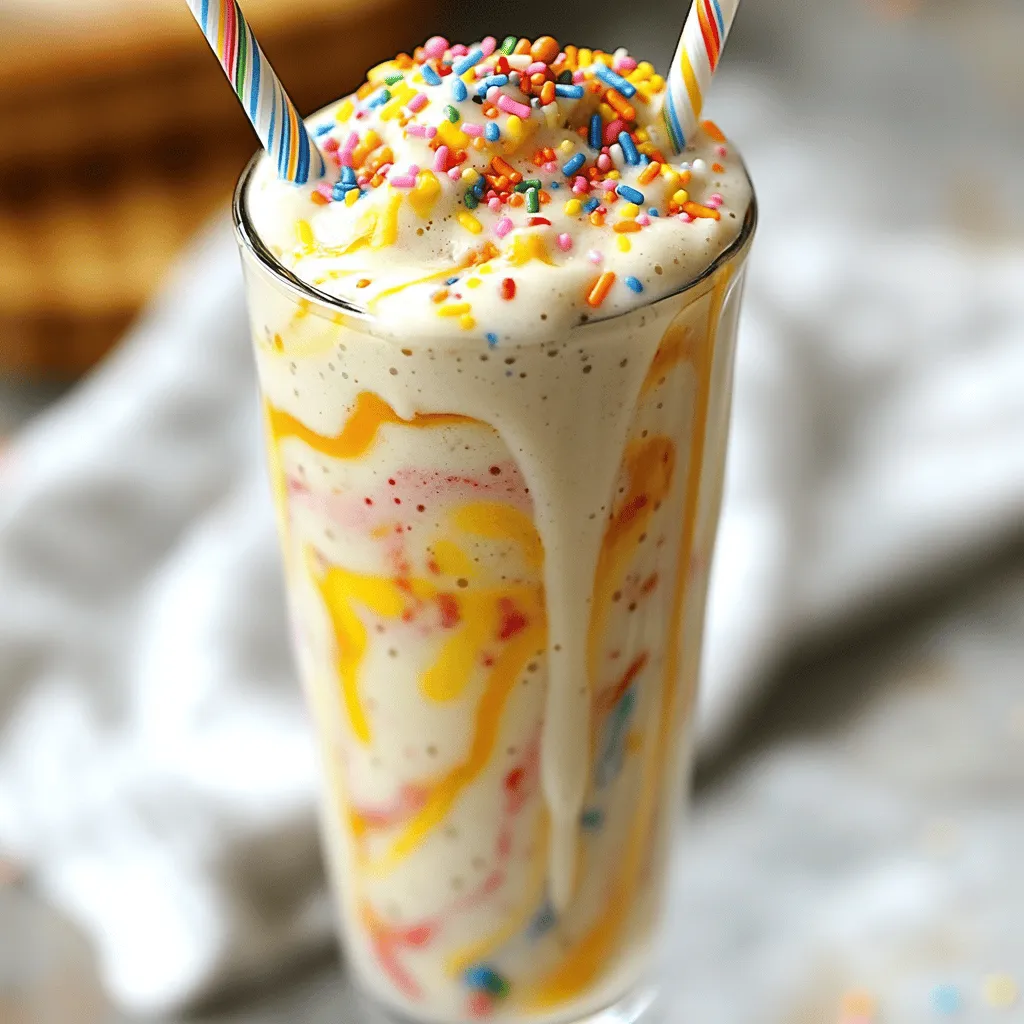 To make your High-Protein Birthday Cake Smoothie, gather these items: - 1 cup unsweetened almond milk - 1 medium ripe banana - 1 scoop vanilla protein powder - 1/4 cup rolled oats - 1 tablespoon almond butter - 1 teaspoon vanilla extract - 1 tablespoon maple syrup (optional for sweetness) - 1/2 teaspoon cinnamon - 2 tablespoons rainbow sprinkles (plus extra for topping) - Ice cubes (optional, for a thicker texture) You can swap some ingredients if you need to. Here are a few easy options: - Use soy milk or oat milk instead of almond milk. - Any ripe banana will work, but frozen ones add creaminess. - Try chocolate protein powder for a different flavor. - Use peanut butter instead of almond butter for a nutty twist. - Agave nectar or honey can replace maple syrup. - If you want fewer carbs, skip the oats. Each ingredient in this smoothie has its own perks: - Unsweetened almond milk: Low in calories and rich in vitamin E. - Banana: Great source of potassium and adds natural sweetness. - Vanilla protein powder: Helps build muscle and keeps you full longer. - Rolled oats: Good for heart health and provide fiber. - Almond butter: Packed with healthy fats and protein. - Vanilla extract: Adds flavor without extra calories. - Maple syrup: Natural sweetener that gives energy. - Cinnamon: May help regulate blood sugar and adds warmth. - Rainbow sprinkles: Fun for presentation; opt for a brand with no artificial colors. - Ice cubes: Create a thicker and colder smoothie. This smoothie is not just a treat; it's packed with nutrients. Enjoy making it and feel good about what you're drinking! To make this High-Protein Birthday Cake Smoothie, start by gathering all your ingredients. You will need: - 1 cup unsweetened almond milk - 1 medium ripe banana - 1 scoop vanilla protein powder - 1/4 cup rolled oats - 1 tablespoon almond butter - 1 teaspoon vanilla extract - 1 tablespoon maple syrup (optional for sweetness) - 1/2 teaspoon cinnamon - 2 tablespoons rainbow sprinkles (plus extra for topping) - Ice cubes (optional) Now, take your blender and pour in the almond milk. Add the ripe banana, vanilla protein powder, and rolled oats. Next, add the almond butter, vanilla extract, maple syrup if you want it sweeter, and the cinnamon. Blend these ingredients on high speed until the mixture is smooth and creamy. If you like a thicker smoothie, add a handful of ice cubes. Blend again until you reach your desired texture. Once it’s ready, carefully add the rainbow sprinkles. Pulse the blender for a few seconds. This will mix in the sprinkles without breaking them apart too much. Pour the smoothie into a tall glass. For a fun touch, sprinkle more rainbow sprinkles on top. Enjoy it right away with a straw. You can also serve it in a bowl and add a sprinkle of oats for extra crunch. To ensure your smoothie blends well, use a high-speed blender. Start by blending the liquid ingredients first. This helps the blades move freely and mix everything well. If your blender struggles, pause it and shake it gently. This can help redistribute the ingredients. If you want an even creamier smoothie, try using frozen bananas. This adds thickness and a nice chill. You can also adjust the amount of almond milk to get the consistency you like best. This smoothie is perfect for breakfast or a snack. You can enjoy it in a glass or a bowl. If you choose a bowl, add toppings like oats, nuts, or more sprinkles. This adds texture and makes it more fun. For a special treat, serve it at a birthday party. Everyone will love the festive colors and flavors. You can even put it in a fancy glass to impress your guests. Enjoy this delightful and healthy twist on birthday cake! You can change this smoothie to fit your taste. Try using different fruits, like mango or berries. They add fresh flavors and nutrients. If you want a creamier base, use coconut milk instead of almond milk. You can swap almond butter for peanut butter for a nutty twist. Add spinach or kale for extra greens without changing the taste much. To get the best flavor, always use ripe bananas. They add natural sweetness and creaminess. Make sure to blend on high speed until smooth. For a thicker texture, add ice cubes. This makes it cold and refreshing. If you want more sweetness, drizzle in some maple syrup. Just remember, a little goes a long way! Choose a protein powder you enjoy. Vanilla works well with this recipe. Check for added sugars or flavors you don’t like. Start with one scoop, then adjust based on your needs. If you want a thicker smoothie, you might add a bit more powder. Mix it well to avoid clumps. This keeps your drink smooth and tasty! {{image_2}} You can change the flavor of this birthday cake smoothie. Try adding different fruits. Berries bring a sweet and tart taste. Mango adds a tropical twist. You can even blend in a scoop of peanut butter for a nutty kick. Experiment with different flavors to find your perfect mix. Maple syrup is great, but you have options. Honey adds a nice touch. Agave syrup is another good choice. If you want less sugar, try stevia or monk fruit. These keep the smoothie sweet without the extra calories. This recipe is already dairy-free with almond milk. If you want to make it vegan, ensure your protein powder is plant-based. You can also use coconut yogurt for creaminess. This keeps the cake vibe while sticking to your dietary needs. If you have leftover smoothie, pour it into a clean jar. Seal it tightly. Store it in the fridge for up to two days. Shake it well before you drink it. This will help mix the ingredients again. You can freeze your smoothie for later. Pour it into ice cube trays or freezer-safe bags. Make sure to leave some space for expansion. When you're ready to enjoy, blend the frozen cubes with a little almond milk. This gives you a fresh taste. Smoothies are best fresh, but you can gently reheat them. Warm them in a pot on low heat. Stir often to avoid cooking. You can also add a bit more almond milk to thin it out. This helps bring back the creamy texture. Yes, you can make this smoothie ahead of time. Just blend all the ingredients and store it in the fridge. It stays fresh for about 24 hours. The smoothie may thicken, so shake it well before drinking. If you freeze it, drink it within a month. If you don’t have almond milk, use any milk you like. Options include soy milk, oat milk, or coconut milk. Each will change the flavor a bit but will still taste great. You can also use water if you want to keep it light. To boost the protein, add extra protein powder or some Greek yogurt. You can also include chia seeds or hemp seeds. These options add protein and healthy fats. They also keep you full longer, making this smoothie a great meal option. You now have a great guide for making a delicious smoothie. We covered the full list of ingredients, how to prepare them, and various tips to enhance flavor. I shared ways to customize your smoothie, explore different flavors, and store your leftovers. Remember, you can mix and match ingredients to suit your taste and needs. Smoothies are flexible and fun! Enjoy experimenting and find your perfect blend today.