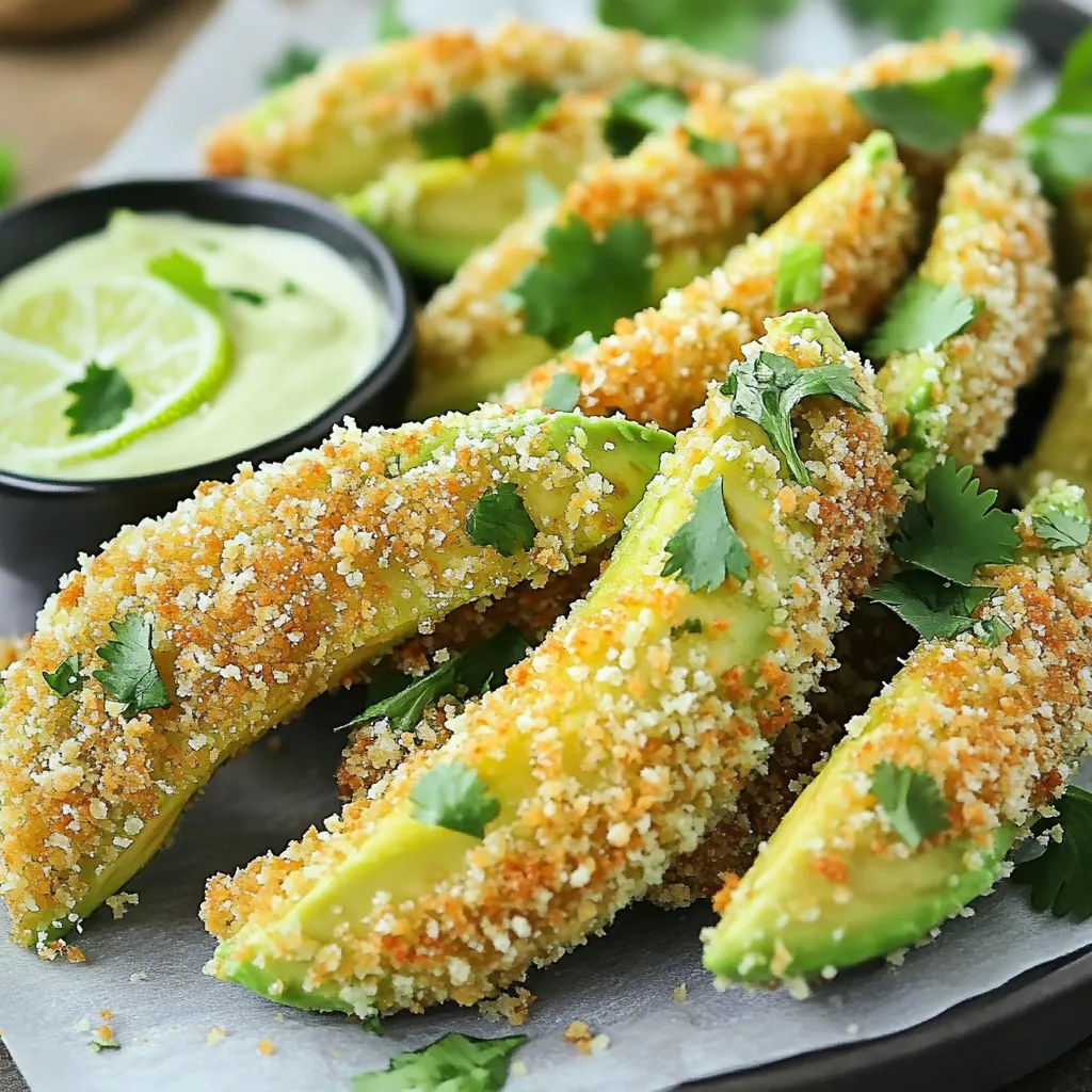 To make air fryer crispy avocado fries, you need: - 2 ripe avocados - 1 cup breadcrumbs (panko works best for crunch) - ½ cup all-purpose flour - 2 large eggs For the perfect flavor, gather: - 1 teaspoon garlic powder - 1 teaspoon smoked paprika - ½ teaspoon salt - ¼ teaspoon pepper You can use: - Cooking spray - Olive oil spray These simple ingredients come together to create a tasty treat. The ripe avocados give a creamy base, while the panko breadcrumbs add a delightful crunch. The spices elevate the flavor to make each bite irresistible. First, I heat the air fryer to 375°F (190°C). This step makes the fries crispy. Next, I cut the ripe avocados in half. I remove the pit and scoop out the flesh carefully. It’s important to keep the halves intact. I then slice each half into wedges. These wedges will be our fries. Now, it's time to set up my breading station. I grab three bowls. In the first bowl, I add the all-purpose flour. I season it with a pinch of salt and pepper. In the second bowl, I beat the two large eggs. The last bowl holds the breadcrumbs mixed with garlic powder, smoked paprika, salt, and pepper. To bread the avocado wedges, I start by dipping each one in the flour. I shake off any extra flour. Then, I dip it into the beaten egg. I let the excess egg drip off. Lastly, I coat each wedge in the seasoned breadcrumbs. I press gently to help them stick. Before placing the fries in the air fryer, I spray the basket lightly with cooking spray. This prevents sticking. I arrange the avocado fries in a single layer, avoiding overcrowding. If needed, I do this in batches. To help them crisp up, I spray the tops with a bit of cooking oil spray. I air fry the wedges for about 10-12 minutes. Halfway through, I flip them to ensure even cooking. They should turn golden brown and crispy. Once done, I carefully take them out and let them cool for a minute. Then, they are ready to serve! To make your avocado fries crispy, use panko breadcrumbs. They are lighter and crunchier than regular breadcrumbs. Before air frying, spray the fries lightly with cooking oil. This helps them brown nicely. Be sure to give them space in the fryer. Overcrowding can lead to soggy fries. You can boost the flavor in many ways. Add more spices to the breadcrumb mix. Try cayenne pepper for heat or Italian herbs for a twist. A squeeze of lime juice before serving can brighten the taste. Serve with a zesty dipping sauce like lime crema or spicy mayo. One common mistake is using unripe avocados. They won’t mash easily and can taste bitter. Another mistake is skipping the dredging steps. Each step helps the coating stick better. Lastly, don’t forget to flip the fries halfway through cooking. This ensures even cooking and crispiness. {{image_2}} To spice things up, add heat to your avocado fries. Mix some cayenne pepper into the breadcrumb mix. You can start with ¼ teaspoon and adjust to your taste. Not only does this add flavor, but it also gives a nice kick. You can also serve the fries with a spicy dipping sauce. A chipotle mayo or sriracha sauce works great! You can easily make this a vegan dish. Replace the eggs with a flaxseed mixture. Mix one tablespoon of ground flaxseed with three tablespoons of water. Let it sit for a few minutes until it thickens. This acts as a binding agent. Use your favorite plant-based breadcrumbs to keep it vegan. Dipping sauces can change the game for your avocado fries. Try a zesty lime crema made with vegan sour cream, lime juice, and cilantro. You can also make a simple guacamole by mashing avocado with lime juice, salt, and diced tomatoes. Other great options include ranch dressing or a sweet chili sauce for a fun twist. You can keep leftover avocado fries in the fridge. Place them in an airtight container. They stay fresh for about 2-3 days. When you want to eat them, check if they still look good. If they turn brown, it’s best to toss them. To reheat your avocado fries, use the air fryer again. Preheat it to 375°F (190°C). Place the fries in the basket for about 5 minutes. This method helps them regain their crunch. You can also use a regular oven at 350°F (175°C) if you prefer. You can freeze unbaked avocado fries. After breading, place them in a single layer on a baking sheet. Freeze them for about 1 hour until firm. Then transfer them to a freezer bag. They can last for up to 2 months. When ready to cook, no need to thaw. Just air fry them straight from the freezer. Yes, you can use ripe avocados. They should feel slightly soft when you press them. Ripe avocados give a creamy texture inside the crispy coating. Just be careful when cutting them. Overripe avocados may break apart too easily. To cut avocados for fries, first, slice the avocado in half and remove the pit. Use a spoon to scoop the flesh from the skin. Then, cut each half into wedges. Aim for thick slices, about 1 inch wide. This size helps them hold up well during cooking. To make these fries gluten-free, swap the all-purpose flour and breadcrumbs for gluten-free alternatives. Use gluten-free flour and gluten-free breadcrumbs. These swaps keep the fries just as crispy and tasty. Just check the labels to ensure they fit your diet. In this post, we explored how to make delicious avocado fries. We covered the main and seasoning ingredients, plus cooking spray options. The step-by-step instructions walked you through the preparation and breading, ending with the air frying technique. We shared tips for extra crispiness and flavor, along with common mistakes to watch for. Variations included spicy and vegan options. Finally, we discussed storage and reheating methods. You now have all the tools to make these tasty fries at home. Enjoy your cooking!