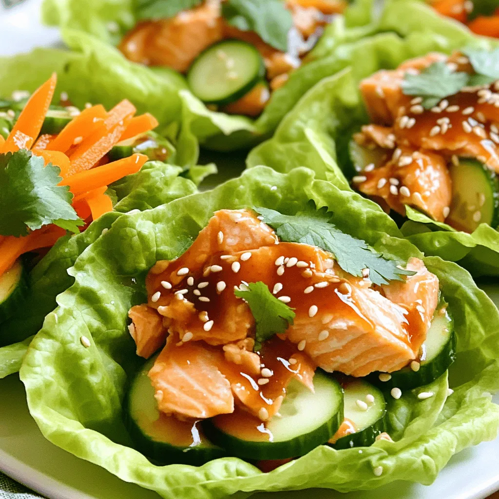 - 2 salmon fillets (6 oz each) - 3 tablespoons sweet chili sauce - 1 tablespoon soy sauce - 1 teaspoon sesame oil - 1 clove garlic, minced - 1 tablespoon fresh ginger, grated - 1 tablespoon lime juice - 1 head of butter lettuce, leaves separated - 1 small cucumber, thinly sliced - 1 carrot, julienned - Fresh cilantro leaves for garnish - Sesame seeds for garnish I love using fresh ingredients for my Sweet Chili Salmon Lettuce Wraps. The salmon fillets are the star of the dish. They are rich in flavor and healthy. Sweet chili sauce adds a nice sweetness and a little heat. Soy sauce gives it depth, while sesame oil adds a nutty touch. You can boost the flavor with optional ingredients. Minced garlic brings a punch, while fresh ginger adds warmth. A splash of lime juice gives it a refreshing zing. For the wraps, I prefer butter lettuce. It is soft and easy to roll. Thin cucumber slices and julienned carrots add crunch. Fresh cilantro gives a burst of freshness, and sesame seeds provide a lovely finish. Gathering these ingredients makes cooking fun and exciting. You can customize the wraps to your taste, making each bite a delight. First, I like to mix the marinade. In a small bowl, combine: - 3 tablespoons sweet chili sauce - 1 tablespoon soy sauce - 1 teaspoon sesame oil - 1 clove garlic, minced - 1 tablespoon fresh ginger, grated - 1 tablespoon lime juice This mix brings bold flavor to the salmon. Next, place the salmon fillets in a shallow dish. Pour the marinade over the fillets. Let them marinate for at least 20 minutes. This step helps the salmon soak up the flavors. Now it’s time to cook the salmon. Preheat your grill or pan over medium heat. Remove the salmon from the marinade, but keep the marinade for later. Cook the salmon for about 4-5 minutes on each side. Check for flakiness; it should flake easily with a fork. During the last minute of cooking, brush some reserved marinade onto the salmon. This adds extra flavor and a nice glaze. While the salmon cooks, wash and dry the lettuce leaves. I prefer butter lettuce for its softness and shape. Pat them dry and lay them out on a platter. Once the salmon is cooked, flake it into bite-sized pieces using a fork. Divide the flaked salmon among the lettuce leaves. Top each wrap with: - Sliced cucumber - Julienned carrot - Fresh cilantro These toppings add crunch and freshness. Finally, sprinkle sesame seeds on top of each wrap. You can drizzle a little extra sweet chili sauce if you want more zing. Serve these wraps right away, and enjoy a fresh and tasty meal! To check if your salmon is done, look for flakes. Gently press with a fork. If it separates easily, it's ready. You want it moist, not dry. To avoid drying out the salmon, cook it on medium heat. Don't overcook; four to five minutes per side works well. Brush with marinade near the end of cooking for added flavor. Want to change things up? You can swap out some ingredients. Try honey instead of sweet chili sauce for a different sweetness. If you like heat, add red pepper flakes or sriracha to the marinade. This will give your salmon a spicy kick that pairs well with the cool veggies. These wraps are great on their own, but sides can elevate the meal. Serve with rice or a light salad for balance. You can customize the lettuce wraps too. Add sliced avocado or bell peppers for extra crunch. Enjoy experimenting with flavors and textures! {{image_2}} If you want to switch things up, try using chicken or tofu instead of salmon. Chicken breast works well with the sweet chili sauce. Just marinate it like you would the salmon and grill it until cooked through. For a plant-based option, firm tofu is great. Press the tofu to remove extra water, then slice it. Marinate and cook it just like the salmon. Both options keep the dish fresh and tasty. You can also play with sauces. Teriyaki sauce adds a sweet and savory twist. Just swap it for the sweet chili sauce. Peanut sauce can give your wraps a rich, nutty flavor. Drizzle it over the flaked protein for a new taste. Don't be afraid to mix and match; sauces can change the whole meal. Adding seasonal vegetables can make your wraps even better. In spring, try adding fresh snap peas or radishes for crunch. In summer, diced bell peppers add color and flavor. In the fall, you could use roasted butternut squash. Each season brings unique veggies that can brighten your dish. Explore what’s fresh and enjoy the variety! To keep your sweet chili salmon lettuce wraps fresh, store the components separately. Place any leftover salmon in an airtight container. Store the lettuce leaves in a clean, dry bag or container to avoid wilting. Keep the toppings like cucumber and carrot in another container. This helps keep each part fresh and crisp. When reheating the salmon, use a microwave or a skillet. If using a microwave, place the salmon on a plate and cover it with a damp paper towel. Heat in short bursts, about 30 seconds at a time, until warm. If using a skillet, heat it on low. Add a splash of water to create steam, cover, and heat gently. This method preserves the flavor and texture of the salmon. To freeze these wraps, freeze the salmon and toppings separately. Wrap the salmon in plastic wrap, then place it in a freezer bag. For the veggies, store them in a container or bag. Lettuce does not freeze well, so use it fresh. When ready to eat, thaw the salmon and toppings in the fridge overnight before reheating. This keeps everything fresh and tasty. You should marinate the salmon for at least 20 minutes. This time lets the flavors soak in well. For a deeper taste, you can marinate for up to an hour. Just remember, the longer you marinate, the stronger the taste. Yes, you can use frozen salmon. Just make sure to thaw it properly before marinating. Place the salmon in the fridge overnight for the best results. If you’re in a hurry, you can also thaw it in cold water for about an hour. Once thawed, pat it dry before adding the marinade. Butter lettuce is the best for wraps. Its leaves are soft and hold the filling well. You can also use romaine or iceberg if you like a crunchier wrap. Both types work well, but they may not be as flexible as butter lettuce. This guide shows you how to make tasty salmon lettuce wraps. We covered the main and optional ingredients, like sweet chili sauce and fresh ginger. You learned about marinating, cooking, and assembling the wraps. I shared tips for the best results, variations, and storage ideas. Now, you can impress family and friends with your cooking skills. Enjoy the fun of creating these wraps your way.
