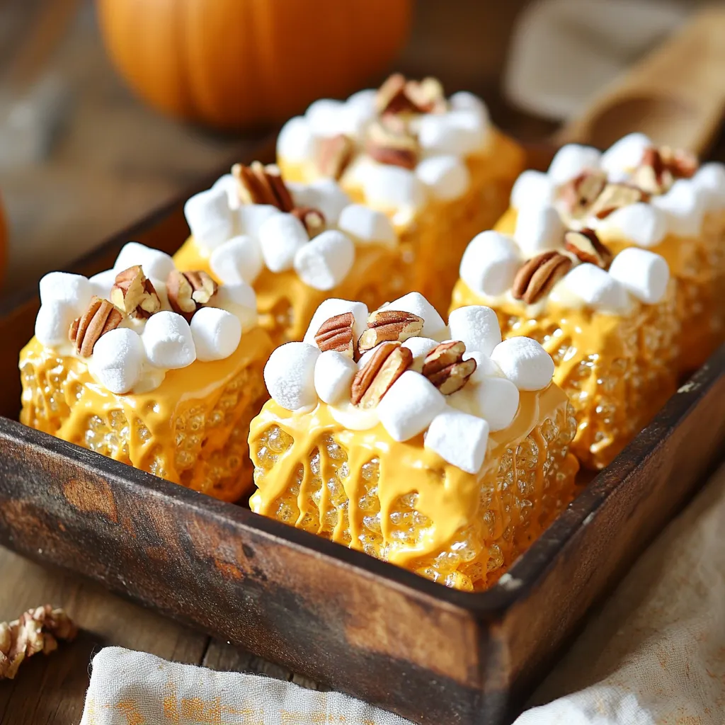 To make these treats, gather these key items: - 4 cups crispy rice cereal - 1 cup mini marshmallows (plus extra for topping) - 1/2 cup unsalted butter - 1 teaspoon pumpkin spice blend - 1/4 cup pure pumpkin puree - 1/2 teaspoon vanilla extract - Pinch of salt These ingredients come together to create a warm, spiced flavor. The pumpkin puree adds richness, while the marshmallows give a sweet, chewy texture. You can enhance your treats with: - 1/4 cup chopped pecans or walnuts Chopped nuts add a nice crunch. They also bring a bit of healthy fat to balance the sweetness. Feel free to mix in your favorite nuts or leave them out for a lighter treat. For the best flavor, choose high-quality ingredients: - Use fresh mini marshmallows for a soft, gooey texture. - Opt for pure pumpkin puree, not the spiced kind in a can. This helps control the spice level. - Select unsalted butter to let the pumpkin spice shine through. Choosing the right ingredients makes a big difference in your treats. Quality counts! Start by greasing a 9x13-inch baking dish with cooking spray or butter. This step helps prevent sticking. Set the dish aside for later use. In a medium saucepan, melt 1/2 cup of unsalted butter over low heat. Stir it gently to avoid browning. Once the butter is melted, add 1 cup of mini marshmallows. Keep stirring until they melt completely and become smooth. This mixture is key to your treats. Remove the saucepan from heat. Stir in 1 teaspoon of pumpkin spice blend, 1/4 cup of pure pumpkin puree, 1/2 teaspoon of vanilla extract, and a pinch of salt. Mix well until everything is creamy. This adds rich flavor to your treats. Pour 4 cups of crispy rice cereal into the marshmallow mixture. Gently fold the cereal until it is fully coated. If you want a crunchy twist, fold in 1/4 cup of chopped pecans or walnuts. Transfer the mixture to the prepared baking dish. Use a spatula or greased hands to press it down evenly. Top your mixture with extra mini marshmallows, pressing them gently into the surface. Allow the treats to cool at room temperature for 30 minutes or until set. Once cool, cut into squares or rectangles. Enjoy your delicious Pumpkin Spice Marshmallow Krispie Treats! To keep your treats from sticking, grease your baking dish well. You can use cooking spray or butter. This step makes a big difference. When melting your butter and marshmallows, stir often. This helps create a smooth mix. Once mixed, fold in the crispy rice cereal gently. This keeps the texture light and airy. Pressing the mixture into the dish lightly also helps. To boost flavor, use fresh pumpkin spice blend. It adds warmth and depth. Measure one teaspoon for the right kick. Adding 1/4 cup of pure pumpkin puree helps too. It gives moisture and enhances the pumpkin taste. Don’t forget a pinch of salt; it balances the sweetness. A tiny bit of vanilla extract rounds out the flavors nicely. For fun presentation, top your treats with extra mini marshmallows. Press them gently into the surface. This adds sweetness and a cute look. You can also sprinkle chopped pecans or walnuts on top. This gives a nice crunch and texture contrast. For a festive touch, drizzle melted chocolate over the top. It makes them extra special and fun to eat. {{image_2}} You can add fun flavors to these treats. Try adding a teaspoon of cinnamon for a warm twist. You can also mix in some chocolate chips to make it rich and sweet. The blend of pumpkin spice and chocolate is a winning combo. These small changes keep the treats fresh and exciting. If you need gluten-free treats, use gluten-free crispy rice cereal. Many brands offer gluten-free options, so check the labels. You can still enjoy the same great taste without the gluten. Plus, if you want to make it dairy-free, substitute the butter with coconut oil. These swaps make it easy for everyone to enjoy. While crispy rice cereal is a classic choice, you can explore other cereals too. Try using corn flakes for a crunchier texture. Or, you can use puffed quinoa for a healthier twist. Each cereal brings a unique flavor and texture. Experimenting with different cereals can lead to new favorite treats. To keep your pumpkin spice marshmallow Krispie treats fresh, store them in an airtight container. This helps to keep them soft and chewy. Place parchment paper between layers if you stack them. This prevents sticking. Make sure to seal the container tightly to avoid air exposure. These treats can last up to five days at room temperature. Keep them in a cool, dry place. If you notice any signs of drying out, you can add a slice of bread to the container. The bread will help keep the treats moist. You can freeze these treats for up to three months. Cut them into squares first. Wrap each square in plastic wrap, then place them in a freezer bag. Be sure to press out any air before sealing. When you’re ready to eat, thaw them in the fridge overnight for the best texture. Yes, you can. Use applesauce or butternut squash puree. These will change the flavor slightly but still taste great. If you want a lighter flavor, applesauce works well. Just remember to keep the same amount in the recipe. To make the treats less sweet, reduce the mini marshmallows. You can use 3/4 cup instead of 1 cup. For more sweetness, add more marshmallows or a bit of brown sugar. You can also try using sweet toppings like chocolate drizzle for extra sweetness. Absolutely! You can add flavors like cinnamon, chocolate, or even peanut butter. Try mixing in some cocoa powder for a chocolate twist. You can also add a splash of peppermint extract for a wintery flavor. This makes the treats fun and new each time. If your treats are sticky, try using more butter in the recipe. You can also let them cool longer before cutting. If they are still sticky, dust your hands with a little powdered sugar when handling them. This helps keep things neat and makes cutting easier. You learned how to make tasty Pumpkin Spice Marshmallow Krispie Treats. We covered essential ingredients, like marshmallows and pumpkin puree, and shared fun add-ins. The step-by-step guide shows how to melt, mix, and cool your treats. You learned helpful tips for texture and flavor, plus creative variations and storage tips. These treats are simple, fun, and perfect for sharing. Enjoy making them for any occasion!