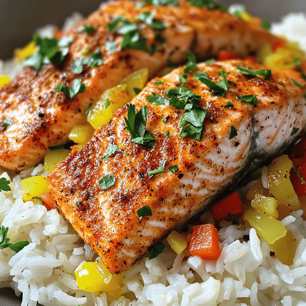 - 2 salmon fillets (about 6 oz each) - 1 cup jasmine rice, rinsed - 2 cups vegetable broth or water - 2 tablespoons Cajun seasoning - 1 teaspoon paprika - 1/2 teaspoon cayenne pepper (adjust to taste) - Salt and pepper to taste - 1 red bell pepper, diced - 1 small yellow onion, diced - 3 cloves garlic, minced - 2 tablespoons olive oil - Fresh parsley, chopped Gathering the right ingredients sets the stage for your One-Pan Cajun Salmon & Rice. You need fresh salmon fillets, jasmine rice, and vegetable broth or water for cooking. The Cajun seasoning adds a kick. You can mix in spices like paprika and cayenne for heat. Next, the veggies make this dish colorful. Diced red bell pepper and onion bring sweetness. Minced garlic adds depth to the flavor. Olive oil helps sauté these ingredients, making them soft and fragrant. If you want a finishing touch, sprinkle fresh parsley on top. This adds a pop of color and freshness. With these ingredients, your dish will be full of flavor and nutrition. - Rinsing the jasmine rice: Start by rinsing the jasmine rice under cold water. Keep rinsing until the water runs clear. This step removes extra starch and helps the rice cook well. - Seasoning the salmon fillets: Rub both salmon fillets with olive oil. Use your hands to coat them well. Sprinkle the Cajun seasoning, paprika, cayenne, salt, and pepper evenly on both sides. This gives the salmon a bold, spicy flavor. - Sautéing aromatics: In a large skillet, heat olive oil over medium heat. Add the diced onion and red bell pepper. Sauté these for about 4-5 minutes. They should become soft and fragrant. Then add the minced garlic and cook for another minute. This step builds a flavor base for your dish. - Toasting the rice: Next, add the rinsed jasmine rice to the skillet. Stir it well to coat the rice in the oil and spices. Toast the rice for 1-2 minutes. This adds an extra layer of flavor to the final dish. - Combining broth and rice: Pour in the vegetable broth or water. Stir to mix everything together. Bring the mixture to a boil, then lower the heat. Cover the pan and let it simmer for 15 minutes. This allows the rice to absorb the broth and flavors. - Placing salmon in the pan: After 15 minutes, lift the lid and make two small wells in the rice. Place the seasoned salmon fillets, skin-side down, into the wells. Cover the pan again and cook for 8-10 minutes. The salmon should flake easily with a fork when it is done. Adjusting seasoning levels: Start with the Cajun seasoning. I love using two tablespoons. If you want more heat, add extra cayenne. Taste the salmon before cooking. Adjust salt and pepper too. This gives you control over the spice level. Tips for flaking salmon: Once cooked, let the salmon rest for a minute. Use a fork to gently pull apart the salmon. Flake it into big chunks. This adds texture to your dish. You want to keep the salmon juicy and tender. Best type of skillet to use: A deep skillet works well for this dish. It holds the rice and salmon perfectly. A non-stick surface helps prevent sticking. This makes serving easier and clean-up quicker. Choose one that heats evenly. Temperature control while cooking: Start with medium heat when sautéing. This softens your veggies without burning them. When simmering, switch to low heat. This helps the rice cook slowly and absorb flavors. Always keep an eye on it. Utilizing additional spices: You can add more spices for depth. Try adding thyme or oregano for a fresh taste. A squeeze of lemon at the end brightens the dish. This small step makes a big difference in flavor. Pairing with side dishes: Serve this dish with a fresh salad. A crunchy side balances the meal. Garlic bread also pairs well for a hearty touch. Consider a light wine too. It complements the spices nicely. {{image_2}} You can swap the salmon for chicken or shrimp. Chicken thighs or breasts work well. Season them just like the salmon. Cook them until they reach a safe temperature. Shrimp cooks quickly and adds a nice touch. Use medium heat and add them after the rice simmers for about 10 minutes. For a vegetarian option, try using chickpeas or tofu. Both options soak up the Cajun flavors well. You can season them in the same way, then add them to the rice. This adds protein and keeps the dish hearty and satisfying. If you want a different base, try quinoa or couscous. Both cook fast and are full of nutrients. Quinoa gives a nice nutty flavor and extra protein. Rinse it before adding to your dish, just like the rice. Couscous is another great choice. It cooks in just a few minutes. Just pour hot broth over it and let it sit. For a whole grain option, use brown rice. It has more fiber and a chewy texture. Just remember, brown rice takes longer to cook, so adjust your time. To switch up the flavor, think about adding citrus. A squeeze of lemon or lime brightens up the dish. You can also add zest for a stronger taste. Different herbs and spices can change the game too. Try fresh thyme or oregano for a new twist. Paprika adds a sweet-smoky flavor. Experiment with what you have on hand. Each change can make the dish feel fresh and exciting! To keep your Cajun salmon and rice fresh, follow these steps: - Allow the dish to cool completely. - Store it in an airtight container. - Place it in the fridge. If you want to freeze leftovers, here’s how: - Use freezer-safe bags or containers. - Remove as much air as possible. - Label with the date before freezing. When it’s time to enjoy leftovers, use these methods: - Microwave: Place on a microwave-safe plate. Heat for 1-2 minutes. - Stovetop: Add a splash of broth to a pan. Heat on low until warm. To keep flavors intact, consider these tips: - Cover when reheating to retain moisture. - Stir occasionally to heat evenly. For best quality, know how long to store: - In the fridge, it lasts about 3 days. - In the freezer, it can stay good for 2-3 months. To check if the salmon is done, look for a few signs. The color should turn from bright pink to a pale, opaque shade. The salmon should also flake easily with a fork. - Cook salmon until it reaches an internal temperature of 145°F (63°C). - The flesh should be firm, not mushy. Perfect salmon has a moist texture and is not dry. If it looks and feels right, it’s ready to eat! Yes, you can prepare this dish ahead of time. To meal prep, cook the salmon and rice as usual. Allow it to cool, then store it properly. - Place leftovers in airtight containers. - Keep in the fridge for up to three days. For best results, reheat gently in a skillet or microwave. This keeps the flavors fresh and ensures the salmon stays moist. This dish pairs well with several tasty sides. Here are some ideas: - Steamed broccoli or green beans add color and crunch. - A fresh salad with lemon vinaigrette complements the spicy flavors. For drinks, consider serving this meal with a crisp white wine or sparkling water. Both will balance the rich taste of the salmon and rice nicely. In this blog post, we explored how to make delicious Cajun salmon with jasmine rice. You learned about the key ingredients, the step-by-step cooking process, and tips for perfecting your dish. I shared various protein and rice options to mix things up, along with storage tips for leftovers. Enjoy creating this meal for yourself or loved ones. Cooking can be fun and flavorful. Your kitchen adventures will only improve with practice. Try adding your own twist!