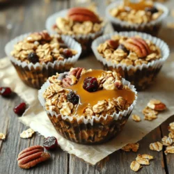 - 1 ½ cups rolled oats - ½ cup chopped pecans - 1 cup protein powder (vanilla or unflavored) The base of our granola cups starts with rolled oats. They add fiber and a great texture. Next, we have chopped pecans. They give a nice crunch and nutty flavor. I like to use protein powder for added nutrition. You can choose vanilla or unflavored. Both work well! - ¼ cup maple syrup - ½ cup almond butter (or any nut butter) - 1 teaspoon vanilla extract For sweetness, we use maple syrup. It adds rich flavor and natural sweetness. Almond butter acts as a binder, helping the cups stick together. You can swap it for any nut butter you like. The vanilla extract gives a warm taste that enhances all the flavors. - ½ teaspoon cinnamon - Pinch of salt - ¼ cup dried cranberries (optional) - ¼ cup dark chocolate chips (optional) Cinnamon adds warmth and depth to the flavor. A pinch of salt balances the sweetness. If you want to add more texture, consider dried cranberries or dark chocolate chips. Both options give extra flavor and sweetness. You really can’t go wrong with these choices! To start, gather a large mixing bowl. Add 1 ½ cups of rolled oats, ½ cup of chopped pecans, 1 cup of protein powder, ½ teaspoon of cinnamon, and a pinch of salt. Mix these dry ingredients well. This step helps ensure they blend evenly. Next, grab a microwave-safe bowl. In this bowl, combine ½ cup of almond butter and ¼ cup of maple syrup. Warm them together for about 15-20 seconds. This warming makes the mixture runny. Once warm, stir in 1 teaspoon of vanilla extract. This adds flavor and richness. Now, it’s time to combine the wet and dry ingredients. Pour the warm almond butter mixture over the dry mix. Use a spatula or your hands to blend everything together. The mixture should be sticky and hold its shape. If you want, fold in ¼ cup of dried cranberries and ¼ cup of dark chocolate chips. Line a muffin tin with parchment liners or lightly grease it. Scoop about 2 tablespoons of the mixture into each muffin cup. Press down firmly to pack it tightly. This helps the granola cups hold their shape. After filling the muffin tin, place it in the fridge for at least 30 minutes. This chilling time firms up the granola cups. Once ready, remove them from the tin and store them in an airtight container. Enjoy your delicious, no-bake maple pecan protein granola cups! To achieve a sticky mixture, start by mixing your dry ingredients well. This includes rolled oats, chopped pecans, protein powder, cinnamon, and salt. Make sure there are no clumps. Next, warm the almond butter and maple syrup together in the microwave. This step makes the mixture easier to blend. It should be runny but not too hot. Once combined, pour this over the dry mixture. Use your hands or a spatula to mix until everything is well coated. The mixture needs to stick together well. If it feels too dry, add a little more nut butter or syrup. You can change the nut butter for new flavors. Try peanut butter, cashew butter, or sunflower seed butter. Each adds a unique twist. For add-ins, think about dried fruits like raisins or apricots for sweetness. You can also mix in seeds like chia or flax for extra nutrition. If you love chocolate, consider using cocoa powder in place of some protein powder. This gives a rich taste. Experiment with these options to find your favorite flavor. Enjoy these granola cups for breakfast, snacks, or dessert. They are great on their own, but toppings can make them even better. Drizzle with extra maple syrup for sweetness. Fresh fruit like bananas or berries adds flavor and color. You can also add yogurt on top for creaminess. Get creative with toppings to make each serving special. {{image_2}} You can easily change the flavor of these granola cups. Here are two fun ideas: - Chocolate Nut Variation: Swap in chocolate protein powder for vanilla. You can also add dark chocolate chips for a rich taste. The chocolate pairs well with the maple and pecans. - Fruit and Nut Variation: Add your favorite dried fruits like raisins or apricots. You can mix in walnuts or almonds for a different nutty flavor. This makes each bite a tasty surprise. These granola cups can fit many diets. Here are a few suggestions: - Gluten-free options: Use certified gluten-free oats. This keeps the recipe gluten-free while still tasty. - Vegan substitutions: To make these vegan, replace the protein powder with a plant-based option. Use maple syrup and nut butter, which are already vegan. With these changes, you can enjoy these cups no matter your diet! To keep your no-bake maple pecan protein granola cups fresh, place them in an airtight container. Line the container with parchment paper to prevent sticking. Make sure to store them in the fridge for the best taste and texture. These granola cups will last up to one week in the fridge. If you want to store them longer, you can freeze them. They will keep well in the freezer for up to three months. Just remember to wrap each cup tightly in plastic wrap before placing them in a freezer-safe bag. You don’t really need to reheat these granola cups. They taste great cold. If you prefer them warm, you can microwave them for about 10 seconds. Enjoy them as a quick breakfast or snack right out of the fridge. Drizzle with more maple syrup for an extra treat! Yes, you can use other nuts. Almonds, walnuts, or cashews work well. Just chop them up like the pecans. You can also use seeds if you prefer. Sunflower seeds or pumpkin seeds add a nice crunch too. Feel free to experiment with what you have at home. Absolutely! To make these cups vegan, swap the honey or maple syrup for agave syrup. Use a plant-based protein powder. Almond butter is already vegan, so you’re good there. Just check your chocolate chips as some brands may contain milk. You can easily adjust this recipe. For gluten-free options, use gluten-free oats. Choose a protein powder that fits your diet. Look for one that is dairy-free if needed. You can also use nut butter alternatives like sunflower butter for nut-free needs. These granola cups are easy to make and packed with flavor. You learned about the main ingredients like oats and pecans and the key sweeteners. I shared step-by-step instructions to ensure great results. You can customize flavors or adjust for dietary needs. Store them well for long-lasting freshness. Enjoy experimenting with your favorite mix-ins. These tasty cups are perfect for a quick snack or breakfast. Happy cooking!