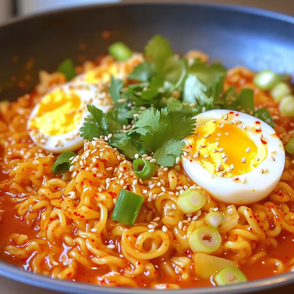 To make Minute Spicy Kimchi Noodles, you need these simple ingredients: - 200g instant noodles - 1 cup chopped kimchi - 2 tablespoons gochujang - 1 tablespoon sesame oil - 1 teaspoon soy sauce - 1 teaspoon sugar - 1 green onion, chopped - 1 tablespoon toasted sesame seeds - Soft-boiled egg (optional) - Fresh cilantro for garnish (optional) You can find these items at most grocery stores. Instant noodles make this dish quick and easy. Choose your favorite kimchi for the best flavor. Gochujang adds that spicy kick. Sesame oil gives a lovely nutty taste. The soy sauce and sugar balance the flavors well. Fresh green onion and toasted sesame seeds add crunch. If you like eggs, a soft-boiled one on top is a nice touch. Finally, fresh cilantro brightens everything up. - Prepare instant noodles according to package instructions. - Drain and set aside. - Combine chopped kimchi, gochujang, sesame oil, soy sauce, and sugar. - Mix well to create the sauce. - Toss cooked noodles with the kimchi sauce. - Incorporate chopped green onion and toasted sesame seeds. - Optionally add sliced soft-boiled egg on top. - Garnish with fresh cilantro. This dish comes together fast. You will love how bold and vibrant the flavors are. Enjoy every bite of your Minute Spicy Kimchi Noodles! For quick-cooking noodles, I recommend brands like Nissin, Samyang, or Nongshim. These brands cook fast and taste great. Look for noodles that have a good bite. A firmer texture adds a nice chew to your dish. The quality of your kimchi matters a lot. Choose kimchi that is fresh and flavorful. A good kimchi will bring depth to your noodles. Adjust the spice levels with gochujang. If you like it hot, add more gochujang. If you want it milder, start with less. You can always add more spice later. Pair your kimchi noodles with side dishes like pickled vegetables or a simple salad. These sides can balance the heat from the noodles. For a meal, serve the noodles in a bowl with the soft-boiled egg on top. This adds creaminess and richness to each bite. Garnish with fresh cilantro for a pop of color. {{image_2}} You can easily make this dish plant-based. First, swap the gochujang for a vegan option. Many brands now offer vegan chili paste. You can also skip the soft-boiled egg. Add extra veggies, like bell peppers or spinach, for more nutrition. These will give your noodles a fresh crunch and color. Want it milder? Use less gochujang. You can also add a bit of sugar to balance the heat. If you love spice, try adding more gochujang or a dash of chili flakes. You can also use different chili pastes. Sriracha or sambal oelek can add a nice kick. To make your dish heartier, think about adding protein. Cooked chicken, tofu, or shrimp work great. For a fun twist, top with crispy seaweed or pickled radishes. These garnishes will enhance the look and taste of your dish. Enjoy experimenting with flavors! To keep your Minute Spicy Kimchi Noodles fresh, store them in an airtight container. This helps stop air from spoiling the dish. You can put the container in the fridge. Try to eat leftovers within three days. After that, the flavors start to fade. When you're ready to enjoy your leftovers, reheat them gently. You can use a microwave or a stovetop. If using a microwave, heat in short bursts. Stir in between to avoid hot spots. On the stovetop, add a splash of water to keep the noodles moist. This way, they won’t get mushy. You can freeze kimchi noodles, but it's best to freeze the sauce and noodles separately. This keeps the noodles from getting too soft. For freezing, place them in freezer-safe bags. When you want to eat them, thaw them in the fridge overnight. Then, reheat as usual for a tasty meal. You can store cooked kimchi noodles in the fridge for about 2 to 3 days. Make sure to place them in a sealed container. This keeps them fresh and tasty. When you are ready to eat them, just reheat gently on the stove or in the microwave. Yes, you can use fresh noodles! They will cook faster than instant noodles. Cook them according to the package directions, which is usually just a few minutes. After cooking, drain and mix them with the kimchi sauce just like you do with instant noodles. To make this dish gluten-free, choose gluten-free noodles and soy sauce. Many stores offer gluten-free options. Gochujang may also contain gluten, so check labels carefully. These swaps ensure you can enjoy this dish without gluten. This blog post covered how to make tasty kimchi noodles in easy steps. We discussed all the key ingredients, how to cook them, and some great tips. You learned about variations for different diets and how to store leftovers. In closing, feel free to experiment with toppings or spice levels. Enjoy this dish with side dishes to make it even better. I hope you enjoy making and tasting these noodles. Happy cooking!
