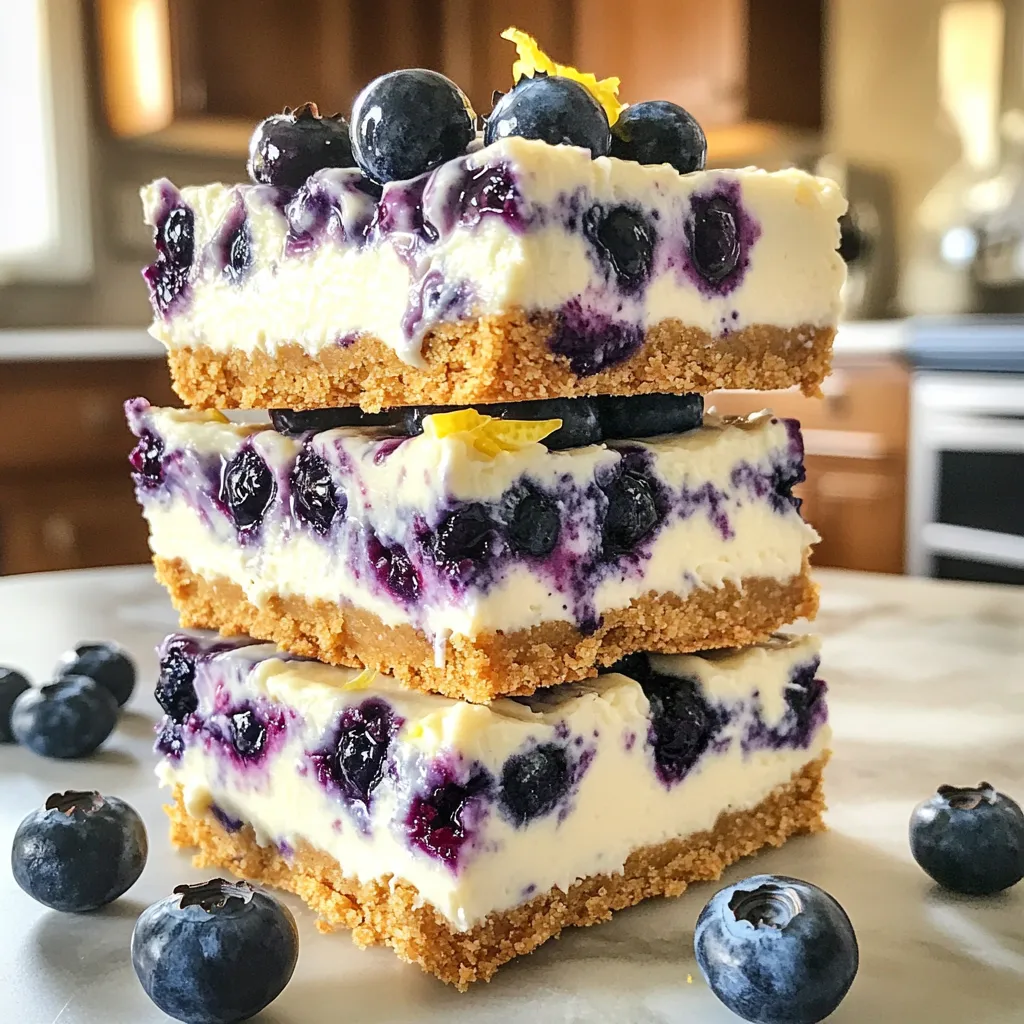 To make Greek yogurt blueberry cheesecake bars, you need a few key ingredients. Each one plays a vital role in the flavor and texture of the bars. Here’s what you’ll need: - 1 ½ cups graham cracker crumbs - ½ cup unsalted butter, melted - 2 tablespoons sugar - 16 oz Greek yogurt (plain, full-fat or low-fat) - 8 oz cream cheese, softened - ¾ cup sugar (for filling) - 2 large eggs - 1 teaspoon vanilla extract - 1 ½ cups fresh blueberries - 1 tablespoon cornstarch (optional, for thickening) Each ingredient has its purpose. The graham cracker crumbs form a sweet, crunchy crust. The butter helps bind the crumbs together. Sugar sweetens the bars, while Greek yogurt and cream cheese create a creamy filling. Eggs provide structure and stability. Vanilla extract adds a warm flavor, and lemon zest brightens it all up. Fresh blueberries give a juicy burst and color. If you want a thicker filling, add cornstarch. By using Greek yogurt, you make these bars lighter and healthier than traditional cheesecake. This small change gives you that creamy taste without all the guilt. 1. Preheat the Oven: First, set your oven to 350°F (175°C). Line a 9x9 inch baking pan with parchment paper. Leave some paper hanging over the sides. This makes it easy to lift the bars out later. 2. Make the Crust: In a medium bowl, mix the graham cracker crumbs with the melted butter and 2 tablespoons of sugar. Stir until all the crumbs are coated well. Press this mixture firmly into the bottom of the pan. Bake the crust for 10 minutes, then let it cool for a bit. 3. Prepare the Filling: In a clean mixing bowl, beat the softened cream cheese until it is smooth. Add the Greek yogurt, ¾ cup of sugar, the eggs, vanilla extract, and lemon zest. Mix until everything is well combined and creamy. 4. Add Blueberries: Carefully fold the fresh blueberries into the filling mixture. If you want a thicker filling, you can add the cornstarch now and mix it in gently. 5. Bake the Bars: Pour the filling over the cooled crust. Spread it out evenly. Bake in your preheated oven for 30-35 minutes. The center should be set but still have a slight jiggle. 6. Cool and Chill: Once they are baked, turn off the oven. Leave the cheesecake bars inside with the door slightly open for about 1 hour. This helps prevent cracks. After that, place them in the fridge for at least 4 hours, or overnight if you can wait. 7. Slice and Serve: When they are chilled, lift the cheesecake bars out of the pan using the parchment paper. Cut them into squares and enjoy! - Ensuring a creamy texture Start with room temperature cream cheese. This helps it blend smoothly with the Greek yogurt. Mix until you see no lumps. A smooth batter is key to a creamy cheesecake. - Tips for folding in blueberries Use a spatula to gently fold in the blueberries. This keeps them whole and adds bursts of flavor. Avoid stirring too hard, or you’ll break the berries and turn the mix purple. - Preventing cracks in the cheesecake To avoid cracks, bake the bars slowly. Keep the oven door slightly open after baking. This gradual cooling helps the bars set evenly. Chilling them overnight also helps create a perfect texture. {{image_2}} You can change up this recipe in fun ways. - Using different fruits: Instead of blueberries, try raspberries or strawberries. Both fruits add vibrant color and flavor. You can even mix different fruits together for a unique twist. - Gluten-free crust options: If you need a gluten-free crust, use almond flour or gluten-free graham crackers. They work well and keep the bars tasty. - Lower-sugar versions: To cut down on sugar, use less sugar in the filling. You can also try natural sweeteners like honey or maple syrup. This keeps the bars sweet without the extra sugar. Feel free to experiment! Each change can lead to a delightful treat. To keep your Greek yogurt blueberry cheesecake bars fresh, store them in an airtight container. This helps prevent them from drying out and losing their flavor. You can also use plastic wrap if you don’t have a container. In the refrigerator, these cheesecake bars last about 5 to 7 days. Just make sure they stay covered. If you want to keep them longer, freezing is a great option. For freezing, wrap each bar in plastic wrap, then place them in a freezer bag. This protects them from freezer burn. They can stay in the freezer for up to 3 months. When you’re ready to eat, thaw them in the fridge overnight. This keeps them creamy and tasty. Enjoy your delicious treats later! Yes, you can use regular yogurt. The texture will be lighter. Greek yogurt adds creaminess. It also gives a tangy flavor. Regular yogurt may make the bars a bit less rich. Look for a slight jiggle in the center. The edges should be set and firm. You can also check with a toothpick. If it comes out clean, the bars are ready. Yes, low-fat cream cheese works fine. It will make the bars a bit lighter. Just keep an eye on the texture. Sometimes, low-fat options can be less creamy. Fresh fruits are great toppings. You can use raspberries, strawberries, or more blueberries. A drizzle of honey or chocolate sauce adds sweetness. You can also top with whipped cream for extra fun! These cheesecake bars are easy to make and packed with flavor. We covered all the ingredients, from creamy Greek yogurt to vibrant blueberries. You learned step-by-step how to whip them up and tips to make them perfect. Variations mean you can switch fruits or adjust for your needs. Plus, I shared how to store them to keep them fresh. Now, it’s time to gather your ingredients and enjoy! These cheesecake bars are perfect for any dessert lover.