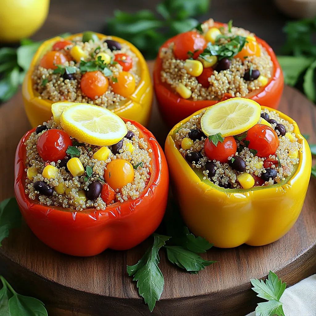 - 4 large bell peppers (any color) - 1 cup quinoa, rinsed - 2 cups vegetable broth - 1 cup cherry tomatoes, halved - 1 can (15 oz) black beans, drained and rinsed - 1/2 cup corn kernels (fresh or frozen) - 1/4 cup fresh parsley, chopped - 1/4 cup fresh basil, chopped - 1 tablespoon lemon zest - 2 tablespoons lemon juice - 1 teaspoon ground cumin - Olive oil for drizzling - Salt and pepper to taste For this recipe, the main ingredients shine through. The bell peppers are the stars. They hold all the flavors and nutrients. Quinoa is a great choice for stuffing. It’s light and fluffy. The vegetable broth gives it more flavor. Then, we add cherry tomatoes for sweetness. Black beans add protein and fiber. Corn adds a nice crunch. These ingredients work well together. They create a colorful and tasty filling. Next, the seasonings bring it all to life. Fresh parsley and basil add a garden feel. Lemon zest and juice give a bright kick. Ground cumin adds warmth. Olive oil ties everything together, making it rich. Salt and pepper balance the dish. This mix is not just good for you. It’s also fun to eat! You can enjoy this meal hot or warm. The peppers look great on your table, too. You’ll impress your friends and family with this dish. First, I preheat the oven to 375°F (190°C). I take four large bell peppers, any color works. I cut the tops off and remove the seeds and membranes. This helps the filling stay inside. I drizzle the outside with olive oil. Then, I place them upright in a baking dish. Next, I grab a medium saucepan. I add one cup of rinsed quinoa and two cups of vegetable broth. I bring this to a boil. Then, I reduce the heat to low and cover the pan. I let it simmer for about 15 minutes. The quinoa becomes fluffy and absorbs all the broth. In a large mixing bowl, I combine the cooked quinoa with other tasty ingredients. I add one cup of halved cherry tomatoes, one can of drained black beans, and half a cup of corn kernels. I also toss in a quarter cup of finely chopped red onion and two minced garlic cloves. For fresh flavors, I add a quarter cup each of chopped parsley and basil. I mix in a tablespoon of lemon zest, two tablespoons of lemon juice, and one teaspoon of ground cumin. I season with salt and pepper to taste. I stir until everything blends well. Now, I carefully spoon the quinoa mixture into the hollowed-out bell peppers, packing it gently. I cover the baking dish with foil and bake for 30 minutes. After that, I remove the foil and bake for another 10-15 minutes. The peppers should be tender, and the tops will look slightly golden. When they are done, I take them out and let them cool for a few minutes before serving. To ensure fluffy quinoa, rinse it well before cooking. This removes the bitter coating called saponin. Use a fine-mesh strainer for best results. Cook the quinoa in vegetable broth for added flavor. Bring it to a boil, then lower the heat. Cover and let it simmer for about 15 minutes. Check the quinoa when the time is up. It should be light and fluffy, with all the liquid absorbed. If it’s not, give it a few more minutes. You can boost the flavor of your stuffing by adding more herbs and spices. Consider using thyme or oregano for a savory touch. A pinch of red pepper flakes can add a nice kick. Fresh herbs like cilantro or dill can replace parsley if you like. If you want a bolder taste, mix in some smoked paprika or chili powder. These additions will make each bite exciting and full of zest. When serving your stuffed peppers, place them on a large platter. This makes for a beautiful display. Garnish with extra fresh herbs to add color. A lemon wedge on the side adds a pop of brightness. Drizzle a bit of olive oil on top for a shiny finish. Cut the peppers in half for easy serving. This way, your family and friends can enjoy the delicious filling with every bite. {{image_2}} You can swap quinoa for other grains. Farro, rice, or barley work well. Each grain brings its own flavor and texture. Use brown rice for a chewy bite or farro for a nutty taste. You can also add proteins like lentils or chickpeas for a heartier meal. If you want a gluten-free option, all grains listed can fit. Quinoa is naturally gluten-free, making it a great choice. For a vegan version, skip any dairy and focus on plant-based ingredients. The black beans and corn provide protein and fiber, keeping it satisfying without meat. To change the flavor profile, try different spices. Cumin adds warmth, but you could use chili powder for heat or smoked paprika for depth. You can also add veggies like zucchini, spinach, or mushrooms. Each choice brings new tastes and keeps the dish exciting! To keep your Lemon Herb Quinoa Stuffed Peppers fresh, store them in an airtight container. Place them in the fridge. They will last about 3 to 4 days. Make sure to let them cool down before storing. Label your container with the date. This way, you know when to eat them. You can freeze the stuffed peppers for longer storage. Wrap each pepper tightly in plastic wrap. Then, place them in a freezer bag. Squeeze out the air to prevent freezer burn. They can stay frozen for up to 3 months. When you’re ready to eat, thaw them overnight in the fridge. To reheat your stuffed peppers, preheat your oven to 350°F (175°C). Place the peppers in a baking dish. Add a splash of vegetable broth or water to keep them moist. Cover the dish with foil. Bake for about 20-25 minutes. They should be heated through and soft. For quicker options, you can use the microwave. Heat on high for 2-3 minutes, checking often. Yes, you can make these stuffed peppers ahead of time. I often prepare the filling a day before. Just cook the quinoa and mix it with the other ingredients. Store it in the fridge. The next day, you can stuff the peppers and bake them. This saves time on busy days and keeps the flavors fresh. These stuffed peppers pair well with many side dishes. A simple green salad adds a nice crunch. You can also serve roasted vegetables for added flavor. If you want something warm, garlic bread complements the meal perfectly. Consider a light soup for a cozy touch. You’ll know your peppers are done when they turn tender. They should have a slight golden color on top. A fork should easily pierce the flesh. If you like a bit of char, leave them in a little longer. This adds a nice smoky taste. Lemon Herb Quinoa Stuffed Peppers are tasty and easy to make. We covered key ingredients, like quinoa, black beans, and bell peppers. You learned how to prep, cook, and bake these peppers. I shared tips for perfect quinoa and great flavor. You can also try different grains and spices for fun. In the end, these stuffed peppers are not just good for you; they’re also fun to make. Enjoy your cooking, and share these with friends!