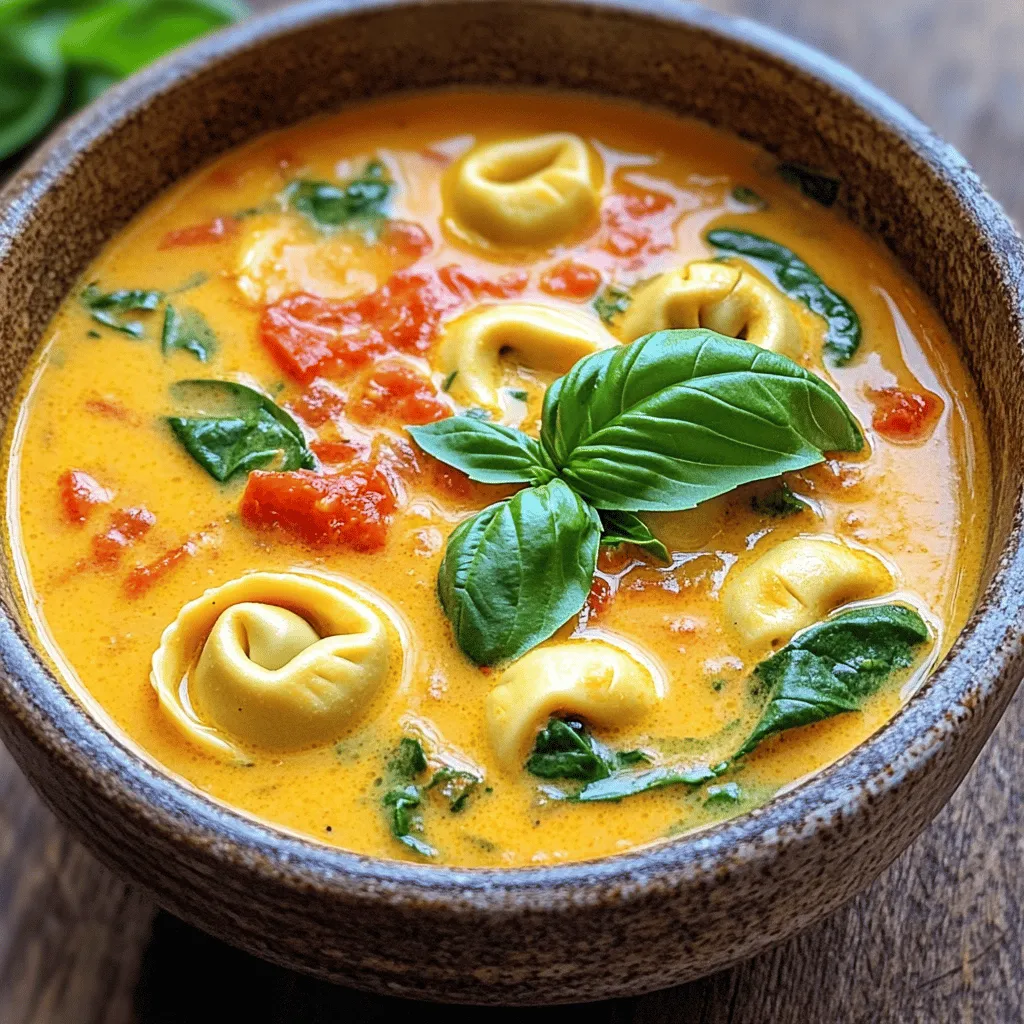 To make your creamy tomato spinach tortellini soup, you need key ingredients. Here’s a quick list: - 2 tablespoons olive oil - 1 medium onion, diced - 3 cloves garlic, minced - 1 can (28 oz) crushed tomatoes - 4 cups vegetable broth - 1 teaspoon dried basil - 1 teaspoon dried oregano - 1 cup heavy cream - 1 bag (9 oz) refrigerated cheese tortellini - 2 cups fresh spinach - Salt and pepper to taste - Fresh basil leaves for garnish These ingredients create a rich and tasty soup. The olive oil adds depth. Onions and garlic bring a sweet and savory base. Crushed tomatoes give the soup its vibrant color and tangy taste. Want to make the soup your own? You can swap out some ingredients. Here are a few ideas: - Use chicken broth instead of vegetable broth for more flavor. - Replace heavy cream with coconut milk for a dairy-free option. - Try different pasta, like shells or penne, if you can’t find tortellini. - Add fresh herbs like thyme or parsley for a fragrant twist. These changes can help you match your taste. Experimenting is part of the fun. Garnishing your soup makes it look and taste even better. Here are some ideas: - Top with extra fresh basil leaves for freshness. - Sprinkle grated parmesan cheese for a salty kick. - Drizzle a bit of olive oil on top for a shiny finish. - Add a few red pepper flakes for heat. These garnishes not only look great but also add layers of flavor. Enjoy making your creamy tomato spinach tortellini soup shine! Start by heating 2 tablespoons of olive oil in a large pot over medium heat. Once the oil is hot, add 1 medium diced onion. Cook it for about 5 minutes until it becomes soft and clear. This step builds a great base flavor. Next, add 3 minced garlic cloves to the pot. Sauté for 1 minute. The smell will be amazing! Now, it's time to bring in the main flavors. Add a whole can of crushed tomatoes (28 oz) and 4 cups of vegetable broth. Stir in 1 teaspoon of dried basil and 1 teaspoon of dried oregano. These herbs add depth to the soup. Mix everything well and let it simmer. This cooking time allows the flavors to blend nicely. After a few minutes, lower the heat. Stir in 1 cup of heavy cream for that rich, creamy taste. This will make your soup extra cozy and delicious! Now, add the refrigerated cheese tortellini (9 oz) to the pot. Cook it according to the package instructions, usually about 5-7 minutes. The tortellini will soak up the flavors. In the last minute of cooking, add 2 cups of fresh spinach. Stir until it wilts down. Finally, season your soup with salt and pepper to taste. If you want a thinner soup, add extra broth. Serve it hot and sprinkle fresh basil leaves on top for a lovely finish. Enjoy your creamy tomato spinach tortellini soup! To make your soup truly creamy, start with heavy cream. Use it right after you add the broth and tomatoes. This keeps the cream from curdling. Stir well to mix it evenly. For extra richness, you can add a bit of cream cheese. This adds a nice tang and smoothness. If you want a lighter option, replace some cream with milk. Just remember to allow it to heat slowly. When cooking tortellini, always check the package for time. Most brands need just 5 to 7 minutes. Add them to the soup at the right time. This way, they stay firm and do not get mushy. Stir gently to keep them intact. If you want more flavor, cook tortellini in broth instead of water. This adds depth to every bite. One big mistake is adding spinach too early. It wilts quickly and loses its bright color. Add it in the last minute of cooking. Another mistake is overcooking the tortellini. It can turn soft and lose shape. Lastly, don’t skip seasoning. Taste your soup before serving. A little salt and pepper can make a big difference. Adjust to your liking for the best flavor. {{image_2}} You can boost your soup with protein. Chicken is a great choice. Use cooked, shredded chicken for easy mixing. Sausage adds a nice, savory flavor. Slice cooked sausage and toss it in right before serving. For a plant-based option, add tofu. Use firm tofu, cut into cubes. Sauté the tofu first for crispiness, then mix it in. To keep this soup vegetarian, use vegetable broth and heavy cream. For vegan options, swap heavy cream for coconut milk or cashew cream. Both give a rich taste without dairy. Make sure to check the tortellini. Some brands offer vegan options or use pasta instead. This way, you still enjoy a creamy soup! If you like heat, add red pepper flakes. Start with a pinch and increase to your taste. Stir them in while cooking the tomatoes and broth. This step adds warmth and depth. You can also use fresh chili peppers for a different kick. Just chop and sauté them with the onion and garlic. Enjoy the extra flavor! To store leftover soup, let it cool first. Pour it into a clean container. Make sure to leave some space at the top. This helps prevent spills when freezing. Seal the container tightly with a lid. Place it in the fridge if you plan to eat it soon, or in the freezer for later. When reheating, use a pot on the stove for the best taste. Heat it over low to medium heat. Stir the soup often to warm it evenly. If it seems too thick, add a splash of broth. This will restore its creamy texture. For a quick option, you can use the microwave. Heat in short bursts, stirring in between until hot. To freeze the soup, use an airtight container or freezer bag. Label the bag with the date and contents. Lay the bag flat in the freezer. This saves space and helps it freeze faster. The soup can last up to three months in the freezer. When ready to eat, thaw it in the fridge overnight. Then, reheat on the stove or microwave before serving. Yes, you can make this soup ahead of time. Just follow the recipe steps and let it cool. Then, store it in an airtight container. You can keep it in the fridge for up to three days. This soup tastes great when reheated. Just make sure to add fresh spinach right before serving to keep it bright and tasty. If you want a lighter option, use half-and-half or milk. For dairy-free choices, coconut milk works well. You can also blend silken tofu for creaminess without dairy. Each option will change the flavor a bit, so choose what you like best. Each alternative still keeps the soup rich and smooth. The soup lasts about three to four days in the fridge. Store it in a sealed container to keep it fresh. If you see any signs of spoilage, like a strange smell or mold, throw it away. You can also freeze the soup for longer storage, up to three months. Just remember to leave out the spinach until you reheat it. This Creamy Tomato Spinach Tortellini Soup is a versatile dish. We covered essential ingredients, ways to customize flavors, and tips for a perfect meal. Remember to try different proteins and spices to suit your taste. Proper storage will keep leftovers fresh. With these steps and ideas, you can enjoy this soup any time. Make it your own, and share it with others. Cooking can be fun and rewarding. Enjoy every spoonful of your delicious creation!