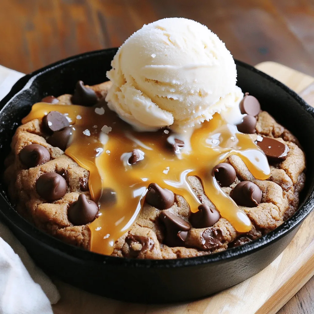 - 1 cup all-purpose flour - 1/2 teaspoon baking soda - 1/4 teaspoon salt - 1/2 cup unsalted butter, softened - 1/3 cup brown sugar, packed - 1/3 cup granulated sugar - 1 large egg - 1 teaspoon vanilla extract - 1 cup semi-sweet chocolate chips - 1/2 cup salted caramel sauce - Sea salt, for sprinkling When measuring flour, spoon it into the cup. Then, level it off. For brown sugar, pack it into the measuring cup before leveling. This gives you the right amount. Butter should be softened, but not melted. If it’s too soft, the cookie will spread too much. Use a large egg for the right moisture. If you run out of brown sugar, use white sugar with a little molasses. For a dairy-free option, use coconut oil instead of butter. You can also swap semi-sweet chocolate chips for milk or dark chocolate. If you need a gluten-free cookie, try using gluten-free all-purpose flour. This way, you can enjoy the treat too! Start by preheating your oven to 350°F (175°C). In a small bowl, whisk together 1 cup of all-purpose flour, 1/2 teaspoon of baking soda, and 1/4 teaspoon of salt. Set this mix aside. In a large bowl, cream 1/2 cup of softened unsalted butter with 1/3 cup of packed brown sugar and 1/3 cup of granulated sugar. Mix until it feels light and fluffy, about 2-3 minutes. Then, beat in 1 large egg and 1 teaspoon of vanilla extract. Mix well. Gradually add the dry ingredients to your wet mix, stirring until just combined. Finally, fold in 1 cup of semi-sweet chocolate chips. Grab an oven-safe skillet, preferably cast iron. Spread half of your cookie dough evenly across the bottom. Next, drizzle half of the 1/2 cup of salted caramel sauce on top. Gently cover this with the remaining cookie dough. Use a spoon to create small pockets in the dough. Drizzle the rest of the caramel sauce over the top. Finish by sprinkling a pinch of sea salt for that perfect sweet and salty touch. Now, place your skillet in the preheated oven. Bake for 25-30 minutes. You want the edges to turn golden brown while the center remains gooey. After baking, let the skillet cookie cool for 10 minutes. This wait helps it set up and makes it easier to serve. Enjoy it warm for the best taste! To make your skillet cookie soft and gooey, watch the baking time. Bake for 25-30 minutes. The edges should be golden, and the center must look slightly underbaked. This keeps it soft. Let it cool for 10 minutes; it firms up a bit. If you want a crispier edge, bake a bit longer. But do not overbake! Feel free to change the flavors! Want a nutty twist? Add chopped pecans or walnuts to the dough. You can also swap semi-sweet chocolate chips for dark or milk chocolate. For a fun twist, try adding a sprinkle of cinnamon or a dash of espresso powder to the dough. This adds depth to the flavor. Serve the skillet cookie warm, right from the oven. Top it with a scoop of vanilla ice cream. Drizzle extra salted caramel sauce on top for a sweet touch. If you want a little crunch, sprinkle some nuts or sea salt over the ice cream. This adds a nice contrast to the warm cookie. Enjoy every bite! {{image_2}} You can add nuts to your skillet cookie for extra crunch. Choose pecans or walnuts for a rich flavor. Chop them into small pieces and mix them into the dough. About 1/2 cup works well. This brings a nice texture contrast to the soft cookie. Switch up the chocolate chips for a twist. Use dark chocolate for a rich taste. Milk chocolate adds sweetness, while white chocolate gives a creamy finish. You can mix different types together for fun flavors. Just keep the total at 1 cup for balance. Make your skillet cookie fit the season. For fall, add pumpkin spice to the dough. A teaspoon of cinnamon or nutmeg does the trick. In winter, try crushed peppermint candies. This adds a festive touch and pairs well with chocolate. Just sprinkle on top before baking. To keep your skillet cookie fresh, let it cool first. Cut it into slices or leave it whole. Place it in an airtight container. Store it at room temperature for up to two days. For longer storage, put it in the fridge. It can last up to a week in the fridge. To enjoy your cookie warm, preheat your oven to 350°F (175°C). Place a slice on a baking sheet. Heat for about 10 minutes. You can also microwave a slice for 15-20 seconds. This warms it quickly but may make it less crispy. You can freeze the skillet cookie if you want to save some for later. Wrap it tightly in plastic wrap or foil. Place it in a freezer-safe bag. It will stay good for up to three months. When ready to eat, thaw it in the fridge overnight. Reheat it in the oven for a tasty treat. If you don’t have an oven-safe skillet, you can use a baking pan. Choose a 9-inch round or square pan. Just make sure it is safe for your oven's heat. You can also use a pie dish. The key is to keep the dough in an even layer. This helps it cook evenly. Check the edges of your skillet cookie. They should turn golden brown. The center should feel a bit soft but not raw. You can also insert a toothpick. If it comes out with some dough but not wet batter, it’s done. Let it cool for 10 minutes before serving for the best texture. Yes, you can make this cookie gluten-free. Use a gluten-free all-purpose flour mix. Make sure it has a binding agent like xanthan gum. This helps the cookie hold together. The taste remains yummy, and you still get the gooey caramel and chocolate. Enjoy your gluten-free treat! This article covered all you need to know to make a great skillet cookie. You learned the key ingredients and how to prepare them. We also explored useful tips for the best texture and flavor. Plus, I shared fun variations to keep it fresh. Finally, I discussed storing and reheating your cookie. Now you can confidently bake a delicious skillet cookie. Enjoy sharing and eating it with others!
